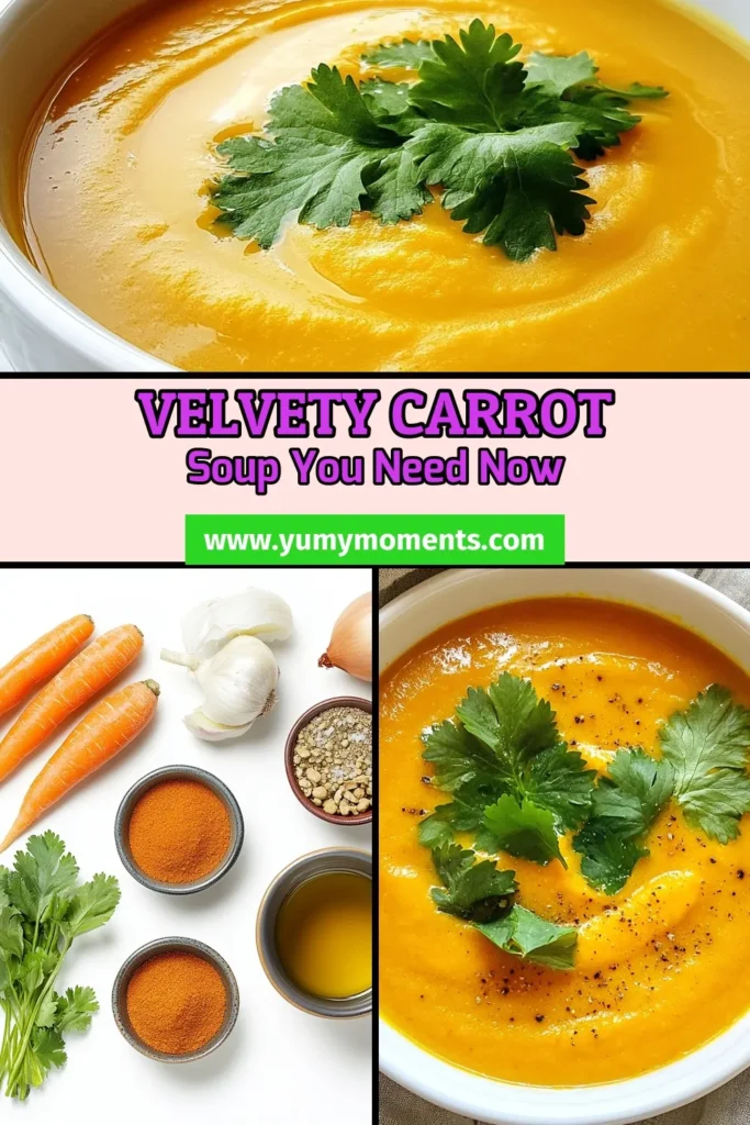 Discover the comforting flavors of Silky Carrot Soup, an easy vegetable soup recipe that’s creamy and satisfying! This healthy carrot soup is not only delicious but also vegan, thanks to the creamy coconut milk. Perfect for chilly days, this creamy carrot soup recipe is quick to make and packed with nutrients. Try it today for a wholesome meal! Save this recipe now and enjoy every comforting spoonful. #CarrotSoup #VeganRecipe #HealthyEating #SoupLovers