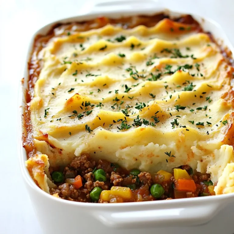 To make an easy shepherd's pie, you need these main ingredients: - 1 lb ground lamb or beef - 1 medium onion, diced - 2 cloves garlic, minced - 2 cups mixed vegetables (peas, carrots, corn) - 1 tablespoon tomato paste - 1 cup beef or vegetable broth - 1 teaspoon Worcestershire sauce - 1 teaspoon dried thyme - Salt and black pepper to taste - 3 cups mashed potatoes (store-bought or homemade) - 1 cup shredded cheese (optional) - Fresh parsley for garnish (optional) These ingredients create a rich and hearty dish that warms your heart and fills your belly. The ground meat provides protein, while the mix of veggies adds color and vitamins. Mashed potatoes on top give it that classic comfort food feel. You can customize shepherd's pie with a few fun twists. Here are some ideas: - Swap ground lamb for ground beef or turkey for a different taste. - Add mushrooms or bell peppers for extra flavor and nutrition. - Use sweet potatoes instead of regular potatoes for a sweet twist. - Include a dash of hot sauce for some heat. These changes let you make shepherd's pie your own. It keeps the recipe fresh and exciting. When it comes to vegetables, both fresh and frozen can work well. Fresh vegetables add great taste and texture. If you choose fresh, pick vibrant ones that are in season. Frozen vegetables are a time saver and still healthy. They are often picked at peak ripeness, keeping their flavor. - Fresh Vegetables: Use when you can. They taste better and are fun to chop. - Frozen Vegetables: Quick and easy. Just toss them in without thawing. Both options make it simple to enjoy your shepherd's pie, so pick what suits you best! {{ingredient_image_2}} Start by gathering your ingredients. This makes cooking easy. You will need: - 1 lb ground lamb or beef - 1 medium onion, diced - 2 cloves garlic, minced - 2 cups mixed vegetables (peas, carrots, corn) - 1 tablespoon tomato paste - 1 cup beef or vegetable broth - 1 teaspoon Worcestershire sauce - 1 teaspoon dried thyme - Salt and black pepper to taste - 3 cups mashed potatoes (store-bought or homemade) - 1 cup shredded cheese (optional) - Fresh parsley for garnish (optional) Make sure to wash the veggies. Dicing the onion and mincing the garlic helps release their great flavors. Now it’s time to cook. Preheat your oven to 400°F (200°C). In a large skillet, add the ground lamb or beef. Cook it over medium heat for 5-7 minutes. Break it apart with a spatula as it cooks. Once it's browned, drain any extra fat. Next, add the diced onion and minced garlic to the skillet. Sauté them for about 3 minutes. You want the onion to be soft and clear. Then, toss in your mixed vegetables. Cook these for another 3-4 minutes. They should be bright and tender. Now stir in the tomato paste, broth, Worcestershire sauce, and dried thyme. Season with salt and black pepper. Let this mix simmer for 5 minutes. This step lets all the flavors come together. Carefully move the meat and veggie mix to a baking dish. Spread it out evenly. Now, take your mashed potatoes and spoon them over the meat. Use a spatula to cover it all. You can create peaks or swirls on top for fun. If you want cheese, sprinkle it over the potatoes now. It will melt and create a delicious crust. Place the baking dish in the oven. Bake it for 25-30 minutes. You want the top to be golden and bubbly. When it’s done, take it out of the oven. Let it cool for a few minutes. If you like, add fresh parsley on top for color. Now, you’re ready to serve a comforting meal! To make creamy mashed potatoes, start with the right potatoes. Use Yukon Gold or Russet for the best texture. Peel and cut them into even pieces. Boil them in salted water until soft. Drain and return them to the pot. Then, mash them while still hot. Add butter and warm milk for creaminess. Mix until smooth and fluffy. Avoid over-mixing, as this can make them gluey. Taste and adjust the salt for flavor. Flavor is key for a great Shepherd's Pie. Start by browning the meat well. This adds deep, rich flavor. Don't skip the garlic and onions; they add sweetness and depth. Use fresh herbs like thyme for aroma. Worcestershire sauce brings a savory kick. Don’t forget to season with salt and pepper. Taste your filling before layering the mashed potatoes. Adjust seasoning if needed. A splash of broth helps keep everything moist and flavorful. If you're short on time, use store-bought mashed potatoes. They save you prep time. You can also buy pre-diced vegetables to cut down on chopping. Use frozen mixed veggies; they are quick and easy. Cook your meat ahead of time and store it in the fridge. You can then build your pie when you're ready. Also, consider making a double batch. Freeze one for a future meal. It’s a lifesaver for busy nights. Pro Tips Ingredient Freshness: Always use fresh vegetables for the best flavor and texture. Fresh ingredients enhance the overall taste of your dish. Meat Browning: Ensure the meat is well-browned for a deeper flavor. Don't rush this step; let it develop a nice crust for added richness. Mashed Potato Consistency: For creamy mashed potatoes, add a bit of butter and milk. This will make them spreadable and prevent them from being too dry. Cheese Choice: Use a blend of cheeses for a more complex flavor profile. Cheddar and mozzarella work great together for a gooey topping. {{image_4}} You can easily make a vegetarian or vegan shepherd's pie. Start by swapping the meat for lentils or mushrooms. Use vegetable broth instead of beef broth. For a creamy topping, use mashed potatoes made with almond milk or cashew cream. Add more veggies like zucchini and bell peppers for a hearty bite. This version keeps the comfort while being plant-based. If you want to change the meat, ground chicken or turkey works well. These meats are leaner than lamb or beef. They still provide great flavor when mixed with onions and spices. Just follow the same steps as the original recipe. The result will be a lighter, yet satisfying shepherd's pie. To boost flavor, consider adding more herbs and spices. You could try smoked paprika or rosemary for a new twist. A dash of cayenne pepper adds heat if you like spicy food. Fresh herbs, like thyme or parsley, can brighten each bite. These small changes can transform your dish into a unique masterpiece. To store leftover shepherd's pie, let it cool first. Cover it tightly with plastic wrap or foil. Place it in the fridge for up to three days. If you want to keep it longer, freezing is a great option. Make sure to use an airtight container to prevent freezer burn. For meal prep, shepherd's pie freezes well. Before freezing, divide it into portions. Use freezer-safe containers or wrap individual servings in foil. Label each with the date. Shepherd's pie can stay frozen for up to three months. When you’re ready to eat, thaw it overnight in the fridge. Reheat your shepherd's pie in the oven for the best taste. Preheat the oven to 350°F (175°C). Place the pie in a baking dish and cover it with foil. Bake for about 20-30 minutes. Check if it’s hot in the middle. You can also microwave it, but the oven keeps the top crispy. Enjoy your comforting meal! Yes, you can make Shepherd's Pie ahead of time. Prepare it fully, then cover it tightly. Store it in the fridge for up to two days. You can also freeze it for longer storage. Just make sure to let it cool before freezing. When ready to eat, thaw it overnight in the fridge. Bake it the next day until heated through. Shepherd's Pie is a meal on its own. However, you can serve it with a fresh side salad. A simple green salad with a light vinaigrette works well. You could also pair it with crusty bread. This adds a nice touch and helps soak up the sauce. Shepherd's Pie is done when the top is golden brown. Look for bubbling around the edges as well. Bake it for 25-30 minutes at 400°F (200°C). If you used cheese, it should be melted and slightly crispy. Let it cool for a few minutes before serving. Enjoy the warm, comforting flavors! In this article, we explored how to make an easy Shepherd's Pie. We discussed the main and optional ingredients, plus tips for fresh versus frozen veggies. I provided step-by-step instructions for prepping, cooking, layering, and baking. You learned how to create creamy mashed potatoes and enhance flavors. We also looked at variations, storage tips, and answered common FAQs. With these insights, you can create a delicious Shepherd's Pie that fits your taste and needs. Enjoy cooking!