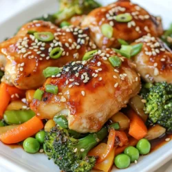 - 4 boneless, skinless chicken thighs - 1 cup fresh broccoli florets - 1 red bell pepper, thinly sliced - 1 cup sugar snap peas - 1 cup carrots, julienned or sliced into thin coins - 1/2 cup low-sodium teriyaki sauce - 2 tablespoons sesame oil - 2 tablespoons honey - 2 cloves garlic, finely minced - 1 inch fresh ginger, grated - Salt and pepper to taste - 1 tablespoon sesame seeds (for garnish) - 2 green onions, finely chopped (for garnish) You can swap chicken thighs for chicken breasts if you prefer. They cook faster and are leaner. For veggies, consider using snap peas, zucchini, or bell peppers. You can also use frozen veggies if fresh ones are not available. Replace honey with maple syrup for a vegan option. For a gluten-free meal, select tamari sauce instead of teriyaki sauce. Each choice can slightly change the taste but will still be delicious. You will need a large baking sheet and parchment paper for easy cleanup. A medium mixing bowl helps mix the marinade well. Use a whisk for the marinade to combine all flavors. A zip-top bag or shallow dish works for marinating the chicken. Finally, a meat thermometer ensures the chicken is cooked perfectly. This simple equipment makes your cooking smooth and enjoyable. {{ingredient_image_2}} First, preheat your oven to 400°F (200°C). This step is key to getting that perfect roast. Next, line a large baking sheet with parchment paper. It helps with easy cleanup. In a medium bowl, mix the teriyaki sauce, sesame oil, honey, minced garlic, and grated ginger together. This is your marinade. Now, place the chicken thighs in a zip-top bag or a shallow dish. Pour half of the marinade over the chicken. Make sure the chicken is well-coated. Seal the bag tightly or cover the dish. Let the chicken marinate for at least 15 minutes. If you have time, letting it sit in the fridge overnight gives better flavor. While the chicken is marinating, prepare your veggies. In a bowl, combine broccoli, red bell pepper, sugar snap peas, and carrots. Drizzle with olive oil, and season with salt and pepper. Toss the veggies until they are well-coated. After marinating, remove the chicken from the bag. Arrange the chicken thighs on one side of the baking sheet. Spread the prepared veggies on the other side. This helps everything cook evenly. Next, drizzle the remaining marinade over both the chicken and veggies. This adds extra flavor. Place the baking sheet in the oven. Roast for 25 to 30 minutes. Check that the chicken reaches an internal temperature of 165°F (75°C). The veggies should be fork-tender. Once done, take the baking sheet out of the oven. Allow it to rest for a few minutes. This lets the flavors settle. For a beautiful finish, sprinkle sesame seeds and chopped green onions on top. You can serve this dish directly from the sheet pan. It’s perfect for a family-style meal. Pair it with fluffy steamed rice or quinoa for a complete dinner experience. Enjoy the flavors! To get tasty chicken, start with quality meat. I like using boneless, skinless chicken thighs. They stay juicy and tender. Marinating is key. Mix teriyaki sauce, sesame oil, honey, garlic, and ginger. Let the chicken soak in this mix for at least 15 minutes. For deeper flavor, marinate overnight. This will infuse the chicken with rich taste. You want crisp, colorful veggies. I recommend using fresh broccoli, red bell pepper, sugar snap peas, and carrots. Cut them into even sizes. This helps them cook at the same rate. Toss the veggies in olive oil, salt, and pepper before roasting. This adds flavor and keeps them vibrant. Spread them out on the sheet pan. This way, they won’t steam and will roast nicely. The teriyaki sauce gives a sweet taste. To balance this, use low-sodium sauce and add fresh garlic and ginger. The sesame oil enhances the flavor without overpowering it. Adjust the honey based on your taste. If you like it sweeter, add more honey. For a savory kick, add a pinch of salt to the veggies. This will ensure every bite is flavorful and well-balanced. Pro Tips Marination is Key: For deeper flavor, marinate the chicken thighs overnight. This allows the teriyaki sauce to penetrate the meat, making it more tender and flavorful. Veggie Variety: Feel free to mix and match your vegetables based on what you have on hand. Zucchini, bell peppers, or even Brussels sprouts work well in this dish! Check for Doneness: Use a meat thermometer to ensure the chicken reaches an internal temperature of 165°F (75°C). This guarantees it's fully cooked and safe to eat. Presentation Matters: To elevate your dish, serve it on a large platter and garnish with the sesame seeds and green onions just before serving for a vibrant touch. {{image_4}} You can switch up the protein in this dish easily. Try chicken breasts for a leaner cut. Pork tenderloin works well too. If you want something different, use shrimp or tofu. Just adjust the cooking time based on what you choose. Shrimp cooks fast, while tofu needs a bit more time to soak up flavor. Feel free to mix and match your veggies! Zucchini, asparagus, or mushrooms can add great taste. Cauliflower or snap peas can also be used. Aim for a colorful mix to make your dish pop. Each veggie brings a unique flavor and texture, making it fun to try new combinations! You can change the sauce to fit your taste. Add some heat by mixing in sriracha or chili paste. For a sweeter touch, try pineapple juice or brown sugar. If you like it tangy, a splash of rice vinegar can brighten the flavor. Feel free to get creative and make it your own! To store your leftover sheet pan teriyaki chicken, let it cool first. Place the chicken and veggies in an airtight container. They can stay fresh in the fridge for up to three days. If you want to keep them longer, freeze the leftovers. Use freezer-safe bags or containers. You can freeze them for about three months. When it's time to enjoy your leftovers, reheat them gently. You can use a microwave or an oven. If using a microwave, place the chicken and veggies on a microwave-safe plate. Heat in short bursts, about one minute at a time, until warm. If using an oven, preheat it to 350°F (175°C). Spread the chicken and veggies on a baking sheet, cover with foil, and heat for about 10-15 minutes. This helps keep them moist. This sheet pan teriyaki chicken is great for meal prep. You can prepare it ahead of time for busy days. Marinate the chicken the night before and chop the veggies. Keep everything in the fridge until you're ready to cook. You can also pack cooked chicken and veggies in containers for lunches or dinners. Pair them with rice or quinoa for a complete meal. Yes, you can use bone-in chicken thighs. They will add more flavor. However, cooking time may change. Bone-in thighs take longer to cook. Make sure the internal temperature is 165°F (75°C) before serving. To make this dish healthier, you can reduce the honey. Use less teriyaki sauce or choose a low-sugar version. Add more vegetables like zucchini or bell peppers. You can also swap chicken thighs for chicken breasts. These changes cut calories and boost vitamins. Yes, marinating the chicken overnight is great! This helps the flavors soak in better. Just remember to keep it in the fridge. If you marinate too long, the chicken may get too soft. A good rule is to marinate for up to 24 hours. This article covered all you need for a tasty chicken dish. We looked at ingredients, substitutions, and special tools. I also shared step-by-step instructions for preparation and cooking. You learned tips for juicy chicken and crisp veggies. We discussed flavor variations and safe ways to store leftovers. Remember, cooking is fun! Use these ideas to try new things. Enjoy your meal!