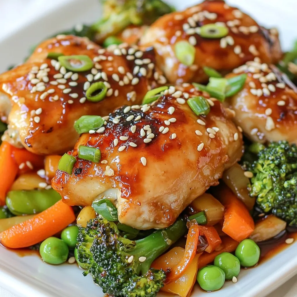 - 4 boneless, skinless chicken thighs - 1 cup fresh broccoli florets - 1 red bell pepper, thinly sliced - 1 cup sugar snap peas - 1 cup carrots, julienned or sliced into thin coins - 1/2 cup low-sodium teriyaki sauce - 2 tablespoons sesame oil - 2 tablespoons honey - 2 cloves garlic, finely minced - 1 inch fresh ginger, grated - Salt and pepper to taste - 1 tablespoon sesame seeds (for garnish) - 2 green onions, finely chopped (for garnish) You can swap chicken thighs for chicken breasts if you prefer. They cook faster and are leaner. For veggies, consider using snap peas, zucchini, or bell peppers. You can also use frozen veggies if fresh ones are not available. Replace honey with maple syrup for a vegan option. For a gluten-free meal, select tamari sauce instead of teriyaki sauce. Each choice can slightly change the taste but will still be delicious. You will need a large baking sheet and parchment paper for easy cleanup. A medium mixing bowl helps mix the marinade well. Use a whisk for the marinade to combine all flavors. A zip-top bag or shallow dish works for marinating the chicken. Finally, a meat thermometer ensures the chicken is cooked perfectly. This simple equipment makes your cooking smooth and enjoyable. {{ingredient_image_2}} First, preheat your oven to 400°F (200°C). This step is key to getting that perfect roast. Next, line a large baking sheet with parchment paper. It helps with easy cleanup. In a medium bowl, mix the teriyaki sauce, sesame oil, honey, minced garlic, and grated ginger together. This is your marinade. Now, place the chicken thighs in a zip-top bag or a shallow dish. Pour half of the marinade over the chicken. Make sure the chicken is well-coated. Seal the bag tightly or cover the dish. Let the chicken marinate for at least 15 minutes. If you have time, letting it sit in the fridge overnight gives better flavor. While the chicken is marinating, prepare your veggies. In a bowl, combine broccoli, red bell pepper, sugar snap peas, and carrots. Drizzle with olive oil, and season with salt and pepper. Toss the veggies until they are well-coated. After marinating, remove the chicken from the bag. Arrange the chicken thighs on one side of the baking sheet. Spread the prepared veggies on the other side. This helps everything cook evenly. Next, drizzle the remaining marinade over both the chicken and veggies. This adds extra flavor. Place the baking sheet in the oven. Roast for 25 to 30 minutes. Check that the chicken reaches an internal temperature of 165°F (75°C). The veggies should be fork-tender. Once done, take the baking sheet out of the oven. Allow it to rest for a few minutes. This lets the flavors settle. For a beautiful finish, sprinkle sesame seeds and chopped green onions on top. You can serve this dish directly from the sheet pan. It’s perfect for a family-style meal. Pair it with fluffy steamed rice or quinoa for a complete dinner experience. Enjoy the flavors! To get tasty chicken, start with quality meat. I like using boneless, skinless chicken thighs. They stay juicy and tender. Marinating is key. Mix teriyaki sauce, sesame oil, honey, garlic, and ginger. Let the chicken soak in this mix for at least 15 minutes. For deeper flavor, marinate overnight. This will infuse the chicken with rich taste. You want crisp, colorful veggies. I recommend using fresh broccoli, red bell pepper, sugar snap peas, and carrots. Cut them into even sizes. This helps them cook at the same rate. Toss the veggies in olive oil, salt, and pepper before roasting. This adds flavor and keeps them vibrant. Spread them out on the sheet pan. This way, they won’t steam and will roast nicely. The teriyaki sauce gives a sweet taste. To balance this, use low-sodium sauce and add fresh garlic and ginger. The sesame oil enhances the flavor without overpowering it. Adjust the honey based on your taste. If you like it sweeter, add more honey. For a savory kick, add a pinch of salt to the veggies. This will ensure every bite is flavorful and well-balanced. Pro Tips Marination is Key: For deeper flavor, marinate the chicken thighs overnight. This allows the teriyaki sauce to penetrate the meat, making it more tender and flavorful. Veggie Variety: Feel free to mix and match your vegetables based on what you have on hand. Zucchini, bell peppers, or even Brussels sprouts work well in this dish! Check for Doneness: Use a meat thermometer to ensure the chicken reaches an internal temperature of 165°F (75°C). This guarantees it's fully cooked and safe to eat. Presentation Matters: To elevate your dish, serve it on a large platter and garnish with the sesame seeds and green onions just before serving for a vibrant touch. {{image_4}} You can switch up the protein in this dish easily. Try chicken breasts for a leaner cut. Pork tenderloin works well too. If you want something different, use shrimp or tofu. Just adjust the cooking time based on what you choose. Shrimp cooks fast, while tofu needs a bit more time to soak up flavor. Feel free to mix and match your veggies! Zucchini, asparagus, or mushrooms can add great taste. Cauliflower or snap peas can also be used. Aim for a colorful mix to make your dish pop. Each veggie brings a unique flavor and texture, making it fun to try new combinations! You can change the sauce to fit your taste. Add some heat by mixing in sriracha or chili paste. For a sweeter touch, try pineapple juice or brown sugar. If you like it tangy, a splash of rice vinegar can brighten the flavor. Feel free to get creative and make it your own! To store your leftover sheet pan teriyaki chicken, let it cool first. Place the chicken and veggies in an airtight container. They can stay fresh in the fridge for up to three days. If you want to keep them longer, freeze the leftovers. Use freezer-safe bags or containers. You can freeze them for about three months. When it's time to enjoy your leftovers, reheat them gently. You can use a microwave or an oven. If using a microwave, place the chicken and veggies on a microwave-safe plate. Heat in short bursts, about one minute at a time, until warm. If using an oven, preheat it to 350°F (175°C). Spread the chicken and veggies on a baking sheet, cover with foil, and heat for about 10-15 minutes. This helps keep them moist. This sheet pan teriyaki chicken is great for meal prep. You can prepare it ahead of time for busy days. Marinate the chicken the night before and chop the veggies. Keep everything in the fridge until you're ready to cook. You can also pack cooked chicken and veggies in containers for lunches or dinners. Pair them with rice or quinoa for a complete meal. Yes, you can use bone-in chicken thighs. They will add more flavor. However, cooking time may change. Bone-in thighs take longer to cook. Make sure the internal temperature is 165°F (75°C) before serving. To make this dish healthier, you can reduce the honey. Use less teriyaki sauce or choose a low-sugar version. Add more vegetables like zucchini or bell peppers. You can also swap chicken thighs for chicken breasts. These changes cut calories and boost vitamins. Yes, marinating the chicken overnight is great! This helps the flavors soak in better. Just remember to keep it in the fridge. If you marinate too long, the chicken may get too soft. A good rule is to marinate for up to 24 hours. This article covered all you need for a tasty chicken dish. We looked at ingredients, substitutions, and special tools. I also shared step-by-step instructions for preparation and cooking. You learned tips for juicy chicken and crisp veggies. We discussed flavor variations and safe ways to store leftovers. Remember, cooking is fun! Use these ideas to try new things. Enjoy your meal!