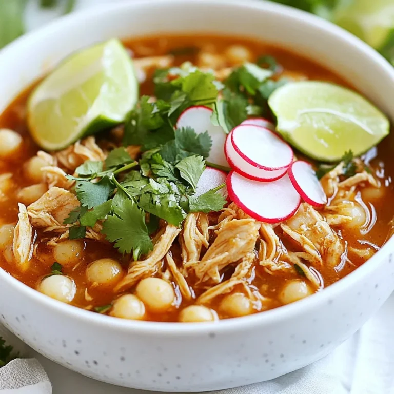 To make a hearty slow cooker pozole, gather these main ingredients: - 2 lbs boneless, skinless chicken thighs - 6 cups chicken broth - 2 (15 oz) cans hominy, drained and thoroughly rinsed - 1 large onion, finely chopped - 4 cloves garlic, minced - 2 tsp ground cumin - 1 tsp dried oregano - 1 tsp smoked paprika - 1-2 medium jalapeños, diced (adjust for spice) - Salt and pepper to taste These ingredients create a flavorful base for your pozole. The chicken provides protein, while hominy adds texture. Chicken broth offers depth, and spices bring warmth. Garnishes can enhance your pozole's taste and look. Here are some ideas: - Fresh lime wedges - Chopped cilantro - Sliced radishes - Shredded cabbage These toppings add color and crunch. A squeeze of lime brightens the dish. Cilantro gives a fresh taste, while radishes add a nice bite. You can customize your pozole with different seasonings. Try these options: - Add a pinch of cayenne for heat. - Use fresh herbs like thyme or oregano. - Swap smoked paprika for regular paprika for a milder flavor. Experimenting with spices can make your pozole unique. Adjust to your taste and enjoy the process of creating a meal that suits you! {{ingredient_image_2}} Start by gathering all your ingredients. You will need: - 2 lbs boneless, skinless chicken thighs - 6 cups chicken broth - 2 (15 oz) cans hominy, drained and thoroughly rinsed - 1 large onion, finely chopped - 4 cloves garlic, minced - 2 tsp ground cumin - 1 tsp dried oregano - 1 tsp smoked paprika - 1-2 medium jalapeños, diced - Salt and pepper to taste First, chop the onion and mince the garlic. Then, dice the jalapeños based on how spicy you want your dish. It’s important to rinse the hominy well. This helps remove extra salt and keeps your pozole fresh. Once your ingredients are ready, it's time to layer them in the slow cooker. Place the chicken thighs at the bottom. Next, add the chopped onion, minced garlic, and diced jalapeños. Now, sprinkle in the ground cumin, dried oregano, smoked paprika, salt, and pepper. Pour the chicken broth over everything. Make sure the broth covers all the ingredients. Secure the lid on your slow cooker. Set it to cook on low for 6-7 hours or high for 3-4 hours. The chicken should be fork-tender and easy to shred. After the cooking time is up, carefully take the chicken thighs out of the slow cooker. Use tongs or a slotted spoon to lift them. With two forks, shred the chicken into bite-sized pieces. This step adds a nice texture to the pozole. Return the shredded chicken to the pot and mix it well with the other ingredients. Next, add the drained and rinsed hominy into the pot. Stir everything together. Let it heat through on low for another 15-20 minutes. Before serving, taste your pozole. Adjust the seasoning if needed. To get the best flavor in your slow cooker pozole, use good chicken broth. I like to use homemade broth, but store-bought works well too. Fresh ingredients, like garlic and onion, add depth. The spices are key! Ground cumin and smoked paprika will make your dish pop. Mixing the spices into the chicken first helps them blend in. This makes every bite taste amazing. If you want to control the heat, start with one jalapeño. You can always add more later. Remove the seeds for a milder taste. If your dish gets too spicy, add more hominy or broth to cool it down. Lime wedges serve as a perfect side to balance the heat. Squeeze some over your bowl right before eating. A common mistake is overcooking the chicken. It should be tender but not mushy. Also, don’t skip rinsing the hominy. This removes extra salt and helps the flavors shine. Avoid adding all the salt at once; taste as you go. This way, you can adjust to your liking. Lastly, allow it to sit for a few minutes after cooking. This helps the flavors meld even more! Pro Tips Adjusting Spice Level: If you prefer a milder pozole, remove the seeds and membranes from the jalapeños before dicing. Alternatively, add more jalapeños for extra heat. Hominy Rinsing: Rinsing the hominy thoroughly removes excess sodium and helps achieve a cleaner flavor in the pozole. Shredding Chicken: For easier shredding, let the chicken rest for a few minutes after cooking. This allows the juices to redistribute, making it tender and easier to pull apart. Flavor Depth: Enhance the flavor by adding a bay leaf to the slow cooker while cooking. Just remember to remove it before serving! {{image_4}} You can make a tasty vegetarian pozole. Start by replacing chicken with mushrooms or jackfruit. Use vegetable broth instead of chicken broth. Keep the hominy, onion, garlic, and spices the same. This will still give you that warm, comforting taste. You can add more veggies like zucchini or bell peppers for extra flavor. If you want a different protein, consider using pork or turkey. For pork, use boneless shoulder, which adds great flavor. Cook it the same way as chicken. If you choose turkey, use thighs for moisture. Both options work well with the spices and hominy. You can adjust the spices to match your taste. For a smokier flavor, add more smoked paprika. If you like heat, try adding extra jalapeños or even chipotle peppers. To create a milder version, skip the spicy peppers and use sweet paprika. This way, you can enjoy pozole that fits your palate perfectly. Leftover pozole is easy to store. First, let it cool down. Then, place it in an airtight container. You can keep it in the fridge for up to three days. Make sure to cover it well. This helps keep the flavors fresh. If you have a lot left, consider portioning it out. This way, you can enjoy it later without waste. Reheating pozole is simple. You can use a pot on the stove. Just add a splash of water or broth to keep it moist. Heat it over low to medium heat. Stir it often to heat evenly. You can also use the microwave. Place it in a microwave-safe bowl and cover it. Heat it in short bursts, stirring in between. This helps avoid hot spots. Freezing pozole is a great option for later meals. Once cooled, place it in freezer-safe containers. Leave some space at the top, as it will expand. You can freeze pozole for up to three months. When ready to eat, thaw it overnight in the fridge. Reheat it on the stove or in the microwave. Enjoy your homemade comfort food anytime! Yes, you can make slow cooker pozole with beef. Use beef chuck or brisket for great flavor. Cook it the same way as chicken. Just adjust the cooking time to make sure it's tender. Beef adds a rich taste and pairs well with spices. To make pozole spicier, add more chopped jalapeños. You can also include diced serrano peppers. For extra heat, add a splash of hot sauce or crushed red pepper. Taste as you go to find your perfect spice level. Pozole pairs well with many sides. Try serving it with tortilla chips or warm tortillas. You can also add fresh toppings like avocado, lime wedges, or sliced radishes. Fresh salads or beans make great sides, too. Pozole will keep in the fridge for about 3 to 4 days. Store it in an airtight container. If you want to keep it longer, consider freezing it. Just thaw it overnight before reheating. Enjoy your pozole again later! Slow cooker pozole is an easy, tasty meal made with simple ingredients. We explored the main ingredients, optional garnishes, and some seasoning twists. The step-by-step guide helps you prep, cook, and shred chicken perfectly. I shared tips for boosting flavor and avoiding common mistakes. You can make fun variations like vegetarian pozole or use different proteins. Finally, I covered how to store, reheat, and even freeze your pozole. Enjoy this hearty dish with friends and family for a perfect meal any day!