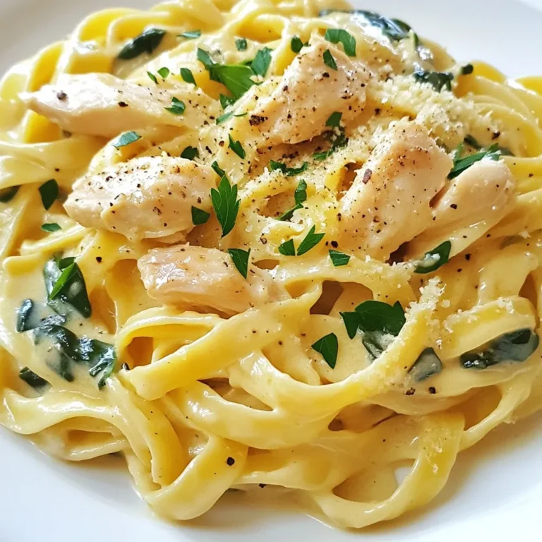 - 8 oz fettuccine pasta - 2 boneless, skinless chicken breasts, sliced into strips - 1 cup heavy cream - 1 cup freshly grated Parmesan cheese (plus more for garnish) - 2 tablespoons extra-virgin olive oil - 3 cloves garlic, finely minced - 1 cup baby spinach, roughly chopped - 1 teaspoon dried Italian seasoning - Salt and freshly ground black pepper to taste - Fresh parsley, chopped (for garnish) In this dish, each ingredient plays a key role. The fettuccine pasta serves as the perfect base. It has a nice texture that holds the creamy sauce well. The chicken breasts bring a hearty protein punch, making the meal filling. Heavy cream adds richness to the sauce, while Parmesan cheese gives it a tangy, cheesy flavor. The additional ingredients add depth and balance to the dish. Olive oil helps cook the chicken and adds healthy fats. Garlic gives a nice aroma and flavor. Baby spinach adds a pop of color and nutrients. Italian seasoning brings warmth and complexity, while salt and pepper enhance all the flavors. Finally, fresh parsley adds a touch of freshness when garnishing. These ingredients come together to create a dish that is not only creamy but also satisfying. You can enjoy this meal for lunch or dinner, and it’s sure to impress your friends and family. Plus, it’s simple enough to make on a weeknight! {{ingredient_image_2}} First, fill a large pot with water and add salt. Bring the water to a boil. Once boiling, add the fettuccine pasta. Cook it according to the package instructions. Aim for al dente, which means it should be firm but not hard. This usually takes about 8 to 10 minutes. Stir the pasta occasionally to prevent sticking. When done, drain the pasta but save ½ cup of the cooking water. Set the pasta aside. Next, take a large skillet and heat the olive oil over medium heat. Once hot, add the chicken strips. Make sure they have space to cook evenly. Season the chicken with salt, pepper, and Italian seasoning. Cook it for about 5 to 7 minutes. Stir it occasionally until the chicken turns golden brown and is no longer pink inside. After cooking, remove the chicken from the skillet and keep it warm on a plate. In the same skillet, add the minced garlic. Sauté for about 30 seconds. Stir it constantly to avoid burning. Next, slowly pour in the heavy cream while raising the heat a bit. Bring it to a gentle simmer. Stir the mixture to combine the flavors. Lower the heat and add the grated Parmesan cheese gradually. Whisk it into the sauce until it becomes smooth and creamy. Now it’s time to add some color. Toss in the chopped baby spinach and stir until it wilts, which takes about a minute. If the sauce seems too thick, add some reserved pasta water a little at a time until you reach your desired creaminess. Gently add the cooked chicken and fettuccine back into the skillet. Toss everything together so the pasta is well coated in the creamy sauce. Taste and add more salt or pepper if you need to. For a lovely presentation, serve the creamy chicken pasta in a large, shallow bowl or plate. Garnish with a sprinkle of fresh parsley and more Parmesan cheese on top. For a fresh touch, you can add a few raw spinach leaves on top. This makes the dish not only tasty but also visually appealing. To make a great creamy sauce, start with the right amount of cream. Use one cup of heavy cream for the best richness. Heat it slowly to avoid scorching. If the sauce is too thick, add some reserved pasta water. This keeps it smooth and helps it coat the pasta well. Common mistakes include adding cheese too quickly. Sprinkle it gradually while stirring. This helps it melt evenly. Another mistake is cooking the sauce too fast. Keep it on low heat for the best results. For juicy chicken, slice the breasts into strips. This helps them cook evenly. Season with salt, pepper, and Italian seasoning. Cook until golden brown and no longer pink inside, about 5-7 minutes. To enhance flavor, try marinating the chicken in olive oil and herbs before cooking. You can also add lemon juice for a fresh punch. To avoid mushy pasta, cook it until al dente. This means it should be firm to the bite. Follow the package instructions carefully. Choose fettuccine for a rich texture that holds sauce well. It pairs perfectly with creamy sauces. If you want a different shape, try penne or rigatoni, which also work nicely. Pro Tips Perfect Pasta Texture: Always cook your pasta until al dente, as it will continue to cook slightly when mixed with the sauce, ensuring it doesn't become mushy. Quality Cheese Matters: For the best flavor and creaminess, use freshly grated Parmesan cheese instead of pre-grated options, which contain anti-caking agents that can affect the sauce's texture. Balancing Flavors: Taste and adjust the seasoning of your sauce as you go. A pinch of salt or a squeeze of lemon juice can elevate the dish and bring out the flavors. Garnish for Freshness: Fresh herbs not only add a pop of color but also enhance the flavor. Consider adding a sprinkle of fresh basil or thyme alongside the parsley for an aromatic touch. {{image_4}} If you want to switch things up, try using different proteins. Shrimp works great with this recipe. Just sauté it until it turns pink. Tofu is another option. Press it, cube it, and then fry until golden. Both will add a fun twist. For those who need dairy-free options, use coconut cream instead of heavy cream. Nutritional yeast can replace Parmesan cheese. It gives a nice, cheesy flavor without the dairy. Adding vegetables is an easy way to enhance this dish. Bell peppers add sweetness, while mushrooms bring a nice earthiness. You can sauté them with the chicken or toss them into the sauce. Herbs and spices can also change the flavor. Basil or thyme adds freshness. A pinch of red pepper flakes gives a bit of heat. Experiment to find what you love best! Pair your creamy pasta with a fresh side salad. A mix of greens, tomatoes, and a light vinaigrette balances the richness of the dish. You can also serve it with different types of bread. Garlic bread is a classic choice. A crusty baguette is great for dipping in the creamy sauce too. Enjoy your meal! To keep your Parmesan chicken pasta fresh, follow these steps: - Refrigeration: Place the leftovers in the fridge as soon as possible. It’s best to chill them within two hours of cooking. - Containers: Use airtight containers to prevent moisture loss. Glass or plastic containers work well for storage. When it’s time to enjoy those leftovers, reheating is key: - Best methods: The microwave works fine, but I prefer the stovetop. This keeps the pasta creamy. - Avoiding sauce separation: Add a splash of milk or cream while reheating. This helps the sauce stay smooth. You might wonder if you can freeze this dish: - Can you freeze Parmesan chicken pasta? Yes, you can freeze it. However, the texture may change after thawing. - Tips for freezing and thawing: Cool the pasta fully before freezing. Store it in freezer-safe containers. To thaw, place it in the fridge overnight. Reheat as mentioned above for best results. You can use several cheeses. Pecorino Romano has a strong, salty taste. Grana Padano is milder and creamier. Nutritional yeast is great for a vegan option. Each cheese adds its own flavor, making your dish unique. Yes, you can make this dish ahead. Cook the pasta and chicken, then store them separate. This keeps the pasta from getting soggy. You can prepare the cream sauce and spinach too. Just combine everything before serving. Reheat gently on low heat to keep it creamy. To lighten up this dish, use less cream. You can swap heavy cream for half-and-half or milk. Try using less cheese or a lower-fat cheese. Add more veggies like zucchini or bell peppers for bulk without calories. You can make small changes that still keep it tasty. In this article, we covered how to make creamy Parmesan chicken pasta. We discussed key ingredients, cooking steps, and tips for the best results. Remember to choose your pasta wisely and avoid overcooking it. Feel free to try variations with different proteins or veggies. Store your leftovers properly and reheat them without losing flavor. With these insights, you will impress anyone at your dinner table. Enjoy this delicious dish and make it your own!
