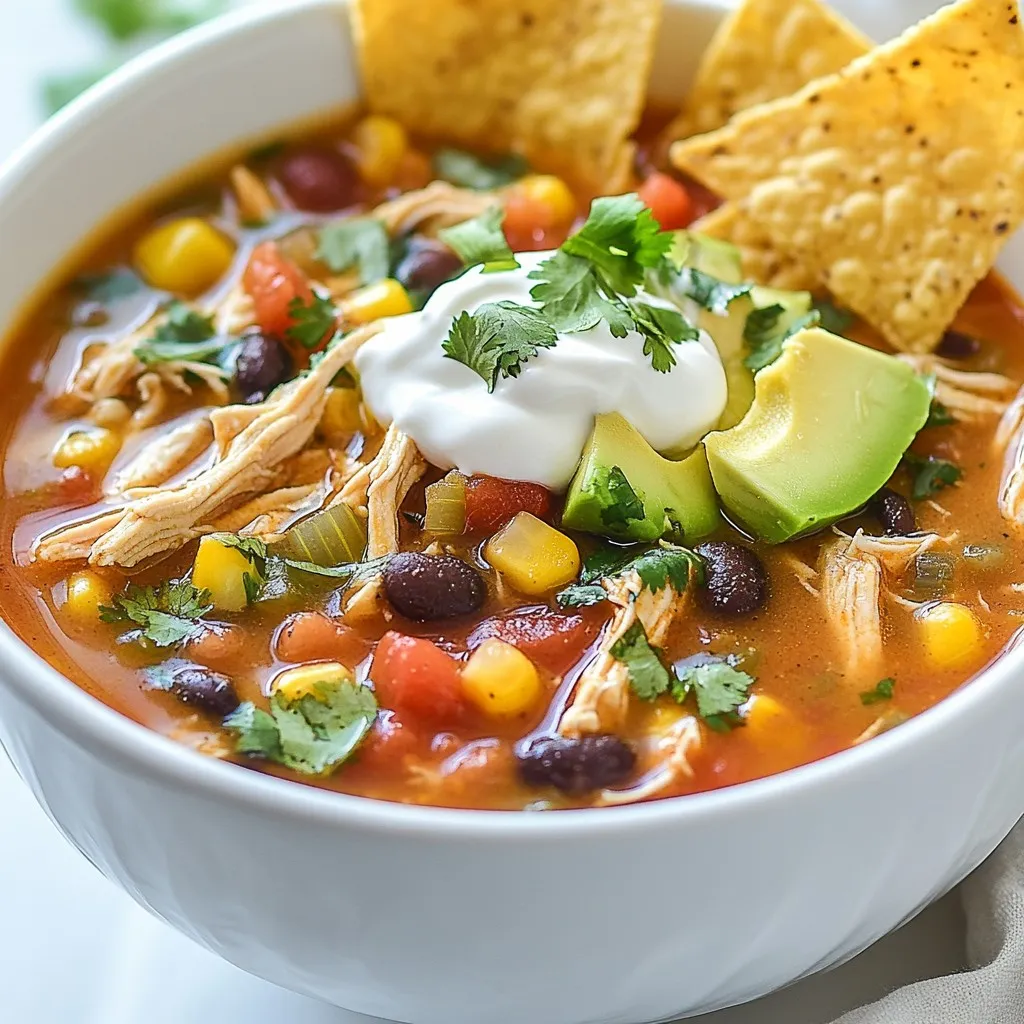To make this soup, you need some basic items. Here is what you will need: - 2 tablespoons olive oil - 1 medium onion, finely chopped - 3 cloves of garlic, minced - 1 jalapeño, finely diced (seeds removed for a milder flavor) - 1 red bell pepper, diced - 6 cups low-sodium chicken broth - 2 cups cooked shredded chicken (rotisserie chicken recommended) - 1 can (14 oz) diced tomatoes with green chilies - 1 can (15 oz) black beans, rinsed and drained - 1 cup corn (fresh, frozen, or canned) - Juice of 1 medium lime - 1/4 cup fresh cilantro, roughly chopped The spices give the soup its great flavor. Make sure to have these on hand: - 1 teaspoon ground cumin - 1 teaspoon smoked paprika - 1 teaspoon chili powder - Salt and pepper to taste Add toppings for extra flavor and fun: - Tortilla chips, for serving - 1 avocado, diced, for garnish - Sour cream, for serving (optional) - Grated cheese (like cheddar or queso fresco), for garnish (optional) These ingredients create a rich, flavorful base for your Chicken Tortilla Soup. Using fresh and quality items will enhance the taste. Feel free to add your twist with different spices or toppings! {{ingredient_image_2}} Start by heating the olive oil in a large pot over medium heat. When the oil is hot, add the chopped onion. Sauté it for about 5 minutes. The onion should turn soft and clear. Next, add the minced garlic, diced jalapeño, and red bell pepper. Keep stirring for another 3 to 4 minutes. This makes the peppers tender and brings out their flavor. Now, it's time to add some flavor. Sprinkle ground cumin, smoked paprika, and chili powder over the sautéed veggies. Stir everything well. Cook this mix for 1 to 2 minutes. You’ll notice a lovely smell as the spices release their aroma. Then, pour in 6 cups of chicken broth. Add 2 cups of cooked shredded chicken, the can of diced tomatoes, and the black beans. Mix everything until it's well combined. Raise the heat slightly to bring the soup to a gentle boil. After that, reduce the heat to low. Let the soup simmer uncovered for about 20 minutes. Stir it occasionally. This helps all the flavors blend nicely. After 20 minutes, stir in 1 cup of corn and the juice of 1 lime. Taste the soup and add salt and pepper as needed. Let it simmer for another 5 minutes to heat through. Finally, ladle the hot soup into bowls. Top each bowl with diced avocado, chopped cilantro, and a dollop of sour cream, if you like. Serve with tortilla chips for a tasty crunch! To make your chicken tortilla soup burst with flavor, start with fresh ingredients. Use ripe tomatoes and fresh herbs. Sautéing your onions and garlic first builds a strong flavor base. Add spices early to let them bloom. This makes the soup rich and aromatic. Don’t rush this step; let the veggies soften and the spices toast. For the best texture, balance is key. You want tender chicken, soft beans, and crunchy toppings. Use rotisserie chicken for ease and flavor. When you add corn, choose fresh or frozen. This helps keep a nice bite. If you prefer a thicker soup, mash some beans before adding them. This adds creaminess without losing the soup's character. To save time, prep your ingredients ahead. Chop onions, peppers, and garlic in advance. Store them in the fridge. Using a rotisserie chicken cuts your cooking time. You can also use canned beans to skip the soaking process. If you’re short on time, let your soup simmer for a shorter period. Even a quick 10-minute simmer will develop some great flavor. Pro Tips Use Fresh Ingredients: Whenever possible, opt for fresh vegetables and herbs. They enhance the flavors of your soup and provide a more vibrant taste. Adjust Spice Levels: For a spicier soup, leave some jalapeño seeds in or add a pinch of cayenne pepper. Conversely, omit the jalapeño for a milder version. Make it a Meal: Serve the soup with a side of crusty bread or over rice for a heartier meal that will keep you satisfied longer. Store Properly: Leftover soup can be stored in an airtight container in the fridge for up to 3 days or frozen for up to 3 months. Reheat on the stovetop for best results. {{image_4}} You can make this soup in a slow cooker. First, sauté the onion, garlic, jalapeño, and red bell pepper in a pan. Add all the sautéed veggies into the slow cooker. Then, pour in the chicken broth. Add the shredded chicken, diced tomatoes, and black beans. Season with the spices: cumin, paprika, and chili powder. Stir well and cover the cooker. Cook on low for 6 to 8 hours or on high for 3 to 4 hours. Add corn and lime juice in the last 15 minutes. Serve with the same delicious toppings. Using an Instant Pot makes this soup quick and easy. Start by selecting the sauté function. Cook the onion, garlic, jalapeño, and red bell pepper until soft. Add the spices and stir for a minute. Next, pour in the chicken broth. Add the shredded chicken, diced tomatoes, and black beans. Seal the pot, and cook on high pressure for 10 minutes. Once done, release the pressure. Stir in the corn and lime juice. Serve hot with your favorite toppings. You can easily make a vegetarian or vegan version of this soup. Instead of chicken, use cooked quinoa or lentils for protein. Replace chicken broth with vegetable broth. Keep all the veggies and spices the same. You can add more beans or corn for extra flavor. For a creamy texture, blend some of the soup before serving. Top with avocado, cilantro, and tortilla chips for crunch. This version is just as tasty and fulfilling! This savory chicken tortilla soup serves six people. Each bowl has about 300 calories. The calories come mainly from the chicken, beans, and oil. The soup is low in saturated fat and high in flavor. Each serving has around 20 grams of protein. This comes from the chicken and black beans. The fiber content is about 8 grams per serving. The beans and corn boost fiber, which helps digestion. - Chicken: Lean protein that helps build muscles and keeps you full. - Black beans: Great source of fiber and protein, good for heart health. - Corn: Provides vitamins and minerals, plus natural sweetness. - Tomatoes: Packed with antioxidants, good for skin health. - Cilantro: Adds flavor and may help detoxify the body. This soup is not just tasty; it supports health, too! Enjoy every spoonful while knowing it fuels your body. Yes, you can use canned chicken. It saves time and works well. Just drain and shred it before adding it to the soup. Canned chicken may not have the same flavor as fresh, but it’s still a good choice. You can store leftover soup in the fridge for up to three days. If you want to keep it longer, freeze it in airtight containers. It will last for about three months in the freezer. Thaw it in the fridge before reheating. To add heat to your soup, you can include more jalapeños. Fresh or pickled jalapeños work great. You can also use hot sauce or red pepper flakes. Start with a little and taste as you go. Adjust to your heat level. This blog post covered the key ingredients, steps, and tips for making chicken tortilla soup. You've learned how to prepare flavorful broth, select spices, and add garnishes. I shared variations and offered useful cooking techniques. Remember, this soup is not just tasty; it's also nutritious. Feel free to customize it to your taste or dietary needs. Enjoy your cooking adventure and savor every bowl of your delicious chicken tortilla soup!