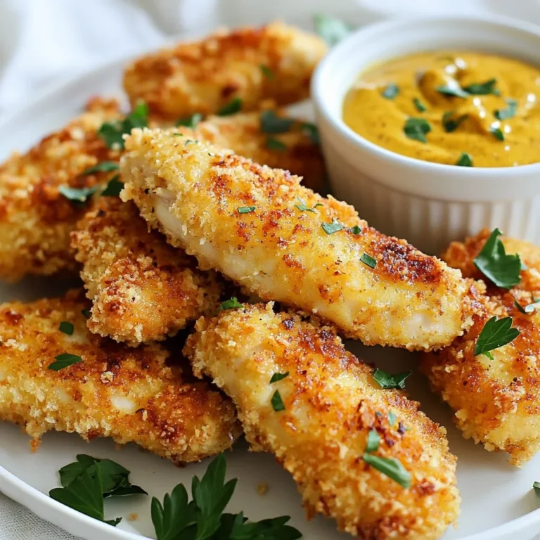 - 1 pound boneless, skinless chicken breasts, cut into 1-inch strips - 1 cup whole wheat flour - 2 large eggs, lightly beaten - 1 cup whole grain breadcrumbs - 1/2 cup grated Parmesan cheese - 1 teaspoon garlic powder - 1 teaspoon paprika - 1 teaspoon onion powder - 1/2 teaspoon salt - 1/2 teaspoon black pepper - 1/4 teaspoon cayenne pepper (optional, for a hint of heat) - 2 tablespoons olive oil - Serving suggestions (honey mustard, lemon wedges) Gathering the right ingredients is key to making these crispy baked chicken tenders. You need boneless, skinless chicken breasts for tender meat. Whole wheat flour forms a base that sticks well. Large eggs help the coating adhere. Whole grain breadcrumbs give that perfect crunch. For seasoning, grated Parmesan cheese adds a rich flavor. Garlic powder and onion powder enhance the taste without being overpowering. Paprika gives a nice color and mild heat. Salt and black pepper bring balance, while cayenne pepper offers a kick if you want it spicy. Don’t forget the olive oil! It helps achieve that golden color. You can serve these tenders with honey mustard or lemon wedges for a fresh twist. Enjoy the mix of flavors and textures! {{ingredient_image_2}} - Preheat oven to 400°F (200°C). - Line baking sheet with parchment paper. Start by getting your oven hot. This helps the chicken cook evenly. The parchment paper stops sticking and makes cleanup easy. - Prepare flour, eggs, and breadcrumb mixtures. - Whisk eggs and season breadcrumbs. Next, set up three bowls. In the first, add whole wheat flour. In the second, whisk the eggs until they look smooth. In the last bowl, mix breadcrumbs with Parmesan, garlic powder, paprika, onion powder, salt, black pepper, and cayenne if you like spice. This mix gives great flavor! - Coat chicken strips in flour, eggs, and breadcrumbs. - Arrange on baking sheet and drizzle with olive oil. Now, take a chicken strip. First, coat it in the flour. Shake off any extra. Then dip it in the egg. Let excess drip off. Lastly, roll it in the breadcrumb mix. Make sure it’s covered well. Place the coated chicken on your baking sheet. Leave space between each piece. Drizzle olive oil on top to help them get crispy. - Bake in preheated oven for 18-20 minutes. - Flip tenders halfway through baking. Put the baking sheet in the oven. Set a timer for 18 to 20 minutes. Halfway through, flip the tenders over. This helps them cook evenly and get golden brown. - Ensure internal temperature reaches 165°F (74°C). - Let rest before serving. When the time is up, check the chicken’s temperature. It needs to be 165°F (74°C). If it’s not ready, bake a few more minutes. Once done, take them out and let them rest. This helps keep the chicken juicy and tasty! To get your chicken tenders super crispy, space matters. Leaving space between each tender ensures hot air flows around them. This helps them cook evenly, making them crispy all over. Using olive oil is key, too. A light drizzle adds a nice golden color and helps with the crunch. Want more flavor? Try adding spices like oregano or thyme. You could also mix in some lemon zest for a fresh taste. Marinating the chicken in buttermilk for a few hours boosts the flavor and keeps the meat juicy. Just remember to pat the chicken dry before breading. For dipping, honey mustard is a classic choice. You can also serve ranch or barbecue sauce for variety. Pair your chicken tenders with fresh veggie sticks like carrots or cucumber. A side of sweet potato fries or a crisp salad complements the meal nicely. Pro Tips Coat for Crunch: For extra crunch, consider double-coating the chicken tenders. After the first breadcrumb layer, dip them again in egg and then coat with breadcrumbs once more. Seasoning Variations: Experiment with different spices in your breadcrumb mixture to customize the flavor. Try adding Italian seasoning or a pinch of cumin for a unique twist. Resting Time: Allowing the chicken tenders to rest after baking not only keeps them juicy but also helps the crust set, making them even crispier. Perfect Dipping Sauces: Pair these tenders with a variety of dipping sauces like spicy sriracha mayo, tangy barbecue, or a refreshing yogurt dip for an elevated experience. {{image_4}} You can change up the taste of your chicken tenders easily. For a spicy kick, add extra cayenne pepper. Just a bit can make a big difference. If you want a fresh taste, try using herb-infused breadcrumbs. Mix in dried herbs like oregano or thyme for added flavor. Looking for healthier options? You can use almond flour instead of whole wheat flour for a gluten-free choice. This keeps the tenders crispy and delicious. You can also swap chicken for turkey or tofu. Both options still give you great taste while being lower in fat. Make these tenders fun for kids! Use cookie cutters to create fun shapes. This can spark their interest in eating. You could also add finely chopped veggies to the mix. Shredded carrots or spinach can sneak in some nutrition while keeping the meal tasty. To store your leftover chicken tenders, let them cool first. Place them in an airtight container. This will keep them fresh. If you use glass containers, they work well. Make sure to seal them tightly. To reheat chicken tenders, use the oven. Preheat it to 375°F (190°C). Place the tenders on a baking sheet. Bake for about 10-12 minutes. This method keeps them crispy. Avoid using the microwave, as it can make them soggy. You can freeze chicken tenders before or after cooking. If freezing raw, coat them, then freeze on a baking sheet. Once frozen, store them in a freezer bag. For cooked tenders, let them cool and then pack them. When ready to eat, thaw them in the fridge overnight. This method ensures the best results. To keep your chicken tenders crispy, apply a light layer of oil. Drizzle olive oil on top after coating. This adds flavor and helps with crispness. Bake them in a preheated oven. Space them apart on the baking sheet. This allows hot air to circulate all around. Flip the tenders halfway through baking. This ensures even cooking and browning. Yes, you can prep these chicken tenders ahead of time. Coat the chicken strips and place them on the baking sheet. Cover them with plastic wrap and store in the fridge. You can also freeze them. Just make sure they are in a single layer. When ready, bake them from frozen. Just add a few extra minutes to the cooking time. You can serve chicken tenders in many fun ways. Arrange them on a platter with dipping sauces. Honey mustard or ketchup works great. Add some fresh parsley on top for a pop of color. Lemon wedges on the side add a zesty touch. For gatherings, consider serving them with veggie sticks. Absolutely! These chicken tenders are a hit with kids. They are crispy, tasty, and easy to eat. You can cut them into bite-sized pieces for smaller kids. Serve them with fun dips to make it more exciting. Most kids love chicken, and this recipe is sure to please! This post outlined simple ways to make delicious chicken tenders. You learned about ingredients, step-by-step baking, and helpful tips. I shared variations to fit your taste and storage methods for leftovers. You can easily impress friends and family with your skills. These tenders are fun to make and are perfect for any meal. Enjoy the process and the tasty results. Happy cooking!