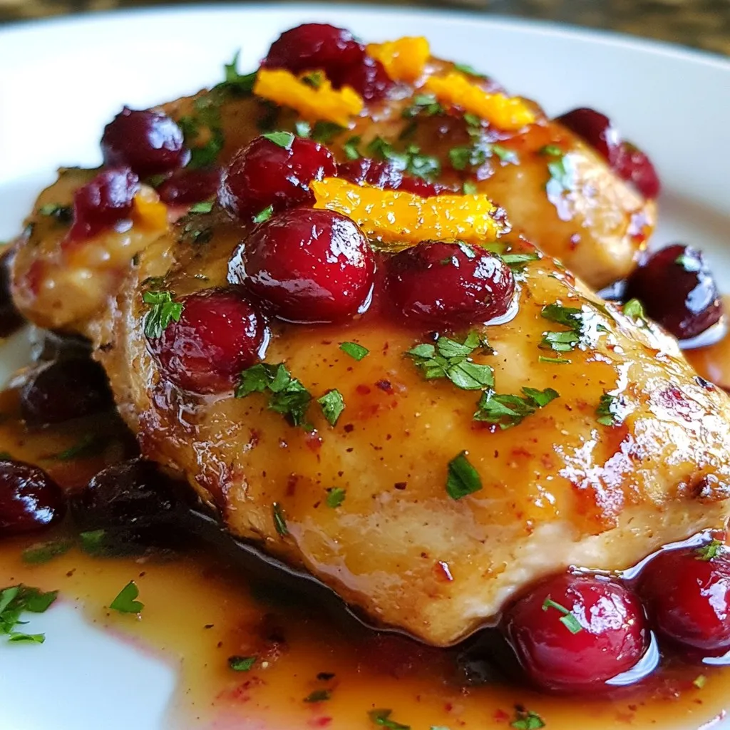 - 4 boneless, skinless chicken breasts - 1 cup fresh cranberries - 1/2 cup freshly squeezed orange juice - Zest of 1 large orange - 2 tablespoons honey - 1 tablespoon extra-virgin olive oil - 3 cloves garlic, finely minced - 1 teaspoon fresh ginger, grated - 1 teaspoon dried thyme - Salt and pepper to taste - Fresh parsley for garnish (optional) The ingredients for cranberry orange chicken create a lovely balance of sweet and tart. The fresh cranberries and orange juice shine through in each bite. I love using fresh ingredients. They add bright flavors and colors to the dish. - Calories: 320 - Protein: 36g - Carbohydrates: 22g - Fats: 10g - Fiber: 3g This meal packs in good protein while being low in fat. The cranberries and orange juice provide fiber and vitamins. You can enjoy a tasty dish without feeling guilty. Remember, it is all about balance! {{ingredient_image_2}} Preheat your oven to 375°F (190°C). This step is key for even cooking. In a medium saucepan, combine the fresh cranberries, orange juice, zest, honey, garlic, ginger, thyme, salt, and pepper. Stir it well. Heat the mixture over medium heat for about 5-7 minutes. You will see the cranberries pop and create a thick sauce. Once you see that, remove it from heat. Set the sauce aside for now. Now, season the chicken breasts with salt and pepper. Make sure to season both sides well for the best flavor. In an oven-safe skillet, heat a tablespoon of olive oil over medium-high heat. When the oil is hot, carefully add the seasoned chicken. Sear the chicken for 4-5 minutes on each side. Look for a nice golden-brown crust. This step helps lock in moisture and flavor. Once your chicken is seared, pour the cranberry-orange sauce over it. Make sure every piece is well coated for maximum flavor. Now, transfer the skillet to your preheated oven. Bake for 25-30 minutes. Check that the chicken is cooked through and reaches an internal temperature of 165°F (75°C). After baking, let the chicken rest for about 5 minutes. This resting time keeps it juicy. Serve the chicken on plates, drizzled with the remaining sauce. If you like, add a sprinkle of fresh parsley for a touch of color. To get a great sear on your chicken, preheat your skillet first. This step is key. A hot pan helps lock in the juices and flavor. I use medium-high heat for the best results. Check for doneness by looking for a golden-brown crust. Use a meat thermometer to check the internal temperature. Chicken should reach 165°F (75°C) for safe eating. If you don’t have a thermometer, cut into the thickest part. The juices should run clear, not pink. Want to adjust the flavor? You can increase sweetness by adding more honey. If you like it tart, add extra orange juice. Herbs and spices can change the taste too. Try rosemary for a woodsy flavor or a pinch of red pepper flakes for heat. Experiment with what you like best! For garnishing, fresh parsley works well. It adds a nice color and taste. You might also try orange slices on the plate for a bright touch. Pair this dish with sides like rice or steamed veggies. They soak up the sauce well and balance the meal. Enjoy your beautiful creation! Pro Tips Use Fresh Ingredients: The flavor of your dish greatly improves when using fresh cranberries and freshly squeezed orange juice. Avoid canned or processed products for the best results. Let the Chicken Rest: After baking, allow the chicken to rest for at least 5 minutes. This helps to retain the juices, making the meat tender and flavorful. Adjust Sweetness: If you prefer a sweeter sauce, feel free to add more honey. Taste the sauce before pouring it over the chicken to achieve your desired flavor profile. Garnish for Presentation: A sprinkle of fresh parsley not only adds color but also enhances the overall flavor of the dish. It’s a simple way to elevate your presentation! {{image_4}} You can swap chicken for turkey or pork. Turkey breast works well and keeps the meal light. Pork tenderloin adds a nice twist. Just adjust cooking times for different meats. For a vegetarian option, try firm tofu or tempeh. Marinate them in the cranberry sauce for flavor. Bake or sauté them until golden. This way, you still get rich flavors in every bite. The sauce is key to this dish. You can enhance it with orange marmalade for extra sweetness. Balsamic vinegar adds a nice tang. Both options create a unique taste. Want some heat? Add red pepper flakes to the sauce. It gives a spicy kick that pairs well with the tart cranberries. You can easily customize the flavor to suit your taste. I enjoy making this dish in different ways. You can use a slow cooker for a hands-off meal. Just combine everything and let it cook. This method makes the chicken tender and juicy. If you prefer grilling, that works too. Grill the chicken first, then brush on the sauce. This adds a smoky flavor that pairs well with the sweet and tart notes. Each method brings its own charm to the table. To store leftover Cranberry Orange Chicken, let it cool first. Place the chicken in an airtight container. This keeps it fresh and tasty. I recommend using glass or BPA-free plastic containers. These are safe and help avoid odors. You can freeze Cranberry Orange Chicken for later use. First, let it cool completely. Then, wrap it tightly in plastic wrap or foil. Place it in a freezer-safe bag or container. This helps avoid freezer burn. You can store it in the freezer for up to three months. Reheating your chicken is easy. For the best taste, use the oven. Preheat it to 350°F (175°C). Place the chicken in a baking dish with a bit of sauce. Cover it with foil to keep it moist. Bake for about 20-25 minutes or until warmed through. You can also microwave it, but the oven gives better texture. Enjoy your flavorful meal again! The total time to cook this dish is about 50 minutes. First, preheat your oven to 375°F (190°C). Then, make the sauce and sear the chicken. Cooking the chicken in the oven takes 25-30 minutes. Always check the internal temperature of the chicken. It should reach 165°F (75°C) for safe eating. This step ensures you have juicy, tender chicken. Yes, you can prepare this dish ahead of time. Make the cranberry-orange sauce a day before and store it in the fridge. You can also sear the chicken and keep it in the fridge. When ready, pour the sauce over the chicken and bake it. This method saves time and allows the flavors to mix. Many side dishes pair well with this chicken. Here are a few ideas: - Rice (white or brown) - Quinoa - Steamed broccoli - Roasted sweet potatoes - Mixed green salad These sides bring out the flavors in the dish and create a balanced meal. Enjoy experimenting with your favorite sides! This blog post covered a tasty recipe for Cranberry Orange Chicken. You learned about the ingredients, cooking steps, and storage tips. It also included variations to suit different tastes. With its sweet and tangy flavors, this dish can impress anyone. You can easily adjust flavors and presentation to make it your own. Enjoy cooking and sharing this dish with friends and family. Remember, a homemade meal always brings joy. Happy cooking!