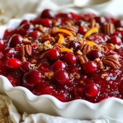 - 12 ounces fresh cranberries, rinsed and sorted - 1 cup granulated sugar - 1 cup water - Zest of 1 medium orange - 1/4 cup freshly squeezed orange juice - 1/2 teaspoon ground cinnamon - 1/4 teaspoon ground nutmeg - Pinch of salt - 1/2 cup chopped pecans (optional, for extra crunch) To make homemade cranberry sauce, you need fresh cranberries. They provide the perfect tartness. I use around 12 ounces, which is about 3 cups. Next, we have granulated sugar. It sweetens the sauce and balances the tartness of the berries. A full cup will do the trick. Water is also key in this recipe, one cup will help create a nice syrup. Don&rsquo;t forget the orange zest and juice! They add a bright flavor and aroma. One medium orange provides both zest and juice. Spices like ground cinnamon and nutmeg give warmth and depth. A half teaspoon of cinnamon and a quarter teaspoon of nutmeg work well. Finally, a pinch of salt enhances all the flavors. If you want some crunch, add chopped pecans. Half a cup will add a nice texture. These simple ingredients come together to make a sauce that is both simple and flavorful. You can enjoy this sauce with many dishes, especially during the holidays. {{ingredient_image_2}} Start by rinsing 12 ounces of fresh cranberries under cold water. As you rinse, look for any bad berries. Remove any stems or blemished cranberries. This step ensures your sauce has a clean and fresh base. In a medium saucepan, add 1 cup of water and 1 cup of granulated sugar. Heat the mixture over medium heat. Stir until the sugar dissolves completely. This forms a sweet syrup, which is key to your sauce. Once the sugar dissolves, add the rinsed cranberries to the syrup. Turn up the heat to bring the mixture to a boil. After it boils, reduce the heat to a gentle simmer. Let it cook for about 10 to 12 minutes. The cranberries will start to burst, and the sauce will thicken. Next, stir in the zest of 1 medium orange and 1/4 cup of fresh orange juice. Add 1/2 teaspoon of ground cinnamon, 1/4 teaspoon of ground nutmeg, and a pinch of salt. These add rich and vibrant flavors to your sauce. Continue to simmer, stirring occasionally, to let the flavors blend. If you like a crunch, fold in 1/2 cup of chopped pecans during the last few minutes of cooking. This adds great texture and flavor. Make sure to add them before you finish cooking. Once the sauce is thickened to your liking, remove it from the heat. Let it cool to room temperature in the pan. After it cools, transfer the sauce to a bowl or an airtight jar. It will thicken more as it cools. Store it in the fridge to keep it fresh. To get the right thickness, watch for signs. The cranberries will burst and the sauce will bubble. After about 10 to 12 minutes of simmering, it should look thicker. If it seems too thin, let it cook a bit longer. For a thicker sauce, keep simmering until you reach the desired texture. If it gets too thick, add a little water, stir, and heat gently. Cranberry sauce pairs well with many foods. It complements roasted turkey and chicken perfectly. You can also serve it with ham or on sandwiches. For dessert, try it on cheesecake or yogurt. At holiday dinners, it looks great on the table. You can serve it chilled or at room temperature, depending on your choice. One common mistake is overcooking the cranberries. This can make them mushy and lose their shape. Keep an eye on them while they cook. Another mistake is using the wrong sugar ratio. Too much sugar can overpower the tartness. Stick to the recipe to keep a nice balance of flavors. Pro Tips Fresh Cranberry Selection: Choose firm, plump cranberries for the best flavor and texture. Avoid any that are soft or shriveled, as they may not taste as fresh. Adjusting Sweetness: Taste the sauce as it simmers; you can adjust the sweetness by adding more sugar or balancing it with additional orange juice if needed. Thickening the Sauce: If you prefer a thicker sauce, let it simmer longer until it reaches your desired consistency. Remember, it will thicken more as it cools. Storage Tips: For optimal freshness, store the cooled sauce in an airtight container in the refrigerator. It can last up to two weeks, making it convenient for meal prep. {{image_4}} You can spice up your cranberry sauce with unique flavors. Adding spices like cardamom or ginger will give it a warm kick. Just a pinch of either spice can change the whole taste. You can also mix in other fruits. Apples and pears work well. They add sweetness and texture. Try adding a chopped apple while cooking. It breaks down nicely and blends well. If you want to cut down on sugar, use honey or maple syrup. These natural sweeteners can give your sauce a different flavor. For honey, use about three-quarters of a cup for each cup of sugar. For maple syrup, use a similar amount. Remember to adjust the water slightly. This helps keep the sauce balanced and not too runny. Making your sauce vegan-friendly is easy. The base of cranberries and water is already vegan. Just replace sugar with maple syrup or agave nectar. For gluten-free options, the recipe is naturally gluten-free. Just ensure the sweeteners you choose are also gluten-free. This way, everyone can enjoy your homemade cranberry sauce! To store your cranberry sauce, use airtight containers. Glass jars or plastic containers work well. Make sure the sauce is cool before sealing the container. This keeps it fresh and safe. Place the container in the fridge. For best results, use the sauce within two weeks. Keep it away from strong-smelling foods to avoid flavor transfer. You can freeze cranberry sauce too. Use freezer-safe containers or bags. Portion it out for easier use later. The sauce can last up to three months in the freezer. To thaw, move the sauce to the fridge overnight. If you need it fast, run the bag under cold water. Reheat it gently on the stove. Stir it well to bring back its smooth texture. In the fridge, homemade cranberry sauce lasts about two weeks. Look for signs of spoilage. If it has an off smell or unusual color, throw it out. Mold is a clear sign that it&rsquo;s time to discard it. Always trust your senses when storing food. Homemade cranberry sauce lasts about one week in the fridge. Store it in an airtight container. If you freeze it, it can last up to six months. Just make sure to use a freezer-safe container. Yes, making cranberry sauce ahead is easy. You can prepare it up to a week before the big meal. Just store it in the fridge until you need it. This way, you save time on the day you serve it. There are many fun ways to use leftover cranberry sauce. You can spread it on toast for breakfast. It also makes a great topping for yogurt or ice cream. Try adding it to salad dressings for a fruity twist or mix it into oatmeal for extra flavor. Homemade cranberry sauce often beats store-bought options. You control the taste and sweetness. You can add your favorite spices and zest. Store-bought may include preservatives and artificial flavors. However, it can be more convenient if you're short on time. Absolutely! If you want a sweeter sauce, add more sugar. If you prefer it less sweet, reduce the sugar. You can also use honey or maple syrup for natural sweetness. Taste as you go, and find your perfect balance. This article covered everything you need to make tasty cranberry sauce. We explored ingredients, preparation steps, and tips for perfect results. I shared variations to fit your taste and dietary needs. Storage tips help keep your sauce fresh. Homemade cranberry sauce can be better than store-bought with its freshness and custom flavors. Enjoy creating your sauce, experiment with flavors, and make it your own!