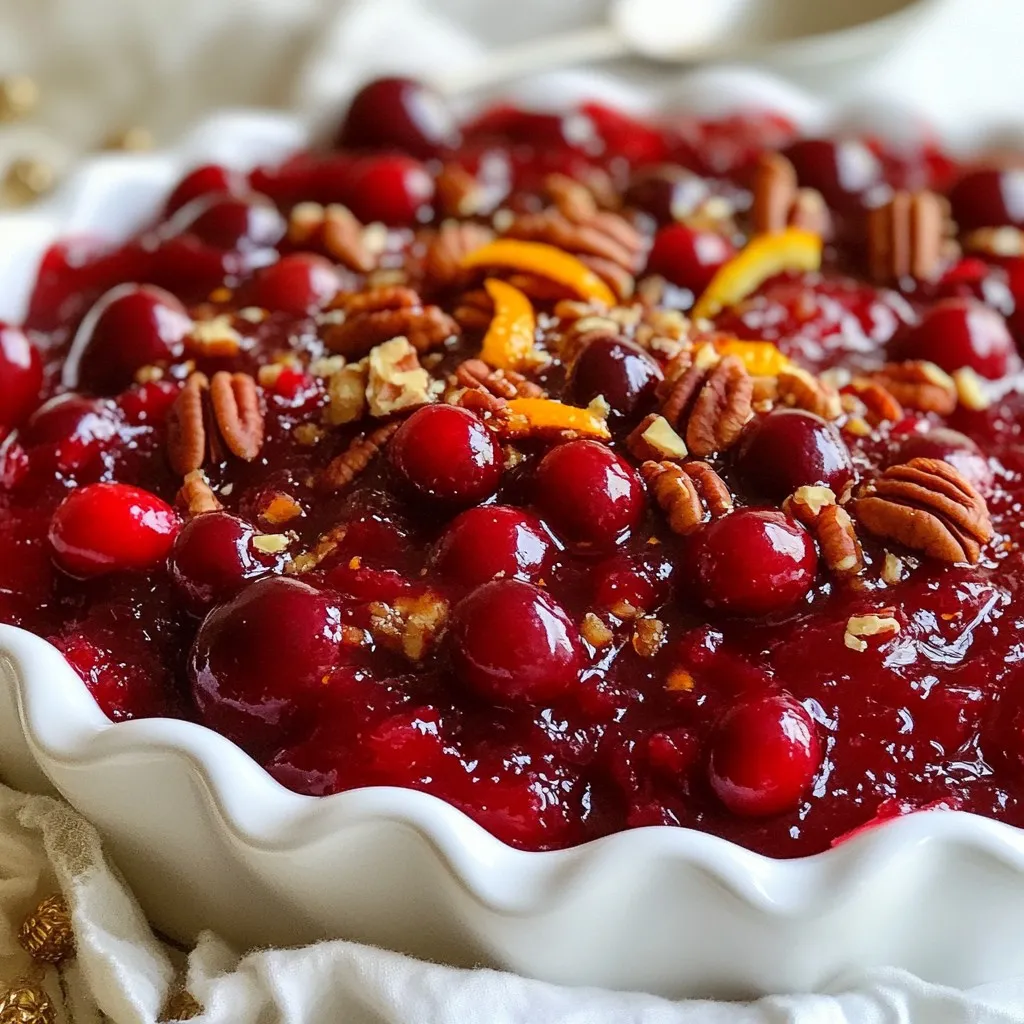 - 12 ounces fresh cranberries, rinsed and sorted - 1 cup granulated sugar - 1 cup water - Zest of 1 medium orange - 1/4 cup freshly squeezed orange juice - 1/2 teaspoon ground cinnamon - 1/4 teaspoon ground nutmeg - Pinch of salt - 1/2 cup chopped pecans (optional, for extra crunch) To make homemade cranberry sauce, you need fresh cranberries. They provide the perfect tartness. I use around 12 ounces, which is about 3 cups. Next, we have granulated sugar. It sweetens the sauce and balances the tartness of the berries. A full cup will do the trick. Water is also key in this recipe, one cup will help create a nice syrup. Don’t forget the orange zest and juice! They add a bright flavor and aroma. One medium orange provides both zest and juice. Spices like ground cinnamon and nutmeg give warmth and depth. A half teaspoon of cinnamon and a quarter teaspoon of nutmeg work well. Finally, a pinch of salt enhances all the flavors. If you want some crunch, add chopped pecans. Half a cup will add a nice texture. These simple ingredients come together to make a sauce that is both simple and flavorful. You can enjoy this sauce with many dishes, especially during the holidays. {{ingredient_image_2}} Start by rinsing 12 ounces of fresh cranberries under cold water. As you rinse, look for any bad berries. Remove any stems or blemished cranberries. This step ensures your sauce has a clean and fresh base. In a medium saucepan, add 1 cup of water and 1 cup of granulated sugar. Heat the mixture over medium heat. Stir until the sugar dissolves completely. This forms a sweet syrup, which is key to your sauce. Once the sugar dissolves, add the rinsed cranberries to the syrup. Turn up the heat to bring the mixture to a boil. After it boils, reduce the heat to a gentle simmer. Let it cook for about 10 to 12 minutes. The cranberries will start to burst, and the sauce will thicken. Next, stir in the zest of 1 medium orange and 1/4 cup of fresh orange juice. Add 1/2 teaspoon of ground cinnamon, 1/4 teaspoon of ground nutmeg, and a pinch of salt. These add rich and vibrant flavors to your sauce. Continue to simmer, stirring occasionally, to let the flavors blend. If you like a crunch, fold in 1/2 cup of chopped pecans during the last few minutes of cooking. This adds great texture and flavor. Make sure to add them before you finish cooking. Once the sauce is thickened to your liking, remove it from the heat. Let it cool to room temperature in the pan. After it cools, transfer the sauce to a bowl or an airtight jar. It will thicken more as it cools. Store it in the fridge to keep it fresh. To get the right thickness, watch for signs. The cranberries will burst and the sauce will bubble. After about 10 to 12 minutes of simmering, it should look thicker. If it seems too thin, let it cook a bit longer. For a thicker sauce, keep simmering until you reach the desired texture. If it gets too thick, add a little water, stir, and heat gently. Cranberry sauce pairs well with many foods. It complements roasted turkey and chicken perfectly. You can also serve it with ham or on sandwiches. For dessert, try it on cheesecake or yogurt. At holiday dinners, it looks great on the table. You can serve it chilled or at room temperature, depending on your choice. One common mistake is overcooking the cranberries. This can make them mushy and lose their shape. Keep an eye on them while they cook. Another mistake is using the wrong sugar ratio. Too much sugar can overpower the tartness. Stick to the recipe to keep a nice balance of flavors. Pro Tips Fresh Cranberry Selection: Choose firm, plump cranberries for the best flavor and texture. Avoid any that are soft or shriveled, as they may not taste as fresh. Adjusting Sweetness: Taste the sauce as it simmers; you can adjust the sweetness by adding more sugar or balancing it with additional orange juice if needed. Thickening the Sauce: If you prefer a thicker sauce, let it simmer longer until it reaches your desired consistency. Remember, it will thicken more as it cools. Storage Tips: For optimal freshness, store the cooled sauce in an airtight container in the refrigerator. It can last up to two weeks, making it convenient for meal prep. {{image_4}} You can spice up your cranberry sauce with unique flavors. Adding spices like cardamom or ginger will give it a warm kick. Just a pinch of either spice can change the whole taste. You can also mix in other fruits. Apples and pears work well. They add sweetness and texture. Try adding a chopped apple while cooking. It breaks down nicely and blends well. If you want to cut down on sugar, use honey or maple syrup. These natural sweeteners can give your sauce a different flavor. For honey, use about three-quarters of a cup for each cup of sugar. For maple syrup, use a similar amount. Remember to adjust the water slightly. This helps keep the sauce balanced and not too runny. Making your sauce vegan-friendly is easy. The base of cranberries and water is already vegan. Just replace sugar with maple syrup or agave nectar. For gluten-free options, the recipe is naturally gluten-free. Just ensure the sweeteners you choose are also gluten-free. This way, everyone can enjoy your homemade cranberry sauce! To store your cranberry sauce, use airtight containers. Glass jars or plastic containers work well. Make sure the sauce is cool before sealing the container. This keeps it fresh and safe. Place the container in the fridge. For best results, use the sauce within two weeks. Keep it away from strong-smelling foods to avoid flavor transfer. You can freeze cranberry sauce too. Use freezer-safe containers or bags. Portion it out for easier use later. The sauce can last up to three months in the freezer. To thaw, move the sauce to the fridge overnight. If you need it fast, run the bag under cold water. Reheat it gently on the stove. Stir it well to bring back its smooth texture. In the fridge, homemade cranberry sauce lasts about two weeks. Look for signs of spoilage. If it has an off smell or unusual color, throw it out. Mold is a clear sign that it’s time to discard it. Always trust your senses when storing food. Homemade cranberry sauce lasts about one week in the fridge. Store it in an airtight container. If you freeze it, it can last up to six months. Just make sure to use a freezer-safe container. Yes, making cranberry sauce ahead is easy. You can prepare it up to a week before the big meal. Just store it in the fridge until you need it. This way, you save time on the day you serve it. There are many fun ways to use leftover cranberry sauce. You can spread it on toast for breakfast. It also makes a great topping for yogurt or ice cream. Try adding it to salad dressings for a fruity twist or mix it into oatmeal for extra flavor. Homemade cranberry sauce often beats store-bought options. You control the taste and sweetness. You can add your favorite spices and zest. Store-bought may include preservatives and artificial flavors. However, it can be more convenient if you're short on time. Absolutely! If you want a sweeter sauce, add more sugar. If you prefer it less sweet, reduce the sugar. You can also use honey or maple syrup for natural sweetness. Taste as you go, and find your perfect balance. This article covered everything you need to make tasty cranberry sauce. We explored ingredients, preparation steps, and tips for perfect results. I shared variations to fit your taste and dietary needs. Storage tips help keep your sauce fresh. Homemade cranberry sauce can be better than store-bought with its freshness and custom flavors. Enjoy creating your sauce, experiment with flavors, and make it your own!