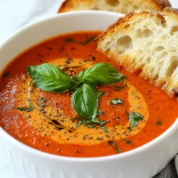To make a rich and tasty One-Pot Creamy Tomato Basil Soup, you will need: - 2 tablespoons olive oil - 1 medium onion, finely chopped - 4 cloves garlic, minced - 1 teaspoon freshly ground black pepper - 1 teaspoon sea salt - 1 can (28 oz) crushed tomatoes - 2 cups vegetable broth - 1 tablespoon sugar (to balance acidity) - 1 cup heavy cream (or coconut cream for a vegan alternative) - 1 cup fresh basil leaves, roughly chopped - 1 teaspoon dried oregano - Extra fresh basil leaves for garnish - Crusty bread for serving (optional but recommended) Each ingredient plays a role in creating layers of flavor. The crushed tomatoes give the soup its base, while the cream adds richness. Fresh basil brings a bright, herbal note that lifts the dish. I suggest using olive oil for this recipe. It has a lovely flavor that enhances the taste of your soup. You can also use avocado oil as an alternative. Both oils are great for saut&eacute;ing the onion and garlic, helping to build a solid flavor foundation for your soup. For garnishes, I recommend using extra fresh basil leaves. They add color and a burst of flavor to each bowl. You can also sprinkle some freshly ground black pepper on top for an added kick. To make your meal even better, serve the soup with crusty bread. It&rsquo;s perfect for dipping and soaking up all the creamy goodness. Enjoying the soup with bread makes it a comforting meal. {{ingredient_image_2}} First, gather your ingredients. You will need: - 2 tablespoons olive oil - 1 medium onion, finely chopped - 4 cloves garlic, minced - 1 teaspoon freshly ground black pepper - 1 teaspoon sea salt - 1 can (28 oz) crushed tomatoes - 2 cups vegetable broth - 1 tablespoon sugar - 1 cup heavy cream (or coconut cream) - 1 cup fresh basil leaves, roughly chopped - 1 teaspoon dried oregano - Extra fresh basil leaves for garnish - Crusty bread for serving (optional) Chop the onion and mince the garlic. This makes it easy to add them to the pot. Next, heat the olive oil in a large pot over medium heat. Wait until it shimmers before adding the onion. Cook the onion for about 5-7 minutes. You want it soft and clear. Then, stir in the garlic, black pepper, and sea salt. Cook for one more minute. This step fills your kitchen with a lovely aroma. Now, pour in the crushed tomatoes and vegetable broth. Add the sugar and dried oregano. Mix everything together. Turn up the heat until the mixture simmers. Cover the pot and let it cook for 15-20 minutes. This helps all the flavors blend well. After the soup has simmered, take it off the heat. Use an immersion blender to puree the soup until it&rsquo;s smooth. If you don&rsquo;t have that, carefully move the soup to a regular blender in batches. Once smooth, return it to the pot. Then, stir in the heavy cream or coconut cream and the chopped basil. Heat it gently again, but do not let it boil. Taste your soup. If you need more salt or pepper, add it now. Serve your soup hot, garnished with fresh basil leaves. Enjoy it with crusty bread for a nice touch! To enhance the taste of your One-Pot Creamy Tomato Basil Soup, focus on fresh ingredients. Using fresh basil will give a brighter flavor. Also, add a pinch of sugar. It helps balance the tangy tomatoes. If you want more depth, try adding a splash of balsamic vinegar at the end. It adds a nice kick! The soup's texture is key to its charm. If your soup is too thick, add more vegetable broth. For a creamier soup, increase the heavy cream or coconut cream. Blend until smooth for the best results. Remember, you can always adjust the thickness after blending. Just heat it gently to warm through. Avoid using low-quality canned tomatoes. They can ruin the soup's flavor. Also, do not skip saut&eacute;ing the onions and garlic. This step builds the soup's base and adds depth. Remember to blend the soup well. Lumpy soup can distract from the creamy texture. Finally, taste as you go! Adjust salt and pepper to suit your taste. Pro Tips Use Fresh Ingredients: Always opt for fresh basil and quality tomatoes for the best flavor. Fresh ingredients can elevate the taste of your dish significantly. Balance the Acidity: If your tomatoes are particularly acidic, adjusting the sugar is key. Start with a small amount and taste as you go to achieve a balanced flavor. Blending Techniques: For a smoother texture, ensure you blend the soup thoroughly. An immersion blender makes this easy, but if using a countertop blender, allow the soup to cool slightly to avoid splatters. Serving Suggestions: Serve the soup with a drizzle of olive oil or a sprinkle of Parmesan cheese for added richness. Crusty bread is perfect for dipping! {{image_4}} To make this soup vegan, swap out the heavy cream for coconut cream. Coconut cream gives a rich flavor without dairy. You can also use almond milk or cashew cream for a lighter option. Both of these choices keep the soup creamy and delicious. If you want to boost the protein, add cooked beans or lentils. Chickpeas or white beans work great in this soup. You can also stir in some cooked quinoa for a hearty touch. If you prefer meat, shredded chicken or sausage can make this dish more filling. Imagine using roasted red peppers for a smoky flavor. You could blend in some spinach or kale for added greens. Instead of dried oregano, try thyme or basil for a fresh twist. These swaps can change the taste and keep things exciting. To store your One-Pot Creamy Tomato Basil Soup, let it cool first. Transfer it to an airtight container. Keep it in the fridge for up to four days. This helps keep the flavors fresh and vibrant. When ready to eat, just take it out and reheat. If you want to save some soup for later, freezing works great. Use freezer-safe containers or bags. Leave some space at the top for expansion. You can freeze the soup for up to three months. When you're ready, thaw it in the fridge overnight before reheating. Reheating is simple. Pour the soup into a pot and heat over medium heat. Stir often to ensure it warms evenly. If it seems too thick, add a splash of vegetable broth or water. You want it hot and creamy again. Once warmed, serve it with fresh basil on top for a tasty touch. To add heat to your soup, you have a few easy options. You can add red pepper flakes to the pot while cooking. Start with a pinch and taste as you go. If you like it hotter, add more. Another option is to stir in diced jalape&ntilde;os or other fresh chili peppers. You can also use spicy diced tomatoes if you want a quick boost. Yes, you can use fresh tomatoes! If you prefer fresh tomatoes, use about 2 pounds. First, blanch them in hot water for easy peeling. Then, chop the tomatoes and cook them down until soft. This will enhance the flavor and give your soup a fresh taste. Remember to add extra broth to keep the soup from getting too thick. This soup pairs well with many tasty sides. Crusty bread is a classic choice for dipping. You can also serve it with a fresh salad or a grilled cheese sandwich for a cozy meal. For a fun twist, try it with homemade croutons or garlic bread. These sides will complement the soup's rich flavor perfectly. In this article, we explored how to make a delicious creamy tomato basil soup. We covered key ingredients, cooking instructions, and tips to improve flavor. You learned about variations, storage methods, and answered common FAQs. This soup is easy to make and fun to enjoy. With every bowl, you can impress your family and friends. So gather your ingredients and start cooking. You will love the results!