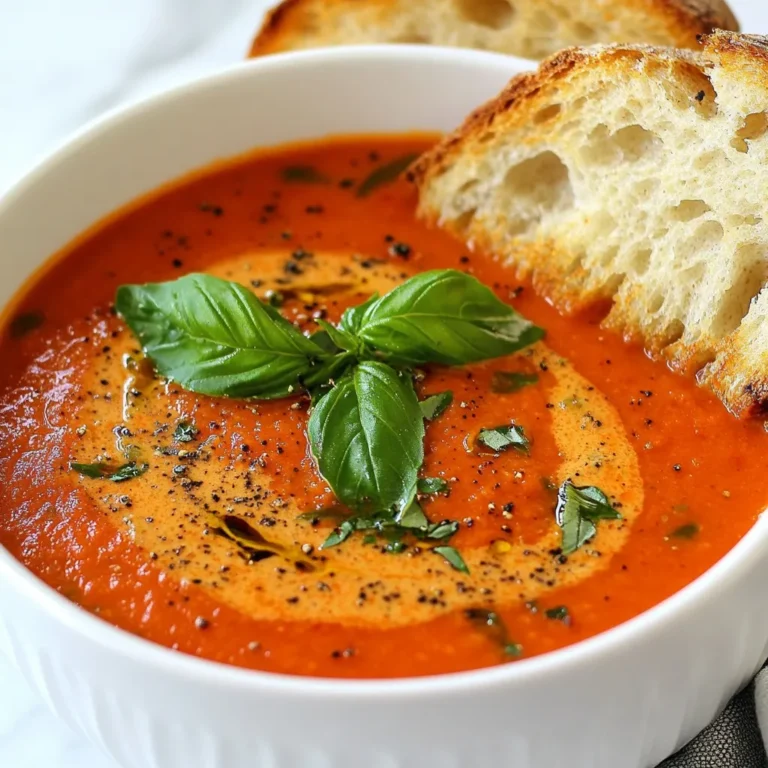 To make a rich and tasty One-Pot Creamy Tomato Basil Soup, you will need: - 2 tablespoons olive oil - 1 medium onion, finely chopped - 4 cloves garlic, minced - 1 teaspoon freshly ground black pepper - 1 teaspoon sea salt - 1 can (28 oz) crushed tomatoes - 2 cups vegetable broth - 1 tablespoon sugar (to balance acidity) - 1 cup heavy cream (or coconut cream for a vegan alternative) - 1 cup fresh basil leaves, roughly chopped - 1 teaspoon dried oregano - Extra fresh basil leaves for garnish - Crusty bread for serving (optional but recommended) Each ingredient plays a role in creating layers of flavor. The crushed tomatoes give the soup its base, while the cream adds richness. Fresh basil brings a bright, herbal note that lifts the dish. I suggest using olive oil for this recipe. It has a lovely flavor that enhances the taste of your soup. You can also use avocado oil as an alternative. Both oils are great for sautéing the onion and garlic, helping to build a solid flavor foundation for your soup. For garnishes, I recommend using extra fresh basil leaves. They add color and a burst of flavor to each bowl. You can also sprinkle some freshly ground black pepper on top for an added kick. To make your meal even better, serve the soup with crusty bread. It’s perfect for dipping and soaking up all the creamy goodness. Enjoying the soup with bread makes it a comforting meal. {{ingredient_image_2}} First, gather your ingredients. You will need: - 2 tablespoons olive oil - 1 medium onion, finely chopped - 4 cloves garlic, minced - 1 teaspoon freshly ground black pepper - 1 teaspoon sea salt - 1 can (28 oz) crushed tomatoes - 2 cups vegetable broth - 1 tablespoon sugar - 1 cup heavy cream (or coconut cream) - 1 cup fresh basil leaves, roughly chopped - 1 teaspoon dried oregano - Extra fresh basil leaves for garnish - Crusty bread for serving (optional) Chop the onion and mince the garlic. This makes it easy to add them to the pot. Next, heat the olive oil in a large pot over medium heat. Wait until it shimmers before adding the onion. Cook the onion for about 5-7 minutes. You want it soft and clear. Then, stir in the garlic, black pepper, and sea salt. Cook for one more minute. This step fills your kitchen with a lovely aroma. Now, pour in the crushed tomatoes and vegetable broth. Add the sugar and dried oregano. Mix everything together. Turn up the heat until the mixture simmers. Cover the pot and let it cook for 15-20 minutes. This helps all the flavors blend well. After the soup has simmered, take it off the heat. Use an immersion blender to puree the soup until it’s smooth. If you don’t have that, carefully move the soup to a regular blender in batches. Once smooth, return it to the pot. Then, stir in the heavy cream or coconut cream and the chopped basil. Heat it gently again, but do not let it boil. Taste your soup. If you need more salt or pepper, add it now. Serve your soup hot, garnished with fresh basil leaves. Enjoy it with crusty bread for a nice touch! To enhance the taste of your One-Pot Creamy Tomato Basil Soup, focus on fresh ingredients. Using fresh basil will give a brighter flavor. Also, add a pinch of sugar. It helps balance the tangy tomatoes. If you want more depth, try adding a splash of balsamic vinegar at the end. It adds a nice kick! The soup's texture is key to its charm. If your soup is too thick, add more vegetable broth. For a creamier soup, increase the heavy cream or coconut cream. Blend until smooth for the best results. Remember, you can always adjust the thickness after blending. Just heat it gently to warm through. Avoid using low-quality canned tomatoes. They can ruin the soup's flavor. Also, do not skip sautéing the onions and garlic. This step builds the soup's base and adds depth. Remember to blend the soup well. Lumpy soup can distract from the creamy texture. Finally, taste as you go! Adjust salt and pepper to suit your taste. Pro Tips Use Fresh Ingredients: Always opt for fresh basil and quality tomatoes for the best flavor. Fresh ingredients can elevate the taste of your dish significantly. Balance the Acidity: If your tomatoes are particularly acidic, adjusting the sugar is key. Start with a small amount and taste as you go to achieve a balanced flavor. Blending Techniques: For a smoother texture, ensure you blend the soup thoroughly. An immersion blender makes this easy, but if using a countertop blender, allow the soup to cool slightly to avoid splatters. Serving Suggestions: Serve the soup with a drizzle of olive oil or a sprinkle of Parmesan cheese for added richness. Crusty bread is perfect for dipping! {{image_4}} To make this soup vegan, swap out the heavy cream for coconut cream. Coconut cream gives a rich flavor without dairy. You can also use almond milk or cashew cream for a lighter option. Both of these choices keep the soup creamy and delicious. If you want to boost the protein, add cooked beans or lentils. Chickpeas or white beans work great in this soup. You can also stir in some cooked quinoa for a hearty touch. If you prefer meat, shredded chicken or sausage can make this dish more filling. Imagine using roasted red peppers for a smoky flavor. You could blend in some spinach or kale for added greens. Instead of dried oregano, try thyme or basil for a fresh twist. These swaps can change the taste and keep things exciting. To store your One-Pot Creamy Tomato Basil Soup, let it cool first. Transfer it to an airtight container. Keep it in the fridge for up to four days. This helps keep the flavors fresh and vibrant. When ready to eat, just take it out and reheat. If you want to save some soup for later, freezing works great. Use freezer-safe containers or bags. Leave some space at the top for expansion. You can freeze the soup for up to three months. When you're ready, thaw it in the fridge overnight before reheating. Reheating is simple. Pour the soup into a pot and heat over medium heat. Stir often to ensure it warms evenly. If it seems too thick, add a splash of vegetable broth or water. You want it hot and creamy again. Once warmed, serve it with fresh basil on top for a tasty touch. To add heat to your soup, you have a few easy options. You can add red pepper flakes to the pot while cooking. Start with a pinch and taste as you go. If you like it hotter, add more. Another option is to stir in diced jalapeños or other fresh chili peppers. You can also use spicy diced tomatoes if you want a quick boost. Yes, you can use fresh tomatoes! If you prefer fresh tomatoes, use about 2 pounds. First, blanch them in hot water for easy peeling. Then, chop the tomatoes and cook them down until soft. This will enhance the flavor and give your soup a fresh taste. Remember to add extra broth to keep the soup from getting too thick. This soup pairs well with many tasty sides. Crusty bread is a classic choice for dipping. You can also serve it with a fresh salad or a grilled cheese sandwich for a cozy meal. For a fun twist, try it with homemade croutons or garlic bread. These sides will complement the soup's rich flavor perfectly. In this article, we explored how to make a delicious creamy tomato basil soup. We covered key ingredients, cooking instructions, and tips to improve flavor. You learned about variations, storage methods, and answered common FAQs. This soup is easy to make and fun to enjoy. With every bowl, you can impress your family and friends. So gather your ingredients and start cooking. You will love the results!