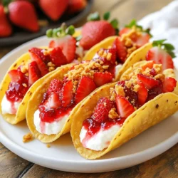 - 1 cup graham cracker crumbs - 1/2 cup unsalted butter, melted - 1 cup cream cheese, softened - 1/2 cup powdered sugar - 1 teaspoon vanilla extract - 1 cup heavy whipping cream - 1 cup fresh strawberries, chopped - 1/4 cup strawberry jam - 1/4 cup crushed freeze-dried strawberries - Mini taco shells (store-bought) Using fresh strawberries makes a big difference. They add bright flavor and color. High-quality cream cheese gives the filling a rich taste. Unsalted butter helps control the salt level in the graham cracker crust. I always recommend using freeze-dried strawberries for that extra crunch. They add a fun texture and a burst of strawberry flavor. The combination of these ingredients creates a delightful treat that will impress anyone. {{ingredient_image_2}} Preheat your oven to 350&deg;F (175&deg;C). Arrange the mini taco shells on a baking sheet. Make sure they sit in a single layer. Bake them for 5 to 7 minutes. You want them to be light and fragrant. Once they are done, take them out and let them cool completely. Grab a large mixing bowl and beat the softened cream cheese. Use an electric mixer on medium speed. Mix until it becomes smooth and creamy. Slowly add the powdered sugar and vanilla extract. Keep mixing until everything blends well and looks fluffy. In a separate bowl, whip the heavy cream using a clean electric mixer. Set it to high speed. Watch for stiff peaks to form. A good tip is to chill your bowl and beaters first. This helps the cream whip better. Once ready, fold the whipped cream into the cream cheese mixture gently. Use a spatula to keep it light and airy. In another bowl, combine the chopped strawberries with the strawberry jam. Gently mix until each piece of strawberry is coated with jam. This adds sweetness and juiciness to your filling. Take your cooled taco shells and spoon the creamy cheesecake filling into each one. Fill them about halfway. For the top, add a generous spoonful of strawberry-jammed strawberries. Make sure to fill them to the brim for an appealing look. To finish, sprinkle crushed freeze-dried strawberries on top of each taco. Use a good amount to add a delightful crunch. This also adds a vibrant color to your tacos. Place the assembled tacos in the refrigerator for at least 30 minutes. This chilling time helps the flavors mix well and allows the filling to set nicely. Enjoy this simple and sweet treat! To get the best cheesecake texture, start with room temperature cream cheese. Cold cream cheese is hard to mix. It can leave lumps in your filling. Let it sit out for about 30 minutes before you start. This makes it easier to blend. Mix the cream cheese on medium speed. Add the powdered sugar and vanilla slowly. This will help you get a smooth and creamy mix. Avoid overmixing. This can add too much air and make the filling too fluffy. For a fun presentation, serve the tacos on a bright platter. You can add fresh mint leaves under the tacos for color. Arrange whole strawberries around them for extra charm. Pair these tacos with a scoop of vanilla ice cream. The cool creaminess balances the sweet strawberry crunch. You can also serve them with whipped cream for a richer treat. One big mistake is overmixing the filling. This can ruin the smooth texture you want. Mix just until combined for the best results. Another mistake is skipping the chilling step. Chilling the tacos for at least 30 minutes helps the flavors mix. It also makes the filling firm up. Don't rush this step if you want the best flavor and texture. Pro Tips Chill Your Tools: For the best whipped cream results, chill your mixing bowl and beaters in the freezer for about 10-15 minutes before whipping. This helps the cream whip up faster and to a better volume. Fresh Strawberries: Use ripe, fresh strawberries for the best flavor. If strawberries are out of season, consider using frozen strawberries that have been thawed and drained. Customize Your Crunch: Experiment with different toppings such as crushed nuts or granola for added texture. Each topping can bring a unique flavor profile to your cheesecake tacos. Make Ahead: These tacos can be made a day in advance. Just assemble them, chill, and keep them covered in the refrigerator until ready to serve for the best flavor and texture. {{image_4}} You can swap strawberries for other fruits. Blueberries and raspberries work great too. Just use the same method to mix them in with the jam. Their tartness adds a new twist. You can even use chopped peaches or mangoes. Each fruit gives its own flavor and color. Feel free to experiment with whatever is in season. Your tacos will be a fun surprise each time! Want to jazz up the cream cheese? Try adding lemon zest for a fresh taste. It brightens the flavors and makes the filling pop. You could also mix in a bit of cocoa powder for a chocolatey flair. Just remember not to overpower the cream cheese. A little goes a long way. These small changes can make your tacos special and fun! If you need gluten-free options, use gluten-free graham crackers. They work just as well in the crust. For dairy-free tacos, try vegan cream cheese and whipped coconut cream. Both options taste great and keep the spirit of the dish. You can still enjoy these tasty tacos without missing out on flavor! To store leftovers, use an airtight container. This keeps the tacos fresh. Place the tacos in the fridge. Make sure to separate layers with parchment paper. This prevents sticking. You can freeze these tacos, but it's best to freeze the filling and shells separately. For the filling, scoop it into a freezer-safe bag. Press out as much air as you can before sealing. For taco shells, wrap them in plastic wrap. This keeps them safe from freezer burn. In the fridge, these tacos last about three days. If frozen, the filling can last up to three months. Taco shells can be frozen for six months. Remember to label your containers, so you know when to use them! To keep your taco shells crispy, you must bake them first. Preheat your oven to 350&deg;F (175&deg;C) and toast the mini taco shells for about 5-7 minutes. This helps them hold their shape and texture. Once baked, let them cool completely before filling. Avoid adding the cheesecake mix too early. If you wait until right before serving, they will stay crunchy. Yes, you can use regular taco shells! However, I recommend mini shells for bite-sized treats. Mini shells are fun and easy to eat. Regular shells may hold more filling, but they can be harder to manage. If using larger shells, adjust the filling amount. This way, everyone can enjoy their taco without spilling. You can prepare much of this treat ahead! Make the cheesecake filling and the strawberry mixture the day before. Store them in the fridge in separate containers. Just assemble the tacos on the day you plan to serve them. This keeps the shells crunchy. Chilling the filled tacos for at least 30 minutes helps everything meld together nicely. This blog post walked you through making delicious cheesecake tacos. We covered ingredients, step-by-step instructions, and helpful tips. You learned how to prepare the taco shells, make a fluffy filling, and assemble your treats. Remember, using high-quality ingredients and following chill times is key. Explore variations with fruits and flavors to keep it exciting. Enjoy these treats fresh or stored carefully. You can impress friends and family with this fun dessert. Now, grab your ingredients and start making your cheesecake tacos today!