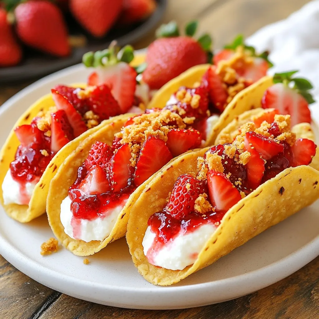- 1 cup graham cracker crumbs - 1/2 cup unsalted butter, melted - 1 cup cream cheese, softened - 1/2 cup powdered sugar - 1 teaspoon vanilla extract - 1 cup heavy whipping cream - 1 cup fresh strawberries, chopped - 1/4 cup strawberry jam - 1/4 cup crushed freeze-dried strawberries - Mini taco shells (store-bought) Using fresh strawberries makes a big difference. They add bright flavor and color. High-quality cream cheese gives the filling a rich taste. Unsalted butter helps control the salt level in the graham cracker crust. I always recommend using freeze-dried strawberries for that extra crunch. They add a fun texture and a burst of strawberry flavor. The combination of these ingredients creates a delightful treat that will impress anyone. {{ingredient_image_2}} Preheat your oven to 350°F (175°C). Arrange the mini taco shells on a baking sheet. Make sure they sit in a single layer. Bake them for 5 to 7 minutes. You want them to be light and fragrant. Once they are done, take them out and let them cool completely. Grab a large mixing bowl and beat the softened cream cheese. Use an electric mixer on medium speed. Mix until it becomes smooth and creamy. Slowly add the powdered sugar and vanilla extract. Keep mixing until everything blends well and looks fluffy. In a separate bowl, whip the heavy cream using a clean electric mixer. Set it to high speed. Watch for stiff peaks to form. A good tip is to chill your bowl and beaters first. This helps the cream whip better. Once ready, fold the whipped cream into the cream cheese mixture gently. Use a spatula to keep it light and airy. In another bowl, combine the chopped strawberries with the strawberry jam. Gently mix until each piece of strawberry is coated with jam. This adds sweetness and juiciness to your filling. Take your cooled taco shells and spoon the creamy cheesecake filling into each one. Fill them about halfway. For the top, add a generous spoonful of strawberry-jammed strawberries. Make sure to fill them to the brim for an appealing look. To finish, sprinkle crushed freeze-dried strawberries on top of each taco. Use a good amount to add a delightful crunch. This also adds a vibrant color to your tacos. Place the assembled tacos in the refrigerator for at least 30 minutes. This chilling time helps the flavors mix well and allows the filling to set nicely. Enjoy this simple and sweet treat! To get the best cheesecake texture, start with room temperature cream cheese. Cold cream cheese is hard to mix. It can leave lumps in your filling. Let it sit out for about 30 minutes before you start. This makes it easier to blend. Mix the cream cheese on medium speed. Add the powdered sugar and vanilla slowly. This will help you get a smooth and creamy mix. Avoid overmixing. This can add too much air and make the filling too fluffy. For a fun presentation, serve the tacos on a bright platter. You can add fresh mint leaves under the tacos for color. Arrange whole strawberries around them for extra charm. Pair these tacos with a scoop of vanilla ice cream. The cool creaminess balances the sweet strawberry crunch. You can also serve them with whipped cream for a richer treat. One big mistake is overmixing the filling. This can ruin the smooth texture you want. Mix just until combined for the best results. Another mistake is skipping the chilling step. Chilling the tacos for at least 30 minutes helps the flavors mix. It also makes the filling firm up. Don't rush this step if you want the best flavor and texture. Pro Tips Chill Your Tools: For the best whipped cream results, chill your mixing bowl and beaters in the freezer for about 10-15 minutes before whipping. This helps the cream whip up faster and to a better volume. Fresh Strawberries: Use ripe, fresh strawberries for the best flavor. If strawberries are out of season, consider using frozen strawberries that have been thawed and drained. Customize Your Crunch: Experiment with different toppings such as crushed nuts or granola for added texture. Each topping can bring a unique flavor profile to your cheesecake tacos. Make Ahead: These tacos can be made a day in advance. Just assemble them, chill, and keep them covered in the refrigerator until ready to serve for the best flavor and texture. {{image_4}} You can swap strawberries for other fruits. Blueberries and raspberries work great too. Just use the same method to mix them in with the jam. Their tartness adds a new twist. You can even use chopped peaches or mangoes. Each fruit gives its own flavor and color. Feel free to experiment with whatever is in season. Your tacos will be a fun surprise each time! Want to jazz up the cream cheese? Try adding lemon zest for a fresh taste. It brightens the flavors and makes the filling pop. You could also mix in a bit of cocoa powder for a chocolatey flair. Just remember not to overpower the cream cheese. A little goes a long way. These small changes can make your tacos special and fun! If you need gluten-free options, use gluten-free graham crackers. They work just as well in the crust. For dairy-free tacos, try vegan cream cheese and whipped coconut cream. Both options taste great and keep the spirit of the dish. You can still enjoy these tasty tacos without missing out on flavor! To store leftovers, use an airtight container. This keeps the tacos fresh. Place the tacos in the fridge. Make sure to separate layers with parchment paper. This prevents sticking. You can freeze these tacos, but it's best to freeze the filling and shells separately. For the filling, scoop it into a freezer-safe bag. Press out as much air as you can before sealing. For taco shells, wrap them in plastic wrap. This keeps them safe from freezer burn. In the fridge, these tacos last about three days. If frozen, the filling can last up to three months. Taco shells can be frozen for six months. Remember to label your containers, so you know when to use them! To keep your taco shells crispy, you must bake them first. Preheat your oven to 350°F (175°C) and toast the mini taco shells for about 5-7 minutes. This helps them hold their shape and texture. Once baked, let them cool completely before filling. Avoid adding the cheesecake mix too early. If you wait until right before serving, they will stay crunchy. Yes, you can use regular taco shells! However, I recommend mini shells for bite-sized treats. Mini shells are fun and easy to eat. Regular shells may hold more filling, but they can be harder to manage. If using larger shells, adjust the filling amount. This way, everyone can enjoy their taco without spilling. You can prepare much of this treat ahead! Make the cheesecake filling and the strawberry mixture the day before. Store them in the fridge in separate containers. Just assemble the tacos on the day you plan to serve them. This keeps the shells crunchy. Chilling the filled tacos for at least 30 minutes helps everything meld together nicely. This blog post walked you through making delicious cheesecake tacos. We covered ingredients, step-by-step instructions, and helpful tips. You learned how to prepare the taco shells, make a fluffy filling, and assemble your treats. Remember, using high-quality ingredients and following chill times is key. Explore variations with fruits and flavors to keep it exciting. Enjoy these treats fresh or stored carefully. You can impress friends and family with this fun dessert. Now, grab your ingredients and start making your cheesecake tacos today!