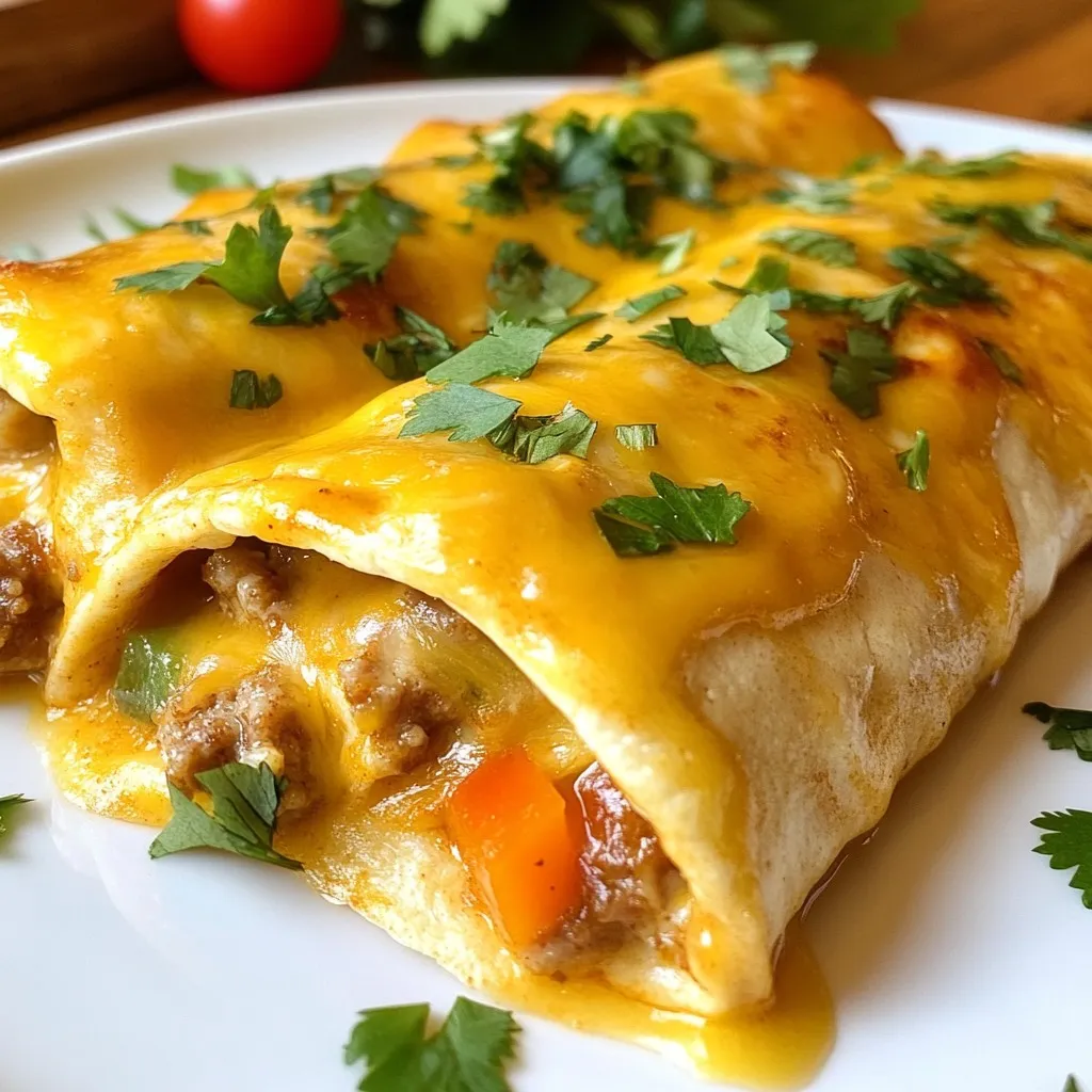 To make breakfast enchiladas with sausage gravy, gather these simple items: - 8 large flour tortillas - 4 large eggs - 1 cup diced bell peppers (mix of red and green) - 1 cup diced onions - 1 cup shredded cheddar cheese - 1 cup cooked breakfast sausage, crumbled - 2 cups milk - 1/4 cup all-purpose flour - 1 teaspoon garlic powder - 1 teaspoon onion powder - Salt and pepper to taste - 2 tablespoons olive oil - Fresh cilantro for garnish (optional) You can add more flair with these garnishes: - Chopped fresh cilantro - Sliced avocados - A sprinkle of red pepper flakes for heat Don’t worry if you lack an item. Here are some swaps: - Use corn tortillas instead of flour for a gluten-free option. - Swap cheddar cheese for Monterey Jack or pepper jack for extra flavor. - If you don’t have bell peppers, try using spinach or zucchini. - Use plant-based sausage for a vegetarian twist. These ingredients create a mouthwatering dish that warms the heart and satisfies the soul. Enjoy your cooking! {{ingredient_image_2}} 1. Preheat your oven to 350°F (175°C). 2. Cook diced onions and bell peppers in olive oil. 3. Whisk eggs and cook with the veggies. 4. Prepare tortillas with the filling. 5. Roll and place enchiladas in a baking dish. 6. Make sausage gravy in the same skillet. 1. Preheat the Oven: Set your oven to 350°F (175°C). This makes sure it is hot when you bake the enchiladas. 2. Cook the Vegetables: Heat 2 tablespoons of olive oil in a large skillet over medium heat. Add 1 cup of diced onions and 1 cup of diced bell peppers. Sauté them until soft and fragrant, about 5-7 minutes. 3. Whisk the Eggs: In a bowl, crack 4 large eggs and add a pinch of salt and pepper. Whisk until blended. Pour the eggs into the skillet with the veggies. Stir gently until the eggs are softly scrambled and set. Remove the skillet from heat and set aside. 4. Prepare the Tortillas: Lay out 8 large flour tortillas on a clean surface. Spoon the cooked vegetable and egg mix down the center of each tortilla. Add crumbled sausage and shredded cheese on top. 5. Roll the Enchiladas: Tightly roll each tortilla from one end to the other. Tuck in the filling as you roll. Place each rolled enchilada seam-side down in a greased baking dish. 6. Make the Sausage Gravy: Put the skillet back on heat. Add the remaining crumbled sausage and cook for 2 minutes. Sprinkle 1/4 cup of flour over the sausage. Mix well and cook for 1 minute. Gradually whisk in 2 cups of milk, along with 1 teaspoon of garlic powder and 1 teaspoon of onion powder. Bring to a gentle simmer and cook until thickened, about 5 minutes. Season with salt and pepper. 1. Assemble the Dish: Pour the sausage gravy over the enchiladas in the baking dish. Make sure every enchilada is well coated. 2. Bake: Place the baking dish in your preheated oven. Bake for 25-30 minutes until the enchiladas are hot and bubbly. 3. Garnish and Serve: Remove the dish from the oven and let it cool slightly. If you like, sprinkle fresh cilantro on top for a burst of color and taste. Serve hot and enjoy your breakfast enchiladas! To cook great scrambled eggs, start with fresh eggs. Crack four large eggs into a bowl. Whisk them until the yolks and whites blend well. Add a pinch of salt and pepper for flavor. Heat a skillet over medium heat and add a little olive oil. Pour in the eggs and stir gently. This keeps them soft and creamy. Remove them from heat when just set, as they continue to cook off the heat. For thick and tasty sausage gravy, start by cooking the sausage in a skillet. Use medium heat to brown it well. Once it’s cooked, sprinkle flour over the sausage. Stir it in for about a minute. Slowly whisk in two cups of milk, mixing well to avoid lumps. Keep stirring until the gravy bubbles and thickens. It should coat the back of a spoon. If it’s too thick, add a bit more milk until you reach your desired consistency. To prevent enchiladas from sticking, grease your baking dish with olive oil. This simple step helps keep them from sticking together. You can also line the dish with parchment paper for extra safety. When rolling the tortillas, don’t overfill them. This makes it easier to tuck in the edges. Place them seam-side down in the dish. Finally, pour the gravy over the enchiladas just before baking. This keeps them moist and helps them slide out easily. Pro Tips Use Fresh Ingredients: Whenever possible, opt for fresh vegetables and herbs to enhance the flavor and nutritional value of your enchiladas. Customize the Filling: Feel free to add other ingredients like black beans, spinach, or different cheeses to customize your enchiladas to your taste. Let It Rest: After baking, allow the enchiladas to rest for about 5 minutes before serving. This helps them set and makes serving easier. Make It Ahead: You can assemble the enchiladas a day in advance and store them in the refrigerator. Just add the gravy before baking. {{image_4}} You can easily make this dish vegetarian. Just skip the sausage. Use cooked black beans or sautéed mushrooms instead. Add extra veggies like zucchini or spinach for more flavor. You’ll still get a delicious meal that everyone will love. Want some heat? Use hot sausage instead of mild. You can also add red pepper flakes or diced jalapeños to the gravy. This adds a nice kick that will wake up your taste buds. Adjust the spices to your liking for the perfect spicy touch. You can mix up the fillings in your enchiladas. Try using diced cooked potatoes or sweet potatoes for a hearty twist. You can also add cheese varieties like pepper jack or Monterey Jack for a different flavor profile. Experiment with fresh herbs like basil or chives for a fresh taste. After enjoying your breakfast enchiladas, let them cool down first. Then, place them in an airtight container. You can store them in the fridge for up to four days. To keep them fresh, avoid stacking them too high. You want to prevent them from getting squished. When you’re ready to enjoy leftovers, preheat your oven to 350°F (175°C). Place the enchiladas in a baking dish and cover them with foil. Heat for about 20 minutes or until warm. If you prefer a quicker method, you can use the microwave. Heat them in short bursts of 30 seconds until hot. You can freeze breakfast enchiladas for later use. Wrap each enchilada tightly in plastic wrap. Then, place them in a freezer-safe bag or container. They can stay frozen for up to three months. When you want to eat them, thaw them in the fridge overnight before reheating. This way, they will taste fresh when you enjoy them. Yes, you can make these breakfast enchiladas ahead of time. Prepare the filling and sauce as instructed. Instead of baking, cover the assembled dish and store it in the fridge for up to 24 hours. When you're ready to eat, just pop it in the oven. This saves time on busy mornings. Many sides work well with these enchiladas. Here are some tasty options: - Fresh fruit salad - Sliced avocados - Crispy hash browns - A simple green salad - Refried beans These sides add color and flavor to your meal. Leftovers of breakfast enchiladas last about 3 to 4 days in the fridge. Store them in an airtight container. To reheat, place them in the oven or microwave until warmed through. Enjoy your delicious meal again! This post shared key ingredients and steps for making breakfast enchiladas. You learned about optional garnishes and ingredient swaps to fit your taste. I covered cooking tips for perfect scrambled eggs and gravy. You also discovered variations, like vegetarian options and spicy sausage gravy. Lastly, I provided storage tips for leftovers and reheating. In conclusion, with these insights, you can make delicious breakfast enchiladas that suit your needs. Enjoy cooking and share your tasty creations with others!