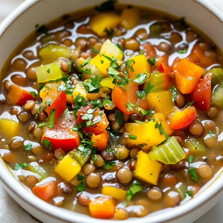 - 1 cup green or brown lentils, thoroughly rinsed - 1 medium onion, finely diced - 2 garlic cloves, minced - 2 medium carrots, diced - 1 celery stalk, diced - 1 red bell pepper, diced - 1 can (14 oz) diced tomatoes, with juices - 4 cups vegetable broth - 1 teaspoon ground cumin - 1 teaspoon smoked paprika - 1 teaspoon dried oregano - Salt and freshly ground black pepper, to taste - 2 tablespoons extra-virgin olive oil - Juice of 1 fresh lemon - Fresh parsley, chopped for garnish Lentils serve as the star of this dish. They are full of protein and fiber. I love using green or brown lentils. They hold their shape well during cooking. Next, the mix of veggies adds color and flavor. I choose a medium onion, garlic, carrots, celery, and red bell pepper. Each one adds its unique taste to the soup. The diced tomatoes bring a nice acidity. They also help create a lovely base for the soup. Vegetable broth adds depth. It provides a rich background flavor. Olive oil enhances the taste and helps with cooking. Lastly, lemon juice brightens the soup. It adds a fresh note that lifts the flavors. - This recipe makes 4 servings. - Adjust the amounts for larger or smaller servings. - You can double or halve the recipe easily. If you want to make more, just double all the ingredients. If you want less, cut them in half. This soup is great for meal prep. You can store leftovers for later. It tastes even better the next day! {{ingredient_image_2}} 1. Rinse and measure lentils Start by rinsing 1 cup of green or brown lentils. This removes grit and dirt. After rinsing, measure the lentils to ensure you have the right amount. 2. Dice vegetables Dice one medium onion, two medium carrots, one celery stalk, and one red bell pepper. Also, mince two garlic cloves. This mix of veggies adds flavor and nutrition. 3. Gather all ingredients Lay out all your ingredients. You will need the lentils, diced vegetables, a can of diced tomatoes, vegetable broth, spices, olive oil, lemon juice, salt, black pepper, and fresh parsley for garnish. 1. Sautéing the aromatics In a large pot, heat 2 tablespoons of extra-virgin olive oil over medium heat. Once hot, add the diced onion. Sauté the onion for about 5 minutes until it turns translucent. Then, add the minced garlic, carrots, celery, and red bell pepper. Stir and cook for 5-7 minutes until the veggies soften and smell great. 2. Adding lentils and liquids Next, add the rinsed lentils to the pot. Pour in the can of diced tomatoes with their juices. Then add 4 cups of vegetable broth. Sprinkle in 1 teaspoon of ground cumin, 1 teaspoon of smoked paprika, and 1 teaspoon of dried oregano. Mix everything well to combine. 3. Simmering for flavor development Increase the heat until the mixture boils. Once boiling, lower the heat to a gentle simmer. Cover the pot and let it simmer for about 30-35 minutes. This allows the lentils to cook and the flavors to blend. 1. Blending for creaminess If you want a creamier soup, use an immersion blender to blend it slightly. You can also transfer a portion to a regular blender. Blend until smooth and return it to the pot. 2. Seasoning adjustments Finally, season the soup with salt and freshly ground black pepper to taste. Squeeze in the juice of one fresh lemon for brightness. Stir well and heat for an additional 5 minutes. This step helps the flavors come together beautifully. To boost the taste of your vegan Mediterranean lentil soup, use the right spices and herbs. Ground cumin adds warmth. Smoked paprika gives a nice, smoky depth. Dried oregano pairs perfectly with the tomatoes. Try adding fresh herbs like basil or thyme for a fresh twist. For cooking techniques, sauté your vegetables in olive oil first. This builds a rich base. Always cook lentils gently. Avoid high heat to keep them tender. A gentle simmer helps the flavors blend well. A common error is overcooking or undercooking lentils. Overcooked lentils turn mushy, while undercooked ones remain hard. Aim for a tender, but not falling apart texture. Check them at about 30 minutes. Balancing seasonings is key too. Taste your soup before serving. Adjust salt and pepper to your liking. A hint of lemon juice brightens the flavors. Don’t skip this step! For a stunning presentation, serve the soup in large, colorful bowls. Drizzle a bit of olive oil on top for shine. Add a sprinkle of fresh parsley for color. Pair your soup with crusty bread for a complete meal. A side salad can add freshness. Choose greens like arugula or spinach for a nice crunch. This makes your meal balanced and appealing. Pro Tips Use Fresh Herbs: Fresh parsley is a great garnish, but consider adding fresh basil or cilantro for an extra layer of flavor. Enhance with Acid: A splash of red wine vinegar or apple cider vinegar can brighten up the flavors even more than lemon juice. Store Properly: This soup keeps well in the fridge for up to 5 days and freezes well, making it perfect for meal prep. Adjust Consistency: If you prefer a thicker soup, let it simmer longer without the lid, or blend in more lentils for a creamier texture. {{image_4}} You can change the lentils. Try red lentils for a quicker cook time. You can also use chickpeas or black beans for a different taste. For grains, swap lentils with quinoa or farro. Both add a nice texture. Switch up your veggies too. You can add spinach, kale, or zucchini. These add color and extra nutrients. If you want a richer taste, add sweet potatoes or turnips. Want some heat? Add red pepper flakes or cayenne. This will give your soup a nice kick. You can also use fresh chili peppers if you prefer. For a twist on herbs, use fresh basil or thyme. These herbs change the flavor nicely. You can also mix in some fresh mint for a refreshing touch. If you need a gluten-free option, check your broth. Make sure it is gluten-free. Lentils are naturally gluten-free, so you’re good there. For a low-sodium version, use low-sodium broth. You can also skip added salt. Use lemon juice and herbs instead for flavor. This keeps the soup tasty and healthy. To keep your Vegan Mediterranean Lentil Soup fresh, cool it quickly. Place it in shallow containers to help it cool faster. Use airtight containers for best results. This keeps flavors strong and prevents spoilage. Store the soup in the fridge for up to five days. You can freeze this soup for later. Let it cool completely before freezing. Pour the soup into freezer-safe bags or containers. Be sure to leave some space at the top for expansion. The soup can last in the freezer for up to three months. When you're ready to eat, thaw it overnight in the fridge. Reheat your soup on the stove for the best flavor. Use medium heat and stir often. You can also use the microwave, but check every minute to avoid overcooking. If the soup thickens, add a splash of broth or water to loosen it. Enjoy it warm for a comforting meal. Yes, you can! Making this soup ahead of time has many benefits. It allows the flavors to blend and deepen. You can save time on busy days. Reheating is quick and easy. Plus, it tastes even better the next day. You can store leftover soup in the fridge for about 4 to 5 days. Use an airtight container for the best results. If you want to keep it longer, freezing is a great option. Just remember to label it with the date before putting it in the freezer. Lentils are packed with nutrition. They are high in protein, which helps build muscles. They also have a lot of fiber, good for digestion. These tiny legumes are low in fat, making them heart-healthy. Plus, they are rich in vitamins and minerals. Enjoying lentils in this soup gives you a hearty and healthy meal. This blog post covers a tasty lentil soup recipe with helpful tips. You learned about key ingredients, proper proportions, and step-by-step cooking instructions. We also shared common mistakes to avoid and creative variations for different diets. Proper storage methods keep your soup fresh and flavorful. By following these steps, you can make a delicious and healthy dish. Enjoy your cooking journey with this lentil soup!