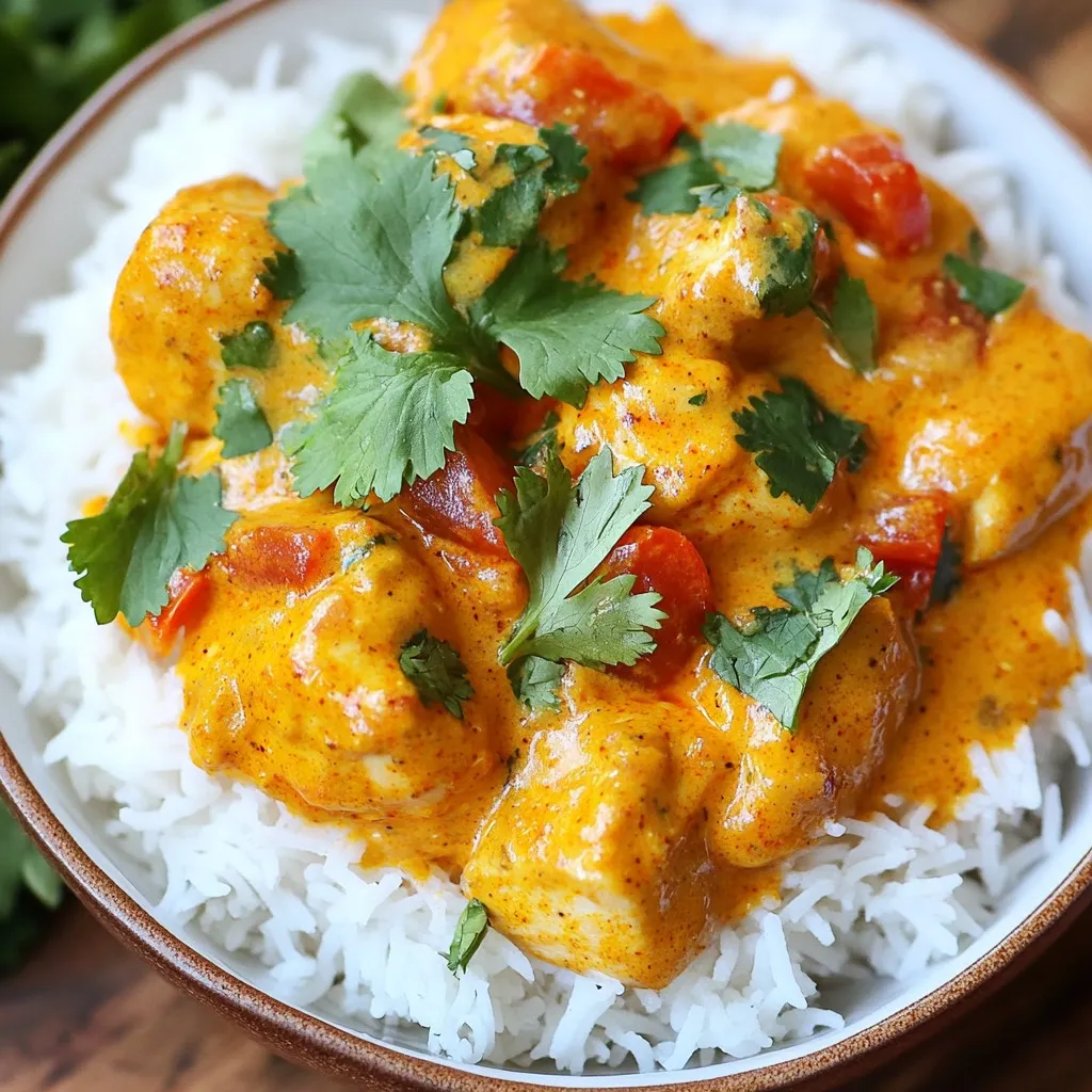 - 1.5 lbs boneless, skinless chicken thighs - 1 can coconut milk - 1 cup diced tomatoes - 1 large onion, finely chopped - 3 cloves garlic, minced - 1 tablespoon fresh ginger, grated - 2 tablespoons garam masala - 1 tablespoon curry powder - 1 teaspoon ground cumin - 1 teaspoon turmeric - 1 teaspoon cayenne pepper - Salt, to taste - 1 tablespoon honey or maple syrup - Fresh cilantro for garnish - Cooked rice or warm naan for serving When I make this dish, I start with the chicken. I use boneless, skinless chicken thighs. They stay juicy and tender. Next, I add the coconut milk. It gives the dish a creamy texture and rich flavor. Diced tomatoes add sweetness and acidity. They balance the creaminess well. Onions, garlic, and ginger build the base flavor. I chop the onion finely so it cooks down nicely. The minced garlic and grated ginger add depth. They create a lovely aroma while cooking. For spices, I reach for garam masala, curry powder, cumin, turmeric, and cayenne pepper. These spices bring heat and warmth to the dish. Adjust the cayenne to your taste. If you like it milder, use less. Honey or maple syrup can add a hint of sweetness. I stir it in before serving, but it’s optional. Fresh cilantro gives a pop of color and flavor. It brightens each bite. Finally, I serve this dish with rice or warm naan. The rice soaks up the sauce. Naan is perfect for scooping up every bit. This dish is comforting and full of flavor. It’s a real crowd-pleaser! {{ingredient_image_2}} First, grab a large mixing bowl. I like to use one that is big enough to give me space to work. Add 1.5 lbs of boneless, skinless chicken thighs, cut into bite-sized pieces. Now, it’s time to mix in the spices. I use 2 tablespoons of garam masala, 1 tablespoon of curry powder, 1 teaspoon of ground cumin, 1 teaspoon of turmeric, and 1 teaspoon of cayenne pepper. Add salt to taste. Gently massage the spices into the chicken. Ensure each piece is well-coated. This step makes a huge difference in flavor. You want every bite to be full of taste. Next, let’s create a vegetable base in the crockpot. Start by finely chopping 1 large onion and adding it to the bottom. Then, mince 3 cloves of garlic and grate 1 tablespoon of fresh ginger. Toss in 1 cup of diced tomatoes, either fresh or canned. This mix will give your dish a great flavor foundation. Carefully place the spiced chicken over the vegetable base. Spread it out evenly to allow for the best cooking. Now comes the magic of coconut milk. Pour in 1 can of coconut milk over the chicken and veggies. Make sure to mix everything well so the chicken is submerged in that creamy goodness. Cover the crockpot with its lid. Set it to cook on low for 6-8 hours or on high for 4-5 hours. It’s important to check for doneness. The chicken should be tender and fully cooked through. You can use a meat thermometer to be sure it reaches 165°F. If you want a touch of sweetness, stir in 1 tablespoon of honey or maple syrup about 10 minutes before serving. - Best practices for slow cooking: Always layer your ingredients properly. Start with onions, garlic, and tomatoes. This gives a nice base. Make sure to cut chicken into even pieces. This helps it cook evenly. Keep the lid on during cooking. It keeps the heat in and makes the chicken tender. - Adjusting spice levels: Start with less cayenne pepper if you prefer mild flavors. You can always add more later. Taste your dish 30 minutes before it’s done. This way, you can adjust the spices to your liking. Remember, the flavors will deepen as it cooks. - How to present the dish: Serve Coconut Chicken Tikka Masala in deep, colorful bowls. This shows off the bright sauce. Top it with fresh cilantro for a pop of green. Adding lime wedges on the side can give a zesty touch. - Ideal side dishes: Fluffy rice pairs perfectly with this dish. Naan bread is also great for scooping up the sauce. You can also serve it with a fresh salad for a light crunch. - Optional sweeteners explanation: Honey or maple syrup adds a hint of sweetness. Add it about ten minutes before serving. This balances the spices well if you like a sweeter taste. - Flavor booster tips: Consider adding a splash of lemon juice for brightness. You can also toss in some peas or spinach in the last hour of cooking. This adds color and nutrition without much effort. Pro Tips Marinate for Maximum Flavor: Allow the chicken to marinate in the spices for at least 30 minutes, or overnight if possible, to deepen the flavors. Adjust the Spice Level: Modify the amount of cayenne pepper according to your heat preference. Start with less and add more to taste. Thicken the Sauce: If you prefer a thicker sauce, uncover the crockpot for the last hour of cooking to allow some liquid to evaporate. Enhance with Fresh Herbs: Add fresh herbs like mint or basil along with cilantro for an extra layer of freshness and flavor. {{image_4}} You can switch the chicken for different meats. Try beef or lamb for a richer taste. Pork also works well in this dish. Each meat offers a unique flavor. If you want a vegetarian option, use cooked lentils or chickpeas. These add protein and absorb the spices well. You can also use paneer, a soft Indian cheese. It gives a creamy texture and a mild flavor. To make this dish vegan, use tofu or chickpeas. Tofu soaks up flavors nicely. Press it first to remove excess water. This helps it absorb the spices better. Chickpeas are another great choice. They are filling and add a nutty taste. Both options work well in the coconut sauce. Explore different spice blends to make the dish unique. You can use curry leaves or mustard seeds. These add a nice twist to the flavor profile. Adding seasonal vegetables enhances the dish too. Try bell peppers, spinach, or sweet potatoes. These ingredients not only add color but also nutrition. Adjust the spices based on your taste. After cooking, let your coconut chicken tikka masala cool. Use a clean, airtight container. This will keep the dish fresh. In the fridge, it lasts about 3 to 4 days. Make sure the temperature is below 40°F (4°C) to prevent spoilage. You can freeze this dish for up to 3 months. First, let it cool completely. Then, place it in a freezer-safe container. Label the container with the date. When reheating, thaw it overnight in the fridge. To reheat, warm it on the stove or in the microwave. Stir well to ensure even heating. Get creative with leftovers! You can use the chicken tikka masala in wraps or sandwiches. It also makes a great topping for baked potatoes. Another idea is to mix it with pasta for a unique dish. You can even drizzle it over a salad for extra flavor. Enjoy experimenting with these tasty options! What to serve with Coconut Chicken Tikka Masala? Coconut chicken tikka masala pairs well with fluffy rice or warm naan. The rice soaks up the rich sauce. Naan is great for dipping. You can also serve it with a side salad or some roasted vegetables for balance. Can I make this dish without coconut milk? Yes, you can use yogurt or heavy cream instead. Keep in mind that this will change the flavor and texture. If you want a lighter option, try unsweetened almond milk. Just adjust the spices to enhance your chosen substitute. Can I cook on high instead of low? Absolutely! You can cook on high for 4-5 hours. The chicken will still become tender. Just be sure to check for doneness before serving. Cooking on low for 6-8 hours is best for deeper flavor. How do I know when the chicken is fully cooked? The chicken is done when it reaches an internal temperature of 165°F. It should be tender and easy to shred. If it’s still pink or tough, let it cook longer. What can I use instead of chicken thighs? You can use chicken breasts if you prefer. They will cook in a similar way. For a different protein, try shrimp or even chickpeas for a vegetarian option. How can I adjust the spice level? To make the dish milder, reduce or skip the cayenne pepper. You can also add more coconut milk for creaminess. For more heat, add extra cayenne or some chopped fresh chili peppers. Adjust spices to fit your taste! This blog covers Coconut Chicken Tikka Masala, showing you every step. We explored the main and optional ingredients, along with spices for flavor. I provided tips on cooking and serving, and also mentioned variations for your taste. In closing, this dish is easy, delicious, and adaptable. Enjoy making it for friends and family!