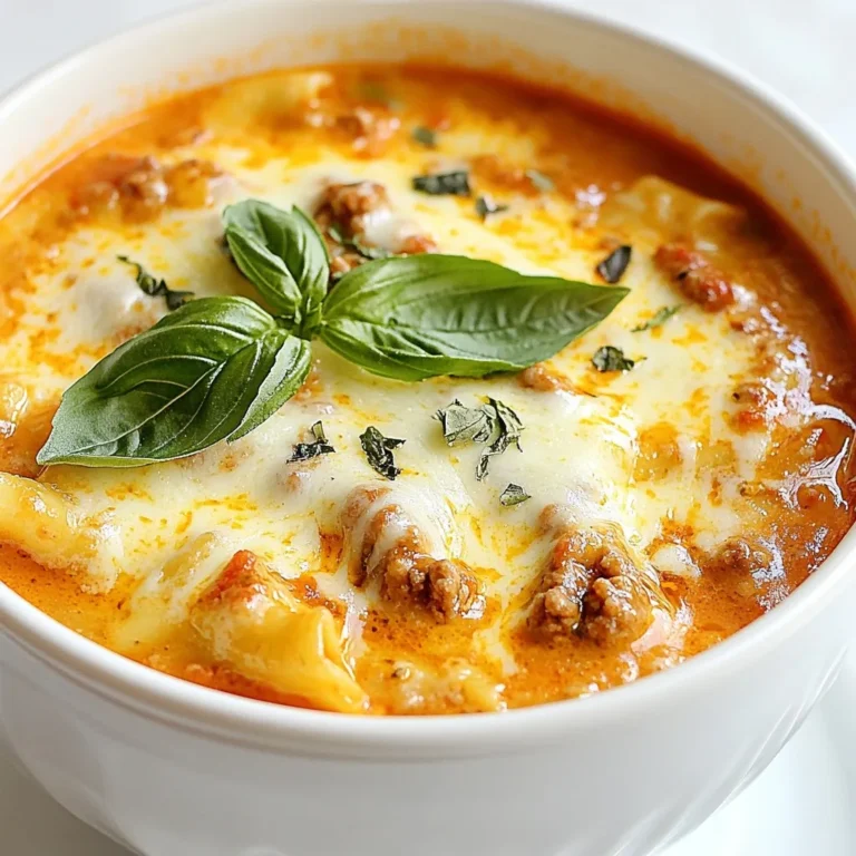 To make Cozy Creamy Lasagna Soup, you will need several key ingredients. Here’s the list: - 2 tablespoons olive oil - 1 medium onion, finely chopped - 3 cloves garlic, minced - 1 pound ground beef or ground turkey - 1 teaspoon Italian seasoning - 1/2 teaspoon red pepper flakes (optional) - 1 (28-ounce) can of crushed tomatoes - 4 cups chicken broth or vegetable broth - 8 lasagna noodles, broken into bite-sized pieces - 1 cup ricotta cheese - 1 cup heavy cream - 1 cup shredded mozzarella cheese - 1/2 cup grated Parmesan cheese - Fresh basil leaves, for garnish - Salt and freshly cracked pepper, to taste These ingredients create a rich and hearty soup. The olive oil adds depth, while the onion and garlic bring a wonderful aroma. You can choose ground beef or turkey based on your preference. Italian seasoning gives the dish its classic taste. The crushed tomatoes and broth form a savory base. The broken lasagna noodles make this soup filling and fun. Ricotta and heavy cream create a creamy texture. Mozzarella and Parmesan add a cheesy finish. Finally, fresh basil garnishes the soup beautifully. This combination of ingredients makes the soup comforting and delicious. It warms you up on cold days and satisfies your hunger. {{ingredient_image_2}} - Sauté onion and garlic: Heat 2 tablespoons of olive oil in a large pot. Add 1 medium onion, finely chopped. Sauté for 3-4 minutes until it is soft and smells good. Then, add 3 cloves of minced garlic and stir for about 1 minute. This will give your soup a strong base. - Cook ground meat: Next, add 1 pound of ground beef or turkey. Cook until the meat turns brown. Make sure to break it up as it cooks. Once browned, drain any fat from the pot. This keeps the soup light and fresh. - Add spices and tomatoes: Now, sprinkle in 1 teaspoon of Italian seasoning and 1/2 teaspoon of red pepper flakes if you want some heat. Stir for 1 minute. Then, pour in 1 (28-ounce) can of crushed tomatoes. Mix it well. This will add a rich flavor to your soup. - Boil broth and noodles: Add 4 cups of chicken or vegetable broth to the pot. Increase the heat until the mixture boils. Once boiling, break 8 lasagna noodles into smaller pieces and add them. Simmer for 10-12 minutes until the noodles are soft but still firm. - Incorporate dairy ingredients: Lower the heat. Stir in 1 cup of ricotta cheese and 1 cup of heavy cream. Mix until the soup looks smooth and creamy. This gives the soup a cozy texture. - Season and simmer: Add salt and freshly cracked pepper to taste. Let the soup simmer for an extra 5 minutes. This helps all the flavors come together. Serve the soup hot, garnished with fresh basil leaves for a lovely touch. - Use fresh herbs for enhanced flavor. Fresh basil adds a bright touch. You can also try fresh oregano for extra flavor. - Adjust seasoning to taste. Taste the soup as you cook. Add more salt or pepper as needed. Everyone's taste is different. - Substitute for healthier options. Use ground turkey instead of beef for a leaner dish. You can also swap heavy cream for low-fat milk. - How to prevent noodles from getting mushy. Break lasagna noodles into smaller pieces. Add them to the soup only when needed. This keeps them firm and tasty. - Best practices for a creamy texture. Stir in the ricotta and cream slowly. This helps keep the soup smooth. Mix well to avoid clumps. Pro Tips Use Fresh Herbs: Fresh basil can elevate the flavor of your soup. Add it just before serving to keep its vibrant taste and aroma. Customize Your Protein: Feel free to substitute ground beef with ground turkey or even plant-based meat for a lighter version of this soup. Cheese Variations: Experiment with different cheeses like provolone or fontina for a unique twist on the classic lasagna flavors. Meal Prep Friendly: This soup can be made ahead of time and stored in the fridge for up to 3 days. Just reheat and add a splash of cream before serving. {{image_4}} You can switch the ground meat for other options. For a vegan choice, use lentils, mushrooms, or plant-based crumbles. These options give great texture and flavor. If you want dairy-free creaminess, try coconut cream or cashew cream. Both options will add rich flavor without dairy. To boost the flavor, add more vegetables. Spinach is a great choice. It wilts nicely and adds nutrients. Zucchini also works well. Its mild taste complements the soup. You can also mix up the cheese. Try using provolone or gouda for a unique twist. Each cheese brings its own flavor. Experiment to find your favorite blend! To keep your Cozy Creamy Lasagna Soup fresh, store it correctly. - Refrigeration tips for leftovers: Let the soup cool down first. Once cool, transfer it to an airtight container. It will stay fresh in the fridge for about 3 to 4 days. Before serving, give it a good stir to mix the flavors. - Freezing guide for long-term storage: If you want to save some for later, freezing is a great option. Portion the soup into freezer-safe bags or containers. Leave some space at the top, as the soup will expand when it freezes. This soup can last up to 3 months in the freezer. When you're ready to eat, thaw it overnight in the fridge. When it’s time to enjoy your soup again, follow these easy steps. - Best methods for reheating soup: The best way to reheat your lasagna soup is on the stove. Pour the soup into a pot and heat it over medium-low heat. Stir it often to avoid sticking. If the soup is too thick, add a little broth or water to reach your desired consistency. You can also use a microwave. Place the soup in a microwave-safe bowl, cover it loosely, and heat in short bursts. Stir between each burst until it's hot. Yes, you can make this soup ahead of time. Cook it fully and let it cool. Store it in the fridge for up to three days. When ready to eat, just reheat it on the stove. The flavors will blend even more, making it taste amazing. To thicken the soup, you have a few options. You can add more ricotta cheese or heavy cream. Another way is to mix in a cornstarch slurry. Just mix one tablespoon of cornstarch with two tablespoons of cold water, then stir it into the soup. Heat until it thickens. Yes, you can easily make this soup vegetarian. Replace the ground meat with mushrooms or lentils. Use vegetable broth instead of chicken broth. Add more veggies like spinach or zucchini for extra flavor and nutrients. Chicken broth works great for this soup, as it adds rich flavor. However, vegetable broth is also a good choice if you want a vegetarian option. Both types of broth will give the soup a hearty base that enhances the taste. You learned how to make a delightful lasagna soup. We covered the main ingredients, preparation, cooking steps, and tips for success. You can switch ingredients to suit your taste, like using vegan options or fresh herbs. Proper storage and reheating are key to keeping your soup tasty. With these steps and tricks, anyone can enjoy a warm bowl of lasagna soup. Happy cooking!
