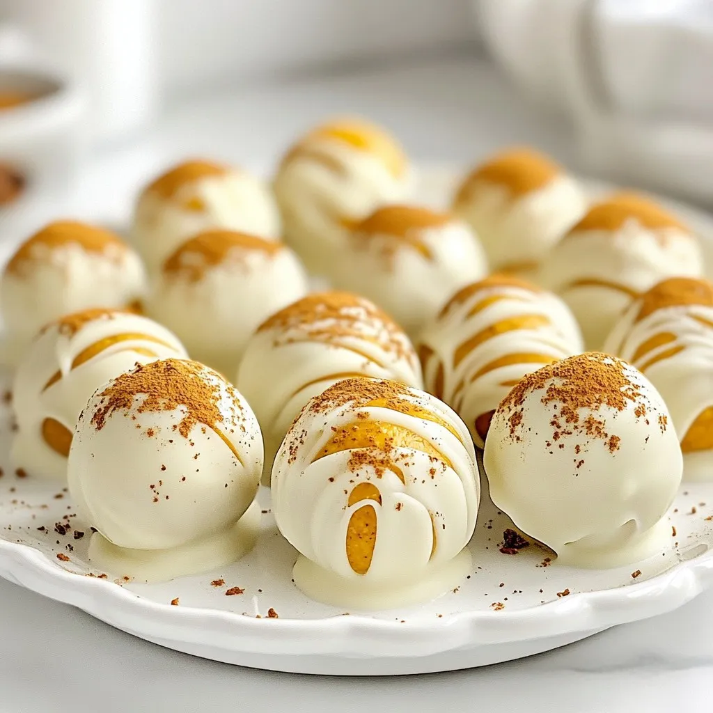 To make Pumpkin Oreo Truffles, you'll need some simple and tasty ingredients. Here’s the list for you: - Pumpkin Spice Oreo cookies - Cream cheese - Vanilla extract - White chocolate chips - Coconut oil (optional) - Ground cinnamon - Nutmeg - Ground ginger - Garnish options (sprinkles or crushed nuts) These ingredients work together to create a sweet and creamy treat. Pumpkin Spice Oreo cookies give the truffles their unique flavor. Cream cheese adds richness and a smooth texture. Vanilla extract enhances the taste, while white chocolate chips provide a lovely coating. If you want a smoother finish, use coconut oil. Ground cinnamon, nutmeg, and ginger add warm spice notes to the truffles. You can also choose fun garnishes like sprinkles or crushed nuts to make them look pretty and festive. Gather these ingredients, and you're ready to create a delightful dessert that everyone will love! {{ingredient_image_2}} To start, grab your food processor. Add the whole package of Pumpkin Spice Oreo cookies. Pulse them until they turn into fine crumbs. This usually takes 30 seconds to 1 minute. The goal is to have crumbs that look like sand. This uniform texture helps the truffles hold together well later on. Next, take a large mixing bowl. Combine the crushed Oreos, softened cream cheese, and vanilla extract. Use a spatula or your hands to mix everything. You want a smooth dough-like texture. Make sure there are no lumps in the mixture. This step is key to a tasty truffle. Now, cover the bowl tightly with plastic wrap. Place it in the fridge for about 30 minutes. Chilling makes the mixture firm. This way, it will be easier to roll into truffles later. Once chilled, take the mixture out of the fridge. Scoop about a tablespoon of it. Roll it between your palms to form a ball, about 1 inch in size. Place the rolled truffles on a parchment-lined baking sheet. Keep going until you shape all the mixture into truffles. For the chocolate, use a microwave-safe bowl. Combine the white chocolate chips and coconut oil, if you're using it. Microwave this in 30-second intervals. Stir well after each interval. Stop when the chocolate is fully melted and smooth. Be careful not to overheat it, as this can ruin the chocolate. Using a fork, dip each truffle into the melted chocolate. Make sure each one is fully coated. Gently tap the fork on the bowl's side. This removes any extra chocolate. Then, place the coated truffle back on the lined baking sheet. Before the chocolate sets, you can add some flair. Sprinkle ground cinnamon, nutmeg, or crushed nuts on top of each truffle. This adds both flavor and a festive look. Use your favorite toppings for a personal touch. Finally, return the baking sheet with the truffles to the fridge. Let them chill for at least 30 minutes. This helps the chocolate coating harden completely. Enjoy your delicious Pumpkin Oreo truffles! To make the best Pumpkin Oreo truffles, focus on a few key tasks: - Achieving the perfect truffle consistency: After mixing the Oreo crumbs with cream cheese, the mixture must feel soft but firm. It should roll easily into balls. If it feels too sticky, chill it longer before rolling. - Ensuring even chocolate coating: When dipping truffles in melted white chocolate, use a fork to fully coat each one. Tap off any extra chocolate. This helps avoid thick spots and keeps your truffles looking neat. Avoid these common pitfalls to ensure your truffles turn out right: - Overcrushing or undercrushing Oreos: If the crumbs are too large, the truffles won't hold together. If they are too fine, they may become too wet when mixed. Aim for a sand-like texture. - Not chilling sufficiently: Chilling the mixture helps it firm up. If you skip this step, your truffles may lose shape when you roll them. Always chill the mixture for at least 30 minutes. Make your truffles shine with these fun serving ideas: - Creative serving suggestions: Arrange your truffles on a decorative platter. Drizzle extra melted white chocolate over them for a beautiful touch. - Using decorative platters: Use colorful candy cups or festive dishes to display your truffles. This adds flair and draws attention to your delicious treats. Pro Tips Use Room Temperature Cream Cheese: Ensure your cream cheese is softened to room temperature for easier blending, resulting in a smoother truffle filling. Experiment with Flavors: Feel free to mix in different spices or extracts to customize the flavor of your truffles, such as adding a hint of peppermint or almond extract. Chill for Better Coating: Chilling the truffles before coating them in chocolate prevents them from losing shape and ensures a more even chocolate layer. Choose High-Quality Chocolate: Using high-quality white chocolate will enhance the flavor and texture of the coating, making your truffles even more delicious. {{image_4}} You can switch the cream cheese if you want. Use mascarpone for a rich taste. For a lighter option, try Greek yogurt. Both give a different flavor but stay creamy. You can also change the chocolate coating. Dark chocolate gives a bold taste. Milk chocolate offers sweetness. Choose what you like best for your truffles. Want to spice things up? Add more ground cinnamon or a dash of cloves. You can also mix in pumpkin pie spice for extra fall flavor. Adding extracts can change the flavor too. A bit of almond or orange extract can make your truffles unique. Just be careful with the amount. A little goes a long way! If you follow a vegan diet, use vegan cream cheese. There are many brands available today. For the coating, choose vegan chocolate chips. If you need gluten-free options, use gluten-free Oreo cookies. They taste just as good. This way, everyone can enjoy your delicious truffles! To keep your Pumpkin Oreo truffles fresh, you can choose to refrigerate or freeze them. - Refrigeration: Store the truffles in the fridge for easy access. - Freezing: For longer storage, freeze the truffles in an airtight container. Using an airtight container helps keep out moisture. It also protects the truffles from absorbing other fridge odors. In the fridge, these truffles last about one week. If you freeze them, they can last up to three months. Look for signs of spoilage before you eat. If you see any mold, or if the truffles smell off, it's best to throw them away. Always trust your senses when it comes to food safety! You can use regular Oreos if you prefer. However, Pumpkin Spice Oreos add a unique fall flavor. Regular Oreos will give a richer chocolate taste. If you want a twist, try adding a pinch of cinnamon or nutmeg to the cream cheese mix. The chocolate is ready when it looks shiny and smooth. Stir the chocolate well to check the texture. If it flows like warm honey, it’s perfect for dipping. Be careful not to overheat, as it can burn easily. Yes, you can make these truffles ahead of time. Prepare the truffles and coat them in chocolate. Then, store them in the fridge for up to a week. You can also freeze them for up to three months. Just remember to thaw them in the fridge before serving. If you don’t have coconut oil, you can use vegetable oil or butter. Both will help the chocolate coat smoothly. Just remember, using butter might change the flavor slightly. These Pumpkin Spice Oreo truffles are easy to make and fun to share. We covered ingredients, step-by-step instructions, and tips for success. Each step ensures a smooth, tasty treat that looks great too. Remember, you can mix ingredients or adjust flavors to fit your taste. Store them well to enjoy later. With just a little effort, you create something special for friends or family. So grab your ingredients and start making these delicious truffles today!