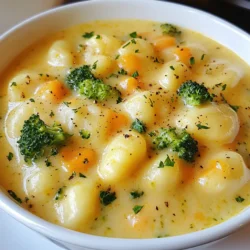 To make Cheddar Gnocchi Soup, gather these key ingredients: - 1 pound potato gnocchi - 1 tablespoon olive oil - 1 small onion, finely diced - 2 cloves garlic, minced - 3 cups vegetable broth - 2 cups whole milk - 2 cups sharp cheddar cheese, shredded - 1 cup fresh broccoli florets - 1 cup carrots, diced - 1 teaspoon dried thyme - Salt and freshly ground pepper, to taste - 1 tablespoon fresh parsley, chopped (for garnish) Each ingredient plays a vital role. The potato gnocchi gives the soup a soft and chewy texture. Olive oil adds flavor and richness. Onion and garlic bring aromatic depth. Vegetable broth forms the soup's base, while whole milk makes it creamy. Sharp cheddar cheese provides a bold, tangy taste. Fresh broccoli and carrots add color and nutrition. Dried thyme enhances the overall flavor. Lastly, salt and pepper help balance the taste. Using quality ingredients makes a big difference. Choose fresh vegetables and good cheese for the best flavor. With these essentials, you will create a bowl of warmth and comfort. {{ingredient_image_2}} Saut&eacute;ing Onion and Garlic Start by heating one tablespoon of olive oil in a large pot over medium heat. When the oil shimmers, add a small, finely diced onion. Saut&eacute; the onion for about 3-4 minutes. Stir it often until the onion turns translucent. Next, add two cloves of minced garlic. Stir and cook for one more minute. The garlic will make the kitchen smell great! Simmering Broth with Vegetables Once the garlic is fragrant, pour in three cups of vegetable broth. Turn up the heat to bring the broth to a gentle simmer. When it bubbles, add one cup of diced carrots and one cup of fresh broccoli florets. Let the mixture cook for about 5-7 minutes. The veggies should be just tender, not mushy. Adding Gnocchi to the Pot Now it&rsquo;s time to add one pound of potato gnocchi to the pot. Follow the package instructions for cooking time, which is usually about 2-3 minutes. You&rsquo;ll know the gnocchi are done when they float to the top. Cooking Time and Techniques Keep an eye on the gnocchi as they cook. Stir gently to ensure they don&rsquo;t stick to the bottom of the pot. Once they&rsquo;re floating, they&rsquo;re ready for the next step. Combining Milk and Cheese Turn the heat down to low after the gnocchi are cooked. Carefully pour in two cups of whole milk while stirring. This helps blend the milk with all the yummy flavors. Then, gradually add two cups of shredded sharp cheddar cheese. Stir continuously until the cheese melts. The soup should be creamy and smooth. Seasoning the Soup Finally, season your soup with one teaspoon of dried thyme. Add salt and freshly ground pepper to taste. Let the soup warm through for another 2-3 minutes without boiling. This step makes sure all flavors come together perfectly. Now, you're ready to serve! Ladle the soup into bowls and enjoy the cozy warmth of this cheddar gnocchi delight. To make your soup creamy, choose sharp cheddar cheese. It melts well and adds rich flavor. I like to shred the cheese myself for better melting. As you stir in the cheese, use a whisk. This tool helps mix the cheese smoothly into the soup. Stir for a few minutes until it blends well and looks velvety. One mistake to avoid is overcooking the gnocchi. They should be soft but still hold their shape. Follow the package instructions closely for cooking time. Another common mistake is skipping the seasoning step. Adding salt and pepper enhances all the flavors. Don&rsquo;t forget the dried thyme; it adds a nice touch of earthiness. This soup pairs well with crusty bread. You can dip the bread into the soup for a cozy meal. A light side salad also works great alongside. For garnish, sprinkle fresh parsley on top. It adds color and freshness to your dish. You can also use a bit of extra cheese for a fun twist! Pro Tips Use Fresh Ingredients: Fresh vegetables will enhance the flavor and nutritional value of your soup. Opt for organic or locally sourced produce when possible. Customize Your Cheese: While sharp cheddar gives a great flavor, feel free to mix in other cheeses like Gruy&egrave;re or mozzarella for a different taste and texture. Thicken the Soup: If you prefer a thicker soup, you can blend a portion of the soup and then stir it back in for a creamier consistency. Make It Ahead: This soup can be made ahead of time and stored in the fridge. Just reheat gently and add a splash of milk to revive the creaminess before serving. {{image_4}} You can switch up the vegetables in this soup. Instead of broccoli, try using spinach or peas. Both add a nice pop of color and flavor. If you want a heartier option, add some diced potatoes or zucchini. Each choice brings its own unique taste. For cheese, sharp cheddar is great, but you can use other types too. Gruy&egrave;re or mozzarella works well. They melt nicely and add a creamy texture. If you want a stronger taste, try blue cheese. It gives a bold twist to the soup. To make this soup gluten-free, choose gluten-free gnocchi. Many brands now offer this option. Check the labels to ensure they meet your needs. This small swap keeps the soup just as tasty. If you follow a vegan diet, use plant-based milk instead of whole milk. Almond or oat milk can work perfectly. Replace the cheddar cheese with a vegan cheese. Nutritional yeast is another option that adds a cheesy flavor without dairy. Adding spices can really boost the flavor of your soup. A pinch of red pepper flakes brings heat, while basil or rosemary adds a fresh note. You could even try a splash of lemon juice for brightness. For extra protein, consider adding cooked chicken or sausage. Both options make the soup more filling. Just add them in when you mix in the gnocchi. This way, they warm up nicely in the broth. To keep your Cheddar Gnocchi Soup fresh, follow these steps: - Refrigerating leftovers: Let the soup cool first, then transfer it into an airtight container. It can stay in the fridge for up to three days. Make sure to seal it tight to avoid any odors from other foods. - Freezing for long-term storage: If you want to store the soup longer, you can freeze it. Use freezer-safe containers or bags. The soup can last for about three months in the freezer. Just remember to leave some space in the container for the soup to expand. When you're ready to enjoy your soup again, here&rsquo;s how to reheat it: - Optimal methods to retain flavor and texture: The best way is to reheat it on the stove over medium heat. Stir it often to keep it smooth. If the soup is too thick, add a splash of milk or broth to get the right consistency. You can also use a microwave, but stir it every minute to avoid hot spots. Enjoy your cozy soup just like when you first made it! Yes, you can use frozen gnocchi. Just add them to the soup without thawing. They will cook quickly in the hot broth. This saves time and effort. Keep in mind that frozen gnocchi may take a minute longer to cook than fresh ones. Just check until they float to the top. Absolutely! This soup is a great base for other veggies. You could try adding peas, spinach, or corn. Saut&eacute;ed bell peppers or zucchini also work well. Just chop them small for even cooking. Adding more color and flavor makes the soup even better. This soup will stay fresh for about 3 to 4 days in the fridge. Store it in an airtight container to keep it safe. If you see any signs of spoilage, like an off smell or mold, throw it away. Always check before eating leftovers! Cheddar Gnocchi Soup is a delicious and easy meal. We used simple ingredients like gnocchi, cheese, and fresh veggies. You learned how to make it step-by-step and avoid common mistakes. Don't forget to play with flavors and try different vegetables or cheeses. Store leftovers properly to enjoy later. This soup is a cozy treat for any day. Make it your own and enjoy every bite. Happy cooking!