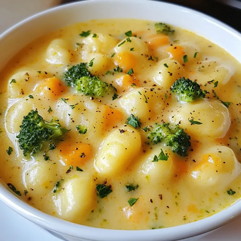 To make Cheddar Gnocchi Soup, gather these key ingredients: - 1 pound potato gnocchi - 1 tablespoon olive oil - 1 small onion, finely diced - 2 cloves garlic, minced - 3 cups vegetable broth - 2 cups whole milk - 2 cups sharp cheddar cheese, shredded - 1 cup fresh broccoli florets - 1 cup carrots, diced - 1 teaspoon dried thyme - Salt and freshly ground pepper, to taste - 1 tablespoon fresh parsley, chopped (for garnish) Each ingredient plays a vital role. The potato gnocchi gives the soup a soft and chewy texture. Olive oil adds flavor and richness. Onion and garlic bring aromatic depth. Vegetable broth forms the soup's base, while whole milk makes it creamy. Sharp cheddar cheese provides a bold, tangy taste. Fresh broccoli and carrots add color and nutrition. Dried thyme enhances the overall flavor. Lastly, salt and pepper help balance the taste. Using quality ingredients makes a big difference. Choose fresh vegetables and good cheese for the best flavor. With these essentials, you will create a bowl of warmth and comfort. {{ingredient_image_2}} Sautéing Onion and Garlic Start by heating one tablespoon of olive oil in a large pot over medium heat. When the oil shimmers, add a small, finely diced onion. Sauté the onion for about 3-4 minutes. Stir it often until the onion turns translucent. Next, add two cloves of minced garlic. Stir and cook for one more minute. The garlic will make the kitchen smell great! Simmering Broth with Vegetables Once the garlic is fragrant, pour in three cups of vegetable broth. Turn up the heat to bring the broth to a gentle simmer. When it bubbles, add one cup of diced carrots and one cup of fresh broccoli florets. Let the mixture cook for about 5-7 minutes. The veggies should be just tender, not mushy. Adding Gnocchi to the Pot Now it’s time to add one pound of potato gnocchi to the pot. Follow the package instructions for cooking time, which is usually about 2-3 minutes. You’ll know the gnocchi are done when they float to the top. Cooking Time and Techniques Keep an eye on the gnocchi as they cook. Stir gently to ensure they don’t stick to the bottom of the pot. Once they’re floating, they’re ready for the next step. Combining Milk and Cheese Turn the heat down to low after the gnocchi are cooked. Carefully pour in two cups of whole milk while stirring. This helps blend the milk with all the yummy flavors. Then, gradually add two cups of shredded sharp cheddar cheese. Stir continuously until the cheese melts. The soup should be creamy and smooth. Seasoning the Soup Finally, season your soup with one teaspoon of dried thyme. Add salt and freshly ground pepper to taste. Let the soup warm through for another 2-3 minutes without boiling. This step makes sure all flavors come together perfectly. Now, you're ready to serve! Ladle the soup into bowls and enjoy the cozy warmth of this cheddar gnocchi delight. To make your soup creamy, choose sharp cheddar cheese. It melts well and adds rich flavor. I like to shred the cheese myself for better melting. As you stir in the cheese, use a whisk. This tool helps mix the cheese smoothly into the soup. Stir for a few minutes until it blends well and looks velvety. One mistake to avoid is overcooking the gnocchi. They should be soft but still hold their shape. Follow the package instructions closely for cooking time. Another common mistake is skipping the seasoning step. Adding salt and pepper enhances all the flavors. Don’t forget the dried thyme; it adds a nice touch of earthiness. This soup pairs well with crusty bread. You can dip the bread into the soup for a cozy meal. A light side salad also works great alongside. For garnish, sprinkle fresh parsley on top. It adds color and freshness to your dish. You can also use a bit of extra cheese for a fun twist! Pro Tips Use Fresh Ingredients: Fresh vegetables will enhance the flavor and nutritional value of your soup. Opt for organic or locally sourced produce when possible. Customize Your Cheese: While sharp cheddar gives a great flavor, feel free to mix in other cheeses like Gruyère or mozzarella for a different taste and texture. Thicken the Soup: If you prefer a thicker soup, you can blend a portion of the soup and then stir it back in for a creamier consistency. Make It Ahead: This soup can be made ahead of time and stored in the fridge. Just reheat gently and add a splash of milk to revive the creaminess before serving. {{image_4}} You can switch up the vegetables in this soup. Instead of broccoli, try using spinach or peas. Both add a nice pop of color and flavor. If you want a heartier option, add some diced potatoes or zucchini. Each choice brings its own unique taste. For cheese, sharp cheddar is great, but you can use other types too. Gruyère or mozzarella works well. They melt nicely and add a creamy texture. If you want a stronger taste, try blue cheese. It gives a bold twist to the soup. To make this soup gluten-free, choose gluten-free gnocchi. Many brands now offer this option. Check the labels to ensure they meet your needs. This small swap keeps the soup just as tasty. If you follow a vegan diet, use plant-based milk instead of whole milk. Almond or oat milk can work perfectly. Replace the cheddar cheese with a vegan cheese. Nutritional yeast is another option that adds a cheesy flavor without dairy. Adding spices can really boost the flavor of your soup. A pinch of red pepper flakes brings heat, while basil or rosemary adds a fresh note. You could even try a splash of lemon juice for brightness. For extra protein, consider adding cooked chicken or sausage. Both options make the soup more filling. Just add them in when you mix in the gnocchi. This way, they warm up nicely in the broth. To keep your Cheddar Gnocchi Soup fresh, follow these steps: - Refrigerating leftovers: Let the soup cool first, then transfer it into an airtight container. It can stay in the fridge for up to three days. Make sure to seal it tight to avoid any odors from other foods. - Freezing for long-term storage: If you want to store the soup longer, you can freeze it. Use freezer-safe containers or bags. The soup can last for about three months in the freezer. Just remember to leave some space in the container for the soup to expand. When you're ready to enjoy your soup again, here’s how to reheat it: - Optimal methods to retain flavor and texture: The best way is to reheat it on the stove over medium heat. Stir it often to keep it smooth. If the soup is too thick, add a splash of milk or broth to get the right consistency. You can also use a microwave, but stir it every minute to avoid hot spots. Enjoy your cozy soup just like when you first made it! Yes, you can use frozen gnocchi. Just add them to the soup without thawing. They will cook quickly in the hot broth. This saves time and effort. Keep in mind that frozen gnocchi may take a minute longer to cook than fresh ones. Just check until they float to the top. Absolutely! This soup is a great base for other veggies. You could try adding peas, spinach, or corn. Sautéed bell peppers or zucchini also work well. Just chop them small for even cooking. Adding more color and flavor makes the soup even better. This soup will stay fresh for about 3 to 4 days in the fridge. Store it in an airtight container to keep it safe. If you see any signs of spoilage, like an off smell or mold, throw it away. Always check before eating leftovers! Cheddar Gnocchi Soup is a delicious and easy meal. We used simple ingredients like gnocchi, cheese, and fresh veggies. You learned how to make it step-by-step and avoid common mistakes. Don't forget to play with flavors and try different vegetables or cheeses. Store leftovers properly to enjoy later. This soup is a cozy treat for any day. Make it your own and enjoy every bite. Happy cooking!