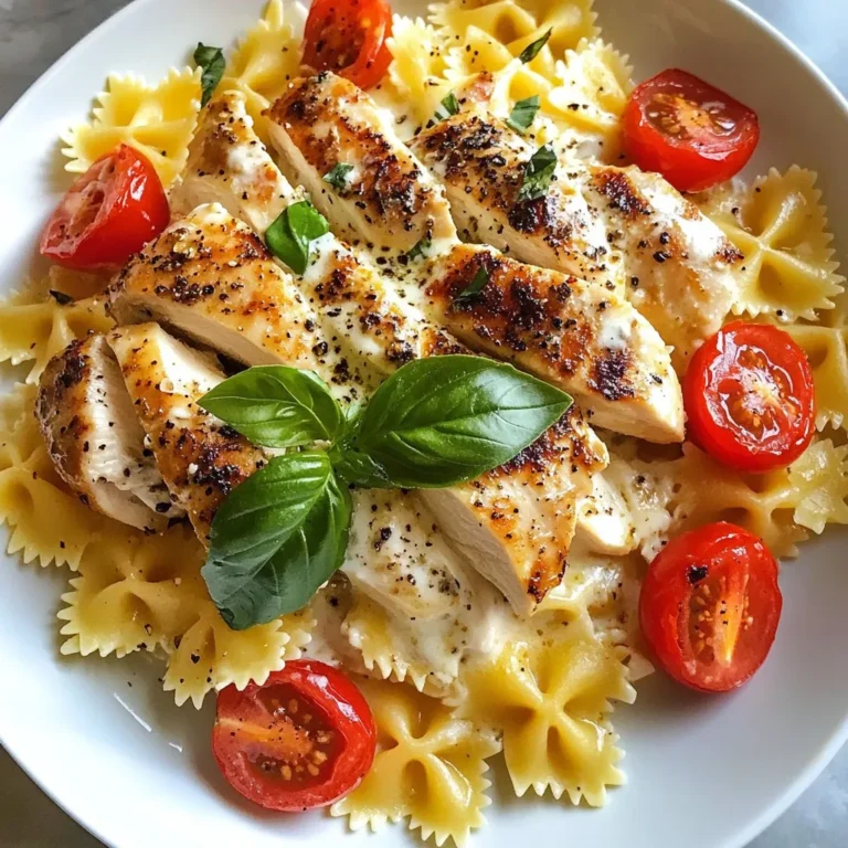 - 2 boneless, skinless chicken breasts - 8 ounces farfalle pasta (or your preferred pasta type) - 1 cup heavy cream - 1 cup grated Parmesan cheese - 2 cloves garlic, minced - 1 tablespoon olive oil - 1 cup cherry tomatoes, halved - 1 teaspoon Italian seasoning - Salt and freshly cracked black pepper to taste - Fresh basil leaves for garnish - You can add spinach or kale for more greens. - Sun-dried tomatoes add a nice tangy flavor. - A splash of lemon juice brightens the dish. - Grated lemon zest enhances the freshness. - Use chicken thighs instead of breasts for more flavor. - Swap heavy cream with half-and-half for a lighter sauce. - For a dairy-free option, try coconut cream. - Nutritional yeast can replace Parmesan for a vegan twist. - Use gluten-free pasta if you have dietary needs. This simple list of ingredients helps make a creamy and tasty Parmesan chicken pasta dish. Each ingredient brings its own flavor, making this meal a favorite. {{ingredient_image_2}} To start, boil a large pot of water. Add a good amount of salt to the water. This adds flavor to the pasta. Once the water boils, add 8 ounces of farfalle pasta. Cook it for about 10 to 12 minutes. You want it to be al dente. This means it should be firm but cooked. After cooking, drain the pasta in a colander. Save about ½ cup of the starchy water. This will help the sauce later. While the pasta cooks, take 2 boneless, skinless chicken breasts. Season them well with salt, black pepper, and Italian seasoning. In a large skillet, heat 1 tablespoon of olive oil over medium heat. Add the chicken breasts to the hot skillet. Cook them for about 6 to 7 minutes on each side. You want them golden brown. Check that they reach 165°F inside. When done, remove the chicken from the skillet. Let it rest for a few minutes, then slice it into thin strips. Now, use the same skillet where you cooked the chicken. Add 2 cloves of minced garlic to the pan. Sauté it for about 30 seconds until it smells good and starts to brown. Slowly pour in 1 cup of heavy cream. Stir it constantly and let it simmer over medium heat. Gradually add 1 cup of grated Parmesan cheese. Mix until the cheese melts and the sauce is smooth. If the sauce gets too thick, add the reserved pasta water a bit at a time until it’s just right. Next, gently add the cooked pasta and sliced chicken into the creamy sauce. Stir softly to coat all the pasta and chicken well. Now, add 1 cup of halved cherry tomatoes. Mix them in gently, so they warm up but don’t cook. This step adds a lovely pop of color and freshness to your dish. To get great chicken, start with good quality meat. Season both sides with salt, pepper, and Italian seasoning. This gives the chicken a nice flavor. Heat olive oil in a skillet over medium heat. Cook the chicken for 6-7 minutes on each side. Look for a golden brown color and check the internal temperature. It should be 165°F (75°C). Let it rest before slicing. This keeps it juicy. For a creamy sauce, use heavy cream. Pour it into the same skillet after cooking the chicken. Add minced garlic and sauté for 30 seconds. This adds depth to your sauce. Stir in grated Parmesan cheese slowly. Mix until it melts completely. If the sauce is too thick, add reserved pasta water a little at a time. This helps reach the perfect creamy texture. Fresh ingredients make your dish pop. Use ripe cherry tomatoes for sweetness. Halve them and add to the pasta at the end. This keeps their bright flavor. Fresh basil leaves are a must for garnish. They add a nice aroma and color. Don’t skip these steps! They bring your Parmesan chicken pasta to life. Pro Tips Chicken Searing: For a perfect golden-brown crust, ensure your skillet is hot enough before adding the chicken. This helps to lock in moisture and flavor. Cooking Pasta: Always salt your pasta water generously. It should taste like the sea, which enhances the pasta's flavor as it cooks. Cheese Quality: Use freshly grated Parmesan cheese instead of pre-grated for a smoother, creamier sauce. Fresh cheese melts better and has a more robust flavor. Tomato Addition: To keep the cherry tomatoes fresh and vibrant, add them at the end and allow residual heat to warm them without cooking them further. {{image_4}} You can switch up the pasta for this dish. Farfalle is great, but you can use other shapes, too. Try penne, fusilli, or even spaghetti. Each type adds a unique twist to the meal. Choose a pasta that cooks well and pairs nicely with the sauce. Just remember to cook it according to the package directions. This way, you maintain that perfect texture. Want to boost the nutrition? Adding veggies is a smart move! You can toss in spinach, broccoli, or bell peppers. For a pop of color, use cherry tomatoes as the recipe suggests. Just sauté them with garlic for a few minutes. This adds great flavor and makes your dish more vibrant. Plus, it will make your plate look beautiful! If you like heat, add red pepper flakes! Just a pinch can make a big difference. Sprinkle them in while cooking the sauce. You can also adjust based on your taste. For a milder heat, start with less. If you want more kick, feel free to add more. This will give the pasta a fun twist and wake up your taste buds! After enjoying your Parmesan chicken pasta, store any leftovers in an airtight container. Let the pasta cool down first. This helps keep it fresh. Place it in the fridge. It will last for about three days. Be sure to label the container with the date. This way, you won’t forget when you made it! When you’re ready to eat your leftovers, reheat them gently. You can use a microwave or a pan on the stove. If using a microwave, heat in short bursts. Stir in between to avoid hot spots. If using the stove, add a splash of cream or water. This helps to loosen the sauce. Heat over low until warm. Stir often to keep it creamy. If you want to save some pasta for later, freezing is a great option. First, let the pasta cool completely. Then, scoop it into freezer-safe bags or containers. Remove as much air as possible. This prevents freezer burn. You can freeze it for up to three months. When you’re ready to eat it, thaw in the fridge overnight. Reheat as mentioned before for the best results. Parmesan chicken pasta can last about three to four days in your fridge. Make sure to store it in an airtight container. This keeps the flavors fresh and tasty. If you see any change in color or smell, it's best to toss it out. Yes, you can make this recipe gluten-free. Use gluten-free pasta instead of regular pasta. There are many good options available, like rice pasta or lentil pasta. They work well with the creamy sauce and chicken. Just follow the cooking time on the package for the best results. The best way to reheat creamy pasta dishes is on the stove. Add a splash of milk or cream to help keep it creamy. Heat over low heat, stirring often. This helps to warm it evenly without burning. You can also use the microwave, but add a little liquid and cover it to keep moisture in. Stir halfway to heat it well. In this post, we explored how to create a delicious Parmesan Chicken Pasta. We covered key ingredients, optional extras, and swaps. I shared easy steps for cooking pasta, chicken, and the creamy sauce. I also included tips for perfect chicken and flavor enhancements. You learned about variations and how to store leftovers. This dish is simple to make and packed with flavor. Enjoy making it for your family or friends!