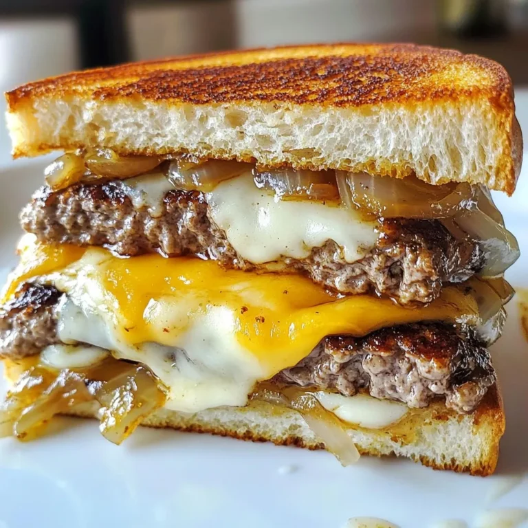- 1 lb ground beef (80/20 blend) - 4 slices of Swiss cheese - 4 slices of hearty rye bread - 1/4 cup mayonnaise - 1 tablespoon ketchup - 1 teaspoon Dijon mustard - 1 teaspoon sweet pickle relish - 1 tablespoon butter, softened - 1 tablespoon extra virgin olive oil - Salt and pepper to taste To make the best patty melt, you need quality ingredients. The ground beef should have a good fat content, like an 80/20 blend. This fat helps keep the patty juicy and tasty. Swiss cheese melts beautifully, adding creaminess to the dish. For the bread, hearty rye gives a nice texture and flavor balance. The secret sauce is key for a unique taste. Mayonnaise adds creaminess, while ketchup brings sweetness. Dijon mustard adds a bit of tang, and sweet pickle relish gives a nice crunch. Together, these ingredients create a sauce that elevates the melt. Don’t forget the cooking essentials. Butter adds richness when grilling the sandwich. Extra virgin olive oil is perfect for cooking the patties and onions. Salt and pepper enhance all the flavors, so use them generously. Gather these ingredients, and you’re on your way to a delicious patty melt experience! {{ingredient_image_2}} To make the secret sauce, grab a small mixing bowl. Combine 1/4 cup of mayonnaise, 1 tablespoon of ketchup, 1 teaspoon of Dijon mustard, and 1 teaspoon of sweet pickle relish. Mix these ingredients well until smooth. This sauce adds a unique flavor to your patty melt. After mixing, set the sauce aside for later. Next, we will cook the onions. Heat 1 tablespoon of extra virgin olive oil in a medium skillet over medium heat. Add in the thinly sliced onion with a pinch of salt. Sauté the onions for about 10 to 15 minutes. Stir them often until they turn golden brown and caramelized. This step adds sweetness and depth to the dish. When they are ready, take the onions out and set them on a plate. For the beef patties, start by seasoning 1 pound of ground beef with salt and freshly ground black pepper. Divide the beef into four equal parts. Shape each part into a patty. Make them a bit larger than the rye bread slices. They will shrink as they cook, so this helps keep them just right. In the same skillet you used for the onions, add a little more olive oil if needed. Place the patties in the skillet over medium-high heat. Cook each patty for 4 to 5 minutes on each side. Keep an eye on the time to get your desired doneness. In the last minute of cooking, place a slice of Swiss cheese on each patty. This will allow the cheese to melt just right. While the cheese is melting, grab the rye bread. Butter one side of each bread slice with 1 tablespoon of softened butter. On the unbuttered side of two slices, spread a generous layer of the secret sauce. Place the cooked beef patty on top, followed by a good amount of caramelized onions. Finally, place another slice of bread on top, ensuring the buttered side is facing out. Now it's time to grill the sandwich. Use the same skillet and heat it over medium heat. Grill the sandwich for about 3 to 4 minutes on each side. The bread should turn golden and crispy. Press down gently with a spatula while grilling. This step helps ensure even browning and a perfect crunch. To make a great patty melt, use the right cooking methods. I like to cook on medium heat. This gives the patty a nice crust without burning it. For the beef blend, I recommend an 80/20 mix. This has enough fat to keep the patty juicy and flavorful. If you use lean beef, your patty may turn out dry. You can customize the secret sauce to fit your taste. Try adding a dash of hot sauce for some kick. You can also mix in some chopped herbs for added flavor. If you have allergies, there are good swaps. Use a vegan mayo if you need a dairy-free option. For a lower-sugar version, pick a sugar-free ketchup. The best skillet for this recipe is a cast iron skillet. It holds heat well and gives a nice sear. Another good option is a non-stick skillet, which makes flipping easier. For a spatula, choose a sturdy one that can handle flipping the patties. A metal spatula works well for this, as it can slide under the patty without breaking it. Pro Tips Use a Meat Thermometer: Ensure your patties are cooked to perfection by checking the internal temperature. For medium, aim for 160°F (71°C). Caramelizing Onions: For deeper flavor, consider adding a pinch of sugar to the onions while they cook, which can enhance their sweetness. Cheese Melting Tips: For an extra gooey melt, cover the skillet with a lid during the last minute of cooking to trap steam and help the cheese melt evenly. Butter vs. Olive Oil: Try using clarified butter for grilling your sandwiches. It has a higher smoke point and adds a rich flavor without burning. {{image_4}} You can switch up the cheese for your patty melt! Provolone melts well and has a nice flavor. Cheddar adds a rich and sharp taste. Pepper jack gives a spicy kick. Each choice changes the taste of your melt. Don't be afraid to mix and match cheeses for fun flavors! Want a meat-free option? You can make a veggie patty melt! Use black beans or chickpeas as a base. Mix in oats, spices, and chopped veggies. Form patties and cook them like beef. This way, you can still enjoy the great flavors of a patty melt without meat! Want to add more flavor? You can add spices to the beef. Try garlic powder or smoked paprika for depth. If you love tang, mix in hot sauce with your secret sauce. You can also swap out the sauces. Barbecue sauce or aioli can make a tasty twist. Experiment with your favorite flavors! To keep your patty melt fresh, store it in an airtight container. This helps prevent drying out. Place the sandwich in the fridge right after it cools. It is best to eat leftovers within three days. To reheat your patty melt, use an oven for the best results. Preheat the oven to 350°F (175°C). Wrap the sandwich in foil to keep it moist. Heat for about 10-15 minutes until warmed through. If you use a microwave, place the sandwich on a microwave-safe plate. Heat it for about 30 seconds to 1 minute. This method may make the bread soft. To keep the bread crispy, consider using a skillet. Heat the skillet over medium heat. Add a little butter and grill the sandwich for a few minutes on each side. This way, you'll get that nice crunch back. A patty melt is a tasty sandwich. It has a beef patty, cheese, and grilled onions. You toast it on bread, usually rye. The dish comes from the United States. It blends a burger and a grilled cheese. People first made it in diners in the 1940s. Yes, you can use different bread. If you want a change, try these options: - Sourdough - White bread - Whole wheat - Texas toast Each bread adds its own flavor and texture. You can make your patty melt unique. Here are a few ideas: - Add spices to the beef, like garlic or onion powder. - Try different cheeses, such as cheddar or pepper jack. - Add toppings like mushrooms, jalapeños, or fresh herbs. These changes create new flavors each time. Patty melts go well with many sides. Consider serving with: - Crispy fries - Onion rings - A fresh garden salad - Pickles These sides enhance the meal and add crunch. To keep your patty juicy, follow these tips: - Use an 80/20 beef blend for moisture. - Avoid pressing down on the patty while cooking. - Cook on medium heat to prevent drying. - Let the patty rest before serving. These steps help keep the flavor and moisture. A patty melt combines juicy beef, Swiss cheese, and hearty rye bread. The secret sauce adds a tasty twist to each bite. You can customize it with different cheeses or veggie patties. Store leftovers well for later enjoyment, and reheat them for the best results. Explore this simple treat for a satisfying meal. With practice, your patty melt can impress family and friends. Enjoy the fun of cooking and experimenting with flavors to find your perfect patty melt. Get started today!