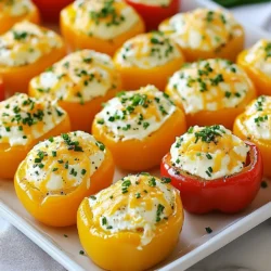 For these tasty cream cheese stuffed mini peppers, you will need: - 12 mini bell peppers in assorted colors (red, yellow, orange) - 8 oz cream cheese, softened to room temperature - 1/2 cup shredded sharp cheddar cheese - 2 tablespoons fresh chives, finely chopped - 1 tablespoon fresh parsley, finely chopped - 1 teaspoon garlic powder - 1/2 teaspoon onion powder - Salt and freshly ground black pepper, to taste - 1/4 teaspoon cayenne pepper (optional for an extra kick) If you want to change a few things, here are some ideas: - Swap cream cheese for goat cheese for a tangy flavor. - Use any cheese you like, such as mozzarella or feta. - Chives can be replaced with green onions for a milder taste. - Fresh parsley can be switched for basil or cilantro for a different twist. - For a spicy touch, you can add diced jalape&ntilde;os instead of cayenne. This recipe can fit many diets but check these points: - It contains dairy, so it may not suit those who are lactose intolerant. - You can make it gluten-free by ensuring all ingredients are gluten-free. - For vegan options, use vegan cream cheese and substitute cheese with nutritional yeast. - If you have allergies, always check labels for potential allergens in your ingredients. {{ingredient_image_2}} To start, I preheat the oven to 375&deg;F (190&deg;C). This step ensures that my mini peppers bake evenly. Next, I grab 12 mini bell peppers in bright colors. I slice the tops off each pepper and remove the seeds. This creates a little cup for the filling. I set the cleaned peppers aside, ready to be filled with creamy goodness. In a medium bowl, I add 8 ounces of softened cream cheese. I also mix in 1/2 cup of shredded sharp cheddar cheese. For a fresh touch, I include 2 tablespoons of finely chopped chives and 1 tablespoon of parsley. Then, I add 1 teaspoon of garlic powder and 1/2 teaspoon of onion powder. I season it all with salt and black pepper to taste. If I want a little heat, I sprinkle in 1/4 teaspoon of cayenne pepper. I stir everything together until it forms a smooth and creamy filling. Now comes the fun part! I take a small spoon or a piping bag and fill each mini pepper with the creamy mix. I make sure they are well stuffed for full flavor. Next, I place the filled peppers upright on a baking sheet lined with parchment paper. This makes for easy cleanup. I pop the baking sheet into the oven and bake for 15 to 20 minutes. I watch for the peppers to become tender and the cheese filling to bubble and turn golden. Once baked, I let them cool for a few minutes before enjoying these delightful bites. To make the best creamy filling, start with room-temperature cream cheese. This softens the cheese, making it easy to mix. Combine it with shredded sharp cheddar for extra flavor. Add fresh chives and parsley for a pop of color and taste. Use garlic powder and onion powder for depth. Season with salt, pepper, and cayenne for a kick. Mix until smooth and creamy. This filling should be thick but easy to spoon into the peppers. Presentation matters when serving this dish. Arrange your stuffed mini peppers on a pretty platter. Use different colors of peppers for a vibrant look. Garnish with extra chopped herbs like chives or parsley. This adds freshness and makes the dish more inviting. Serve them warm as an appetizer. They are also great as finger food at parties. Your guests will love the look and taste! You can easily adjust the spice level to suit everyone. If you want a mild filling, skip the cayenne pepper. For a little heat, add just a pinch. You can also use a mix of sweet and spicy peppers. This lets you control how spicy they get. If someone likes more heat, serve with hot sauce on the side. This way, everyone can enjoy these tasty bites! Pro Tips Choose Colorful Peppers: Using an assortment of mini bell pepper colors not only makes the dish visually appealing but also adds a variety of flavors. Experiment with Cheese: Feel free to mix different cheeses like feta or goat cheese for a unique flavor profile in the filling. Make Ahead: You can prepare the stuffed peppers in advance and store them in the fridge for up to 24 hours before baking, making them a perfect party appetizer. Adjust Spice Levels: Customize the heat by varying the cayenne pepper amount or adding other spices like smoked paprika for a different kick. {{image_4}} You can change the flavor of your stuffed mini peppers easily. Try using different herbs. Basil and dill can add fresh notes. Mix in a variety of cheeses for more taste. Goat cheese or feta can add a tangy twist. For a spicy kick, include some red pepper flakes or smoked paprika. These small changes can make a big difference! You aren't limited to just cream cheese. Try using hummus for a different flavor. Pesto can also be a great filling. If you want a meatier option, consider adding cooked sausage or ground turkey. You can even use quinoa for a hearty and healthy choice. Each option brings a new taste to your mini peppers! If you want a vegan version, replace cream cheese with vegan cream cheese. Nut-based cheeses work well too. You can also use mashed avocado for a creamy texture. Make sure to add lemon juice to keep it fresh. There are many dairy-free cheeses on the market now, so options are plenty. These swaps keep the recipe tasty and fun for everyone! To store leftover cream cheese stuffed mini peppers, place them in an airtight container. Make sure to let them cool first. Keep the container in the fridge. They will stay fresh for about 3 to 4 days. I like to separate layers with parchment paper to avoid squishing. You can freeze these mini peppers for later use. First, let them cool completely. Then, place them on a baking sheet in a single layer. Freeze until solid, about 1 to 2 hours. After that, transfer them to a freezer-safe bag. They can last for up to 3 months in the freezer. This way, you have a tasty snack ready anytime! When you are ready to enjoy your frozen peppers, take them out and let them thaw in the fridge overnight. To reheat, preheat your oven to 375&deg;F (190&deg;C). Place the peppers on a baking sheet and bake for about 15 minutes. This will warm them through and help get the cheese nice and melty again. Enjoy your tasty treat! Yes, you can prepare these mini peppers ahead of time. Make the filling and stuff the peppers. Then, cover them and place them in the fridge. They can stay fresh for up to 24 hours. This makes it easy to serve them at a party or gathering. Just bake them when you are ready to eat! You will know the stuffed peppers are done baking when they are tender. The cheese filling should look slightly golden and bubbly on top. Bake them for 15-20 minutes at 375&deg;F (190&deg;C). Keep an eye on them to avoid overcooking. A perfect bake gives you a warm, creamy treat! Many sauces pair well with stuffed mini peppers. Here are some tasty options: - Ranch dressing - Creamy garlic dip - Spicy salsa - Avocado sauce - Sweet chili sauce These dips add extra flavor and fun to your dish. Try different sauces to find your favorite! You now have a complete guide to stuffed mini bell peppers. We covered ingredients, preparation tips, baking steps, and more. You learned how to create the perfect filling and explore different flavors. Remember, you can adjust the spice levels to please everyone. Don't forget about storage and reheating tips for your leftovers. I hope this inspires you to try making these tasty bites. Enjoy experimenting with flavors and creating your own variations!