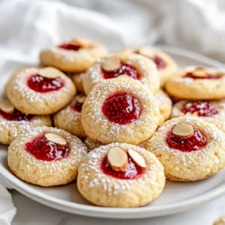 - 1 cup unsalted butter, softened to room temperature - 3/4 cup granulated sugar - 1 large egg yolk - 1 teaspoon almond extract - 2 cups all-purpose flour - 1/2 teaspoon baking powder - 1/4 teaspoon salt - 1/2 cup raspberry preserves - A handful of sliced almonds, for garnishing - Powdered sugar for optional dusting - Mixing bowls - Electric mixer - Baking sheet - Parchment paper - Measuring cups and spoons - Wire rack {{ingredient_image_2}} Start by preheating your oven to 350&deg;F (175&deg;C). This step is key to baking the cookies evenly. While the oven heats up, grab a baking sheet and line it with parchment paper. This keeps the cookies from sticking and makes cleanup easy. In a large bowl, add 1 cup of softened unsalted butter and 3/4 cup of granulated sugar. Use an electric mixer on medium speed to cream these together. Beat for about 3 to 5 minutes until the mixture is light and fluffy. Next, add 1 large egg yolk and 1 teaspoon of almond extract. Keep mixing until they blend well with the butter and sugar. In a separate bowl, whisk together 2 cups of all-purpose flour, 1/2 teaspoon of baking powder, and 1/4 teaspoon of salt. Gradually add this dry mix to the wet ingredients. Mix gently to keep the dough tender. Now, scoop the dough into small balls, about 1 inch in diameter. Place them on your prepared baking sheet, leaving about 2 inches between each ball. Press your thumb or a spoon into the center of each ball to make a small indent. Fill each indent with 1/2 teaspoon of raspberry preserves and sprinkle sliced almonds around the edges. Bake the cookies in your preheated oven for 12 to 15 minutes. Watch for the edges to turn a light golden brown. This is when they are done. If they look too pale, they might need a minute or two more. Once baked, take the cookies out and let them cool on the baking sheet for about 5 minutes. Then, move them to a wire rack to cool completely. If you like, dust the cookies lightly with powdered sugar for a sweet finish. They will look beautiful and taste great! To keep the cookies soft, mix just enough. After adding the flour, stir gently. Use a spatula or a wooden spoon. Stop when you see no dry flour. Overmixing makes the cookies tough and chewy. To create the perfect thumbprint, use your thumb or a spoon. Press down gently in the center of each dough ball. Aim for a deep enough well to hold the preserves. Don't push too hard; you want a nice shape, not a hole. Make sure your oven is fully preheated before baking. This helps cookies rise evenly. Space the dough balls at least 2 inches apart. Use parchment paper to prevent sticking. Rotate the baking sheet halfway through baking for even cooking. Keep an eye on the cookies. They should be light golden brown when done. Pro Tips Use Room Temperature Butter: Make sure your butter is softened to room temperature for easy creaming with the sugar, resulting in a light and fluffy cookie texture. Don't Overmix the Dough: To keep your cookies tender, mix the dry ingredients into the wet until just combined. Overmixing can create tough cookies. Indentation Technique: When making the indentation for the raspberry preserves, use your thumb or the back of a spoon, pressing gently to avoid breaking the dough. Storage Tips: Store baked cookies in an airtight container at room temperature for up to a week, or freeze them for longer storage. Just make sure they are completely cool before sealing. {{image_4}} You can switch out raspberry preserves for other flavors. Strawberry, apricot, or peach work well. Each fruit adds a unique taste. Try cherry preserves for a tart twist. You can even mix two flavors for fun. Use your favorite preserves to make these cookies your own. If you need a nut-free cookie, simply skip the almond extract. Use vanilla extract instead. Leave out the sliced almonds too. These changes keep the cookies safe for those with nut allergies. They still taste great, even without nuts. You can change the flavor by adding zest. Lemon or orange zest adds freshness. You can also try adding spices like cinnamon or nutmeg. These spices add warmth and depth to the cookies. Experiment with flavors to find your perfect match. To keep your raspberry almond thumbprint cookies fresh, store them in an airtight container. Place parchment paper between layers to help avoid sticking. They will stay good for about one week at room temperature. If you want to keep them longer, consider freezing. Freezing these cookies is easy! First, let them cool completely. Then, place the cookies in a single layer on a baking sheet. Freeze them for about an hour. Once solid, transfer the cookies to a freezer bag. Make sure to remove as much air as possible. You can freeze them for up to three months. Raspberry almond thumbprint cookies taste best fresh. However, if stored properly, they can last. At room temperature, expect them to stay fresh for up to a week. In the freezer, they can last longer. Always check for any signs of spoilage before enjoying your treats. If you don&rsquo;t have almond extract, use vanilla extract. It gives a nice flavor too. You can also try hazelnut extract for a unique twist. Keep in mind, the taste will change a bit, but you&rsquo;ll still enjoy the cookies. Yes, you can use whole grain flour. It will make the cookies healthier. However, the texture might be a bit denser. You may want to mix it with some all-purpose flour for a lighter bite. You&rsquo;ll know the cookies are ready when the edges turn a light golden brown. The centers may look soft, and that&rsquo;s okay. They will firm up as they cool. Always watch them closely to avoid burning. You now have everything you need to bake delicious cookies. We covered all the key ingredients, from required items to optional garnishes. You learned the step-by-step process, from prepping your oven to cooling the cookies. Tips on mixing and baking will help you avoid common mistakes. Additionally, you discovered fun variations to try and proper storage methods. Remember, practice makes perfect. Enjoy your baking and share your tasty treats with friends and family. Happy baking!