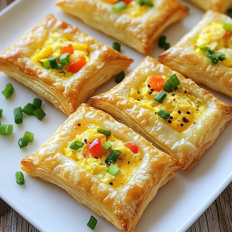 - 1 sheet of puff pastry, thawed - 2 large eggs - ¼ cup milk - 1 cup shredded cheddar cheese - ¼ cup diced bell pepper (any color for vibrancy) - ¼ cup chopped green onions (plus extra for garnish) - 1 teaspoon garlic powder - 1 teaspoon onion powder - Salt and pepper to taste - 1 egg (for egg wash) Each serving has about 250 calories. You get 12 grams of protein, 15 grams of fat, and 20 grams of carbs. This makes them a filling breakfast option. You can find all these ingredients at your local grocery store. Check the dairy aisle for eggs and milk. Look for puff pastry in the freezer section. If you prefer online shopping, stores like Amazon and specialty food shops have what you need. {{ingredient_image_2}} First, you need to thaw the puff pastry. Take it out of the freezer a few hours before you start. When it's soft, place it on a lightly floured surface. Roll it out into a rectangle about 1/8 inch thick. This step is key for a nice, flaky Pop-Tart. Once rolled, cut the pastry into four equal rectangles. This will be the base and top for your Pop-Tarts. In a medium bowl, crack the two large eggs. Whisk them well with ¼ cup of milk. Add in 1 teaspoon of garlic powder and 1 teaspoon of onion powder. Sprinkle in some salt and pepper to taste. Whisk until everything is mixed. This mixture gives your Pop-Tarts a creamy and savory flavor. It’s the heart of the dish! Now, heat a nonstick skillet over medium heat. Pour in your egg mixture. Stir gently as it cooks. You want the eggs to set but stay creamy. Once they are almost done, take them off the heat. Stir in 1 cup of shredded cheddar cheese, ¼ cup of diced bell pepper, and ¼ cup of chopped green onions. Mix until the cheese melts into the eggs. Take two of your puff pastry rectangles. Spoon the egg mixture evenly onto them, leaving a small border around the edges. Place the other two rectangles on top. Press down gently around the edges to seal them. Use a fork to crimp the edges. This will help keep your filling inside during baking. In a small bowl, beat one extra egg. Brush this egg wash over the tops of the Pop-Tarts. This will give them a lovely golden color. Use a fork or knife to poke a few small holes in the tops. These holes let steam escape while baking and keep the crust from getting soggy. Now, place your baking sheet in a preheated oven set to 400°F (200°C). Bake for 15-20 minutes. Watch for a rich golden brown color on top. Once baked, let them cool for a few minutes. This helps the filling set. Enjoy your delightful Savory Egg & Cheese Breakfast Pop-Tarts! To get creamy eggs, cook them low and slow. Start by whisking the eggs with milk, garlic powder, onion powder, salt, and pepper. This blend adds flavor. Heat your nonstick skillet to medium. Pour in the egg mixture and stir gently. Keep stirring until the eggs start to set but are still soft. This technique keeps them from becoming dry. Remove them from heat as soon as they look fluffy. Adding the cheese, bell pepper, and green onions while the eggs are warm helps melt the cheese perfectly. When working with puff pastry, keep it cold. Roll it out on a floured surface to avoid sticking. Aim for a thickness of about 1/8 inch. This thickness helps the pastry puff up nicely in the oven. After cutting, handle the pastry as little as possible. The less you touch it, the flakier it will be. When assembling, press the edges gently to seal. Use a fork to crimp the edges. This step ensures they stay closed while baking. To achieve a golden finish, apply an egg wash. Beat one egg in a small bowl. Use a brush to spread the egg wash over the tops of the Pop-Tarts. Make sure to cover them evenly. This step gives them that beautiful shine and color. Don’t forget to poke small holes on top. This allows steam to escape and prevents sogginess. Enjoy the crispy, golden result straight from the oven! Pro Tips Use Cold Puff Pastry: Ensure your puff pastry is cold when working with it. This helps maintain its flakiness during baking. Customize Fillings: Feel free to add your favorite ingredients like cooked bacon, spinach, or different cheeses for variety. Monitor Baking Time: Keep an eye on the Pop-Tarts towards the end of the baking time to prevent over-browning. Serve Fresh: These Pop-Tarts are best served fresh out of the oven, but can be reheated in the oven for a few minutes to regain crispiness. {{image_4}} You can change up the cheese in these Pop-Tarts. Try using mozzarella for a milder taste. Feta adds a tangy kick, while pepper jack gives a spicy twist. For a rich flavor, use gouda or brie. Each cheese brings its own unique taste to the dish. Don’t stop with bell peppers! You can add spinach for a fresh touch. Mushrooms add earthiness, and zucchini brings moisture. Try diced tomatoes for extra juiciness. Each veggie makes your filling even more colorful and tasty. Feel free to get creative with spices! A dash of paprika adds warmth. Try cumin for a hint of earthiness. If you love heat, mix in chili powder. Fresh herbs like parsley or chives can brighten the flavor. Experiment to find your perfect blend! To keep your Savory Egg & Cheese Breakfast Pop-Tarts fresh, store them in the fridge. Place them in an airtight container. This method helps keep them safe and tasty. Make sure they cool down before packing them. You can enjoy leftovers for up to three days. If you want to save some for later, freezing is a great option. First, let the Pop-Tarts cool completely. Then, wrap each one tightly in plastic wrap. Place them in a freezer bag or container. Label them with the date. When you are ready to eat, take one out and reheat it in the oven. Bake at 350°F (175°C) for about 15-20 minutes until warm. These Pop-Tarts can stay fresh for about three days in the fridge. If you freeze them, they can last for up to three months. Always check for any signs of freezer burn before eating. Enjoy your delicious breakfast treats at their best! Yes, you can make your own pastry. Start with all-purpose flour, butter, and salt. Mix cold butter into the flour until it looks like crumbs. Add ice water slowly until it forms a dough. Chill the dough for at least 30 minutes before rolling it out. This way, you control the ingredients and can make it to your liking. To make gluten-free Pop-Tarts, use gluten-free flour blends. You can also use gluten-free puff pastry. Many brands offer this option now. Just follow the package instructions for best results. Ensure that all other ingredients are gluten-free, like cheese and spices. Dipping sauces can add fun flavors to your Pop-Tarts. Try serving them with salsa for a zesty kick. Hot sauce can also add heat if you like it spicy. For something creamy, a ranch dressing works well too. You can even serve with a side of guacamole for a tasty twist! These savory Pop-Tarts use simple ingredients like puff pastry, eggs, and cheese. You learned how to prepare the filling and achieve a flaky crust. We explored tips for perfecting flavors and textures, plus ideas for storage and variations. Try making these yourself to enjoy tasty, customizable snacks. You can adapt them to your taste and make them your own. Enjoy the cooking process and have fun with it!