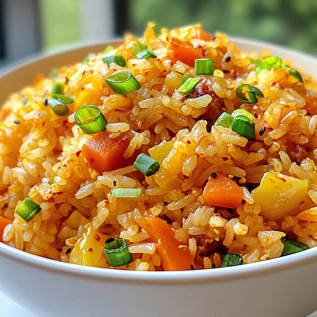 To make this tasty dish, gather the following ingredients: - 2 cups day-old cooked jasmine rice - 1 cup kimchi, coarsely chopped - 1 tablespoon vegetable oil - 1 small onion, finely diced - 2 cloves garlic, minced - 1 medium carrot, diced - 1/2 cup frozen peas - 2 green onions, sliced (plus extra for garnish) - 2 tablespoons soy sauce - 1 tablespoon gochujang (Korean chili paste) - 1 teaspoon sesame oil - 2 eggs (optional) - Salt and pepper to taste You can swap some ingredients to fit your taste or what you have on hand: - Use brown rice or quinoa for a healthier grain. - If you don’t have kimchi, try sauerkraut for a similar tang. - Use olive oil or coconut oil instead of vegetable oil. - Swap the onion for shallots or green onions if you prefer. - For a vegan option, skip the eggs or replace them with tofu. You'll need a few basic tools to make this dish: - Large skillet or wok - Wooden spatula or spoon - Knife and cutting board - Measuring spoons and cups With these ingredients and tools, you’re set to make a delicious meal! Enjoy the vibrant flavors and satisfying textures of spicy kimchi fried rice. {{ingredient_image_2}} 1. Heat the vegetable oil in a large skillet or wok over medium heat. Wait until it shimmers. 2. Add the diced onion. Sauté for 2-3 minutes until it turns translucent. 3. Mix in the minced garlic and diced carrots. Stir for another 2 minutes. The carrots should soften a bit. 4. Now, add the chopped kimchi. Cook for 2-3 minutes to boost the flavors. 5. Push the kimchi mix to one side of the skillet. Add the cooked jasmine rice to the cleared space. 6. Drizzle soy sauce and gochujang over the rice. Mix everything until heated well. 7. Fold in the frozen peas and sliced green onions. Cook for another 2 minutes. The peas should be warm. 8. If you want eggs, push the rice to one side again. Crack the eggs into the empty space. Scramble them until cooked and mix with the rice. 9. Drizzle sesame oil over the fried rice. Season with salt and pepper. Taste to balance the flavors. 10. Serve hot, garnished with extra sliced green onions for a fresh touch. Consider adding images at each step. A video can also show the full cooking process. This helps you see what each stage should look like. - Heating oil: 1 minute - Sautéing onion: 2-3 minutes - Adding garlic and carrots: 2 minutes - Cooking kimchi: 2-3 minutes - Mixing in rice: 1 minute - Combining peas and onions: 2 minutes - Scrambling eggs (if used): 2 minutes - Final seasoning and serving: 1 minute Overall, the total cooking time is about 20 minutes. This recipe is quick and easy, making it perfect for any meal. To make the best spicy kimchi fried rice, follow these tips: - Use day-old rice. This type of rice is drier. It fries better and does not clump. - Chop kimchi well. Smaller pieces mix easily into the rice and enhance flavor. - Heat the oil. Make sure the oil is hot before adding ingredients. This helps to sauté them properly. - Mix well. Stir everything together so the flavors blend. Be sure to coat the rice with sauce. - Garnish right before serving. Fresh green onions add a nice crunch and color. Avoid these common errors to ensure a tasty dish: - Using fresh rice. Freshly cooked rice can become mushy. Always use day-old rice. - Adding too much liquid. If you add too much soy sauce or gochujang, your dish can become soggy. - Not cooking thoroughly. Make sure each ingredient is cooked properly. This enhances flavor and texture. - Skipping the sesame oil. This oil adds a final touch of flavor. Don't forget it! You can easily adjust the spice level to suit your taste: - Start small. If you're unsure, use less gochujang. You can always add more later. - Add chili flakes. Sprinkle some on top for extra heat without changing the base flavor. - Try different kimchi. Some kimchi brands are spicier than others. Find one you like best. - Serve with yogurt or sour cream. These can cool down the heat if it gets too spicy. Pro Tips Use Day-Old Rice: Day-old rice is drier and helps to achieve the perfect texture without becoming mushy. Customize Heat Level: Adjust the amount of gochujang to your taste; add more for extra spice or reduce for a milder flavor. Garnish for Freshness: Top with extra green onions or sesame seeds right before serving to add a fresh and crunchy element. Experiment with Add-Ins: Feel free to add leftover proteins like chicken or tofu for a heartier meal. {{image_4}} You can easily make spicy kimchi fried rice vegetarian or vegan. Start by using a plant-based kimchi. Many brands offer vegan kimchi without seafood. Replace eggs with tofu for protein. Simply crumble firm tofu into the pan and sauté it until golden. This keeps the dish hearty and satisfying, while still being meat-free. Adding protein boosts the meal's nutrition. You can use chicken, shrimp, or tofu. For chicken, dice it small and cook it in the skillet before adding the rice. For shrimp, just sauté it until pink before mixing it in. If you prefer tofu, use firm tofu, and follow the same steps as for vegan adaptations. Each protein adds great flavor and makes the dish more filling. To make this dish gluten-free, choose gluten-free soy sauce. This small swap keeps the taste while avoiding gluten. You can also use tamari, a gluten-free soy sauce alternative. If your kimchi has gluten, look for brands labeled gluten-free. These easy changes ensure everyone can enjoy a bowl of spicy kimchi fried rice without worry. To store leftovers of your spicy kimchi fried rice, let it cool first. Place the rice in an airtight container. It will stay fresh in the fridge for up to three days. Make sure to seal the container well. This keeps out moisture and odors. When you are ready to eat the leftover rice, take it out of the fridge. Use a microwave-safe bowl to heat it. Add a splash of water to keep it moist. Cover the bowl with a damp paper towel. Heat for one to two minutes. Stir halfway through to heat evenly. You can also reheat it on the stove. Just warm it in a pan over low heat. Stir often until hot. If you want to keep the fried rice longer, freezing is a great option. Place the cooled rice in a freezer-safe bag or container. Remove as much air as you can before sealing. This helps prevent freezer burn. The rice can last up to three months in the freezer. To thaw, move it to the fridge overnight. You can reheat it straight from frozen, but it may take longer. Kimchi is a Korean dish made from fermented vegetables, mainly napa cabbage and radishes. It has a tangy and spicy flavor, making it perfect for fried rice. Kimchi adds depth to the dish and gives it a kick. The fermentation process also makes it healthy, adding probiotics to your meal. This unique taste blends well with jasmine rice and other ingredients in the recipe. Yes, you can use freshly cooked rice, but it’s not ideal. Day-old rice works best because it’s drier and firmer. Fresh rice tends to be sticky, which can make your fried rice mushy. If you do use fresh rice, spread it out on a tray to cool. This helps reduce moisture before adding it to the skillet. To reduce the heat, you can adjust the amount of gochujang used in the recipe. Start with less and add more if needed. You can also add more vegetables, like peas and carrots, to balance the spice. Mixing in a little sugar can help tone down the heat, too. If you really want to cool it down, add a dollop of sour cream or yogurt when serving. In this article, we explored how to make Spicy Kimchi Fried Rice. We covered essential ingredients, tools, and step-by-step instructions. You learned tips to perfect your dish and variations for different diets. We also discussed how to store leftovers properly. Remember, the fun lies in customizing your fried rice. Use fresh ingredients and try different spice levels. Dive in and enjoy this tasty meal at home!