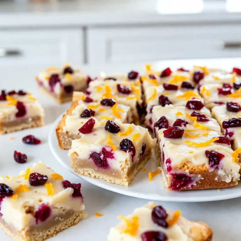 The key to making Copycat Starbucks Cranberry Bliss Bars lies in using fresh, quality ingredients. Here’s what you need for this delightful treat: - 1 cup all-purpose flour - 1/2 teaspoon baking powder - 1/4 teaspoon salt - 1/2 cup unsalted butter, softened to room temperature - 1 cup packed brown sugar - 1 large egg, room temperature - 1 teaspoon pure vanilla extract - 1/2 cup dried cranberries, coarsely chopped - 1/2 cup white chocolate chips - 1/4 cup freshly grated orange zest (from about 2 medium oranges) - 1/4 cup cream cheese, softened to room temperature - 1/2 cup powdered sugar - 1 tablespoon milk (or as needed for consistency) Each ingredient plays a vital role in building flavor and texture. The all-purpose flour provides structure, while the butter adds richness. Brown sugar gives a deep, caramel-like sweetness. The dried cranberries bring a tart burst that balances the sweetness of the white chocolate chips. Fresh orange zest adds a bright note that makes these bars special. Always make sure to measure your ingredients accurately. This ensures your bars come out just right. Enjoy the process of gathering these items. Each one contributes to your own kitchen magic! {{ingredient_image_2}} First, preheat your oven to 350°F (175°C). This step is key for even baking. While the oven warms, grab an 8x8 inch baking dish. Line it with parchment paper. Let some paper hang over the edges. This will help you lift the bars out later. Next, sift together your dry ingredients. In a medium bowl, combine 1 cup of all-purpose flour, 1/2 teaspoon of baking powder, and 1/4 teaspoon of salt. Sifting helps mix the ingredients well and adds air. Set this bowl aside for now. In a large mixing bowl, take 1/2 cup of softened unsalted butter. Add 1 cup of packed brown sugar. Use an electric mixer to cream these together. Beat on medium speed for about 2-3 minutes. You want the mix to be light and fluffy. It should look pale when done. Now, add 1 large egg and 1 teaspoon of pure vanilla extract to the bowl. Mix until these ingredients are fully blended. Gradually add your dry flour mix to the butter mix. Stir gently until the dry ingredients disappear. Be careful not to overmix. This keeps your bars tender. Next, fold in 1/2 cup of coarsely chopped dried cranberries, 1/2 cup of white chocolate chips, and 1/4 cup of freshly grated orange zest. Make sure these mix-ins are evenly spread throughout the batter. Then, transfer the batter to your prepared baking dish. Spread it evenly using a spatula. Bake your bars in the preheated oven for 20-25 minutes. Check doneness by inserting a toothpick in the center. It should come out clean, with just a few moist crumbs. While your bars are baking, make the frosting. In a small mixing bowl, beat 1/4 cup of softened cream cheese. Use a handheld mixer until it’s creamy and smooth. Gradually add 1/2 cup of powdered sugar. Keep mixing until combined. Pour in 1 tablespoon of milk little by little until the frosting is spreadable. After baking, let the bars cool in the pan for 15 minutes. Lift them out using the parchment paper and place them on a wire rack. Allow them to cool completely. Once cooled, use a sharp knife to cut the bars into squares. Generously spread the cream cheese frosting over each bar. For a finishing touch, garnish with extra chopped cranberries and a light sprinkle of orange zest. - Avoiding overmixing: Mix just until you see no dry flour. Overmixing makes the bars tough. You want them soft and tender. - Ensuring even distribution of ingredients: Use a spatula to fold in the cranberries and white chocolate. This helps spread them out well in the batter. - Achieving the right texture: Start with softened cream cheese for smooth frosting. Add powdered sugar slowly. Mix until creamy. If too thick, add a bit of milk. Aim for spreadable, yet firm enough to hold its shape. - Keeping bars fresh for longer: Store your bars in an airtight container. They stay fresh at room temperature for up to three days. - Reheating tips: If you want a warm treat, heat each bar in the microwave for a few seconds. Enjoy the gooey white chocolate with your coffee! Pro Tips Use Room Temperature Ingredients: Allowing butter and cream cheese to come to room temperature ensures they blend smoothly, resulting in a creamier frosting and a more uniform batter. Don't Overmix: When combining the dry and wet ingredients, mix just until no flour streaks remain. Overmixing can lead to dense bars instead of light and fluffy ones. Chill for Better Cutting: For perfectly cut bars, consider chilling them in the refrigerator for about 30 minutes after frosting. This makes them easier to slice and helps the frosting set. Add Extra Flavor: Enhance the flavor by incorporating a splash of orange juice into the frosting or adding a pinch of cinnamon to the batter for a warm, festive touch. {{image_4}} You can easily switch ingredients to meet your needs. For a gluten-free option, use gluten-free flour. This works well and keeps the bars soft. Just make sure to check the label for safe use. If you want a vegan treat, swap the butter with coconut oil or vegan butter. For cream cheese, try a plant-based version. Both changes keep the taste rich and creamy without animal products. Want to jazz up your bars? Add nuts like walnuts or pecans for a crunchy bite. You can also substitute dried cranberries with other dried fruits, like cherries or apricots. Each choice adds a unique twist and keeps things exciting. While orange cream cheese frosting is a delight, you can try other flavors. Consider a chocolate frosting for a rich taste or a lemon frosting for a zesty zing. Each frosting pairs well with the base and makes the bars feel new. To keep your cranberry bliss bars fresh, you have options. You can store them at room temperature for a short time. Just make sure to place them in an airtight container. This keeps the bars soft and tasty. If you want to keep them longer, refrigeration is best. Wrap the bars tightly in plastic wrap before placing them in the fridge. This helps prevent drying and keeps flavors intact. Freezing these bars is easy and great for long-term storage. First, let the bars cool completely. Then, cut them into squares. Wrap each square in plastic wrap to prevent freezer burn. Place the wrapped bars in a freezer-safe bag or container. When you want to enjoy them, take out the number you need. Let them thaw in the fridge overnight or at room temperature for a few hours. They will taste fresh and delicious! These bars have a good shelf life. At room temperature, they last about 3 days. In the fridge, they can stay fresh for up to a week. If you freeze them, they can last for 2 to 3 months. This makes them a perfect treat for any time of year! Enjoy your homemade cranberry bliss bars whenever you like. You can use several tasty options. Here are some ideas: - Milk chocolate chips: They add a sweet twist. - Dark chocolate chips: Use these for a rich flavor. - Carob chips: A great choice if you want a caffeine-free option. - Chopped nuts: Almonds or pecans add a nice crunch. These swaps can change the taste, so pick one that you love! Yes, you can prep these bars in advance. Here are tips: - Baking: Make the bars a day or two before serving. - Storage: Keep them in an airtight container at room temp. - Frosting: Frost the bars just before serving for a fresh look. This way, you save time and enjoy your treat more! Adjusting sweetness is easy! Here’s how: - Reduce sugar: Cut down the brown sugar by a little. - Use alternatives: Try honey or maple syrup instead of sugar. - Taste as you go: Add a bit more if it’s not sweet enough. Find the right balance that makes your taste buds happy! Cutting these bars neatly is key. Here’s how to do it: - Use a sharp knife: This helps prevent squishing the bars. - Warm the knife: Dip it in hot water, then dry it off. - Cut straight down: Don’t saw back and forth; this keeps edges clean. This technique will give you nice, even squares every time! This blog post guides you through baking sweet, creamy bars with easy steps. You learned about the key ingredients, preparation methods, and tips for perfect results. As you explore variations, you’ll see ways to customize these bars to your taste. Storing and reheating them lets you enjoy them longer. Have fun baking and sharing these tasty treats. They will surely impress family and friends. It's all about enjoying the process and savoring the delicious outcome. Happy baking!