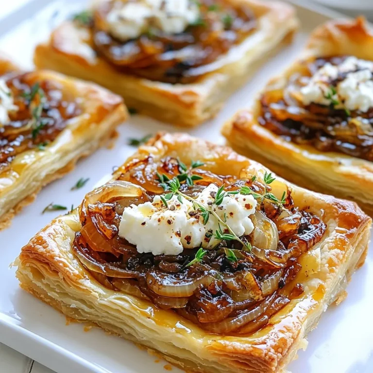 - 1 pre-made puff pastry sheet - 2 large yellow onions, thinly sliced - 2 tablespoons olive oil - 1 tablespoon balsamic vinegar - 1 teaspoon fresh thyme leaves - Salt and freshly ground black pepper to taste - 4 ounces goat cheese, crumbled - 1 tablespoon honey - 1 egg, beaten (for egg wash) This tart is a great choice for many diets. It contains dairy from the goat cheese. If you're lactose intolerant, you can try lactose-free cheese. The tart is vegetarian but not vegan due to the cheese and egg wash. You can switch the puff pastry for a gluten-free crust if needed. Instead of yellow onions, use sweet onions for a milder taste. Feta cheese can replace goat cheese for a different flavor. If you prefer a different herb, try rosemary or oregano instead of thyme. {{ingredient_image_2}} 1. Preheat your oven to 400°F (200°C). 2. Line a baking sheet with parchment paper. This step helps prevent sticking. 3. Slice two large yellow onions thinly. 4. Heat two tablespoons of olive oil in a large skillet over medium heat. 5. Add the sliced onions to the skillet and stir often. Cook until they soften, about 10 minutes. 6. Lower the heat to low and keep cooking the onions for 15-20 minutes. Stir occasionally until they turn golden brown. 7. Add one tablespoon of balsamic vinegar and one teaspoon of fresh thyme leaves to the onions. Season with salt and pepper. Mix well. 8. Remove the skillet from heat and let the mixture cool slightly. 1. Roll out the pre-made puff pastry sheet on a lightly floured surface. Shape it to fit your baking sheet. 2. Use a sharp knife to score a 1-inch border around the pastry. Be careful not to cut all the way through. 3. Spoon the caramelized onion mixture into the center of the pastry, staying within the border. 4. Crumble four ounces of goat cheese over the onion mixture. Drizzle one tablespoon of honey on top for sweetness. 5. Brush the edges of the pastry with a beaten egg to give it a nice color. 1. Bake the tart in the preheated oven for 25-30 minutes. Watch for a golden-brown color and a puffed-up pastry. 2. After baking, take the tart out and let it cool for a few minutes. 3. Slice the tart into portions, and serve warm. For a nice touch, garnish with fresh thyme leaves. 4. Pair the tart with a simple arugula salad drizzled with olive oil and lemon juice for a refreshing side. To get great caramelized onions, start with yellow onions. Slice them thinly for even cooking. Heat olive oil in your skillet over medium heat. Add the onions and stir often. After about 10 minutes, they should be soft. Lower the heat and keep cooking for 15-20 minutes. This will help them turn a rich brown. Don’t rush; patience is key here! If you want more flavor, add balsamic vinegar and thyme. This enhances the sweet taste of the onions. When using puff pastry, make sure it is cold. Cold pastry puffs better in the oven. Roll it out gently on a floured surface. Keep it about 1/8 inch thick. Don’t overwork the dough. Score a border around the edge, but don’t cut all the way through. This helps the crust rise and stay flaky. Brush the edges with beaten egg to get a golden color. This small step makes a big difference. To boost the flavor of your tart, think about adding honey. A drizzle on top of the goat cheese balances the tartness. You can also swap goat cheese for feta or ricotta for a twist. Fresh herbs like rosemary or basil can add a new taste. Consider adding veggies like spinach or mushrooms for extra nutrition. Each change brings a new layer of flavor to your dish. Each bite should be a delightful surprise! Pro Tips Use Fresh Thyme: Fresh thyme adds a wonderful aroma and flavor to the tart. If you can, use fresh rather than dried for the best taste. Caramelize Slowly: Take your time caramelizing the onions on low heat. This develops their natural sweetness and depth of flavor. Don’t Skip the Egg Wash: The egg wash gives the pastry a beautiful golden color and shine. Brush it generously along the edges before baking. Experiment with Cheeses: While goat cheese is delicious, feel free to mix in or substitute with other cheeses like feta or ricotta for varied flavors. {{image_4}} You can switch up the cheese for different tastes. Try feta for a tangy kick. Cream cheese can add a rich, smooth texture. For a sharper flavor, use aged cheddar. These cheeses melt well and work great in the tart. Add more veggies to your tart for extra flavor and nutrition. Sautéed spinach adds a nice green touch. Thin slices of zucchini can also work well. Roasted red peppers bring a sweet and smoky taste. Feel free to mix and match your favorite veggies. Herbs can change the whole flavor of your tart. Basil or parsley can add freshness. A sprinkle of chili flakes gives a bit of heat. You can also use oregano for an earthy flavor. Experiment and find your perfect blend! To keep your tart fresh, let it cool completely. Then, wrap it in plastic wrap or place it in an airtight container. Store it in the fridge for up to three days. If you leave it out, the crust will get soggy. To reheat, preheat your oven to 350°F (175°C). Place the tart on a baking sheet, and cover it lightly with foil. Heat for about 10-15 minutes. This will help the crust stay crisp and warm the filling evenly. Avoid using the microwave, as it can make the pastry soft. You can freeze the tart before or after baking. If freezing before, wrap it tightly in plastic wrap and then foil. It can last in the freezer for up to two months. If you bake it first, let it cool, then wrap and freeze. To use, thaw it in the fridge overnight, then reheat as shown above. Yes, you can make this tart ahead of time. You can cook the onions and prepare the pastry in advance. Store the caramelized onions in the fridge. Roll out the pastry but do not bake it. When ready to eat, just assemble the tart and bake it fresh. This way, you enjoy warm, flaky goodness. To make a gluten-free version, switch to gluten-free puff pastry. Many brands offer this option. Check the ingredients to ensure they fit your needs. You can also try making a crust from ground almonds or oats. Just press it into your tart pan. Bake it briefly before adding the filling. This tart pairs well with a simple salad. I suggest a fresh arugula salad. Drizzle it with olive oil and lemon juice. The tart’s rich flavors balance nicely with the salad’s brightness. You can also serve it with a glass of light white wine. Enjoy it warm, and it will be a hit at any meal! This blog post covered the key ingredients for a Caramelized Onion Goat Cheese Tart, along with dietary options and substitutions. We then explored easy cooking steps and essential baking tips. You learned tricks for perfect caramelization and flavor enhancements. We also shared tasty variations with alternative cheeses and added vegetables. Finally, you discovered how to store and reheat leftovers. These insights will help you create a delicious tart your family will love. Happy cooking!