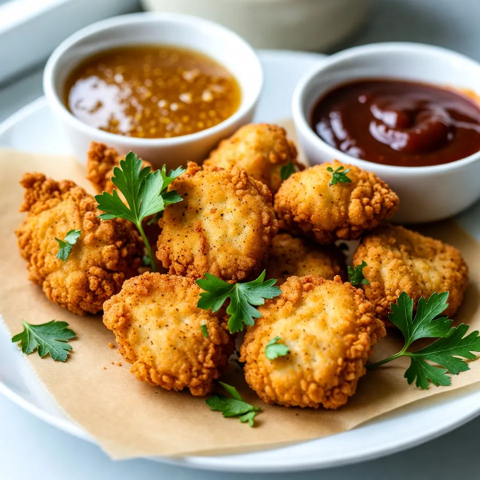To make these tasty nuggets, you need a few key items: - 1 lb chicken breast, cut into bite-sized pieces - 1 cup buttermilk - 1 cup all-purpose flour These main ingredients create the base for your nuggets. The chicken provides protein, while the buttermilk helps tenderize the meat. The flour coats the nuggets and gives them a nice crunch. The right spices make these nuggets special. You will need: - 1 teaspoon salt - 1 teaspoon black pepper - 1 teaspoon garlic powder - 1 teaspoon onion powder - 1 teaspoon paprika - 1/2 teaspoon cayenne pepper (optional) These spices add flavor and warmth. The cayenne pepper gives a little kick if you like some heat. Feel free to adjust the spices to suit your taste. Choosing the right oil is key for frying. I recommend using: - 1 cup peanut oil (or vegetable oil) Peanut oil has a high smoke point, which means it stays stable when heated. This helps the nuggets fry crispy. Vegetable oil is a good alternative if you prefer. Just make sure it can handle high heat. {{ingredient_image_2}} Start by cutting the chicken breast into bite-sized pieces. Place these pieces in a medium bowl. Pour 1 cup of buttermilk over the chicken. Make sure the chicken is fully submerged. Cover the bowl tightly and refrigerate for at least one hour. If you have time, marinate overnight. This makes the chicken tender and flavorful. While the chicken marinates, prepare the coating. In a shallow dish, mix 1 cup of all-purpose flour, 1 teaspoon of salt, 1 teaspoon of black pepper, 1 teaspoon of garlic powder, 1 teaspoon of onion powder, and 1 teaspoon of paprika. If you like some heat, add 1/2 teaspoon of cayenne pepper. Mix these dry ingredients well. This seasoned flour will give your nuggets a great flavor. Next, heat the oil in a large skillet or deep fryer. Pour in 1 cup of peanut or vegetable oil. Set the heat to medium-high. Use a kitchen thermometer to check the temperature. You want the oil to reach 350°F (175°C). This is the perfect temperature for frying and getting crispy nuggets. Once the chicken has marinated, remove it from the buttermilk. Let any excess liquid drip off, but don’t pat it dry. Take each piece of chicken and coat it in the seasoned flour. Make sure to cover each piece fully. Gently shake off any extra flour. This step is key to a crunchy crust. Carefully add the coated nuggets to the hot oil. Do this in small batches to avoid overcrowding. Fry each batch for about 3 to 4 minutes on each side. You want them golden brown and crispy. Check the internal temperature; it should be 165°F (75°C) to ensure they are fully cooked. After frying, use a slotted spoon to lift the nuggets out of the oil. Place them on a plate lined with paper towels. This helps absorb any excess oil. Let them rest for a moment. While the nuggets are still hot, sprinkle a little salt on top for extra flavor. Enjoy your crispy nuggets! Marinating chicken is key for juicy nuggets. Use buttermilk to tenderize the meat. Soak the chicken for at least one hour. For the best taste, marinate overnight. Cover the bowl to keep flavors in. This helps the spices stick better later. Frying needs the right oil temperature. Heat the oil to 350°F (175°C). A kitchen thermometer helps get this right. Fry in small batches to keep the oil hot. Overcrowding can lead to soggy nuggets. Cook them for 3-4 minutes on each side. Look for a golden brown color as a sign they are done. Seasoning gives your nuggets extra flavor. Use a mix of spices in the flour. I suggest salt, black pepper, garlic powder, onion powder, and paprika. For a kick, add cayenne pepper. Adjust the spices to fit your taste. This will make your nuggets stand out. Don’t forget to sprinkle a bit of salt after frying for a final touch! Pro Tips Marinating is Key: Allowing the chicken to marinate in buttermilk for at least an hour enhances tenderness and flavor, making your nuggets irresistibly juicy. Temperature Matters: Ensure the oil is hot enough (350°F) before frying. This will create a crispy exterior while keeping the chicken moist and tender inside. Don’t Overcrowd the Pan: Fry the chicken nuggets in batches to avoid lowering the oil temperature, which can result in soggy nuggets instead of crispy ones. Rest and Season: Let the fried nuggets rest on paper towels for a moment to absorb excess oil, and sprinkle with additional salt for enhanced flavor right after frying. {{image_4}} You can easily spice up your chicken nuggets. Just add more cayenne pepper to the flour mix. Start with one teaspoon for a real kick. You can also use hot sauce in the buttermilk. This adds a tangy flavor and heat. Adjust the spice level to fit your taste. You can make these nuggets gluten-free. Swap all-purpose flour with gluten-free flour. Check the brand for best results. You can also use crushed cornflakes for an extra crunch. Just ensure that your chicken broth is gluten-free as well. If you want a healthier option, bake the nuggets instead of frying. Preheat your oven to 400°F (200°C). Coat the chicken as usual, then place the nuggets on a baking sheet. Use parchment paper for easy cleanup. Bake for 15-20 minutes, flipping halfway through. They should be golden brown and reach an internal temperature of 165°F (75°C). Enjoy all the flavor with less oil! To store leftover nuggets, let them cool completely. Place them in an airtight container. Keep the container in the fridge. These nuggets stay fresh for up to three days. If you want to keep them longer, consider freezing. When it's time to eat your nuggets again, reheating is key. Preheat your oven to 400°F (200°C). Place the nuggets on a baking sheet in a single layer. Bake for about 10-12 minutes. This method helps them regain their crispiness. Avoid using the microwave, as it can make them soggy. For freezing, arrange the cooled nuggets in a single layer on a baking sheet. Freeze them until solid, about 1-2 hours. Once frozen, transfer them to a freezer bag. Squeeze out excess air and seal it tightly. They can stay in the freezer for up to three months. To thaw, move them to the fridge overnight before reheating. Marinate the chicken for at least 1 hour. For the best flavor and tenderness, I recommend marinating overnight. The buttermilk helps to break down the proteins in the chicken, making it juicy. Yes, you can use different oils. Peanut oil is great for frying due to its high smoke point. Vegetable oil or canola oil also works well. Just avoid oils with low smoke points, like olive oil. These nuggets taste amazing with many sauces. Honey mustard and barbecue sauce are favorites. You could also try ranch dressing or sweet and sour sauce for variety. When frying larger batches, cook in smaller groups. This keeps the oil hot. If you overcrowd the pan, the nuggets may cook unevenly. Each batch should still take about 3-4 minutes per side. Yes, you can prepare these nuggets ahead of time. After frying, let them cool and store in the fridge. Reheat in the oven for a few minutes to keep them crispy. You learned how to make copycat Chick-fil-A nuggets. We covered ingredients, marinating, and frying techniques. I also shared tips for getting those nuggets just right. You now know variations, storage, and reheating best practices. These nuggets are sure to impress anyone. Enjoy trying different spices and dips for fun twists. Happy cooking!