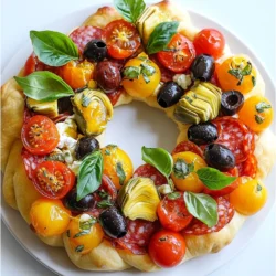 For the Antipasto Wreath with Hot Honey Feta, you will need: - 1 large pizza dough (store-bought or homemade) - 1 cup cherry tomatoes, halved - 1 cup black olives, pitted and halved - 1 cup artichoke hearts, quartered - 1 cup sliced salami - 1 cup fresh mozzarella balls (bocconcini) - 1/2 cup roasted red peppers, sliced - 1/2 cup feta cheese, crumbled - 1/4 cup hot honey (or regular honey mixed with red pepper flakes) - 2 tablespoons olive oil - 1 tablespoon dried oregano - 1 teaspoon garlic powder - Salt and pepper to taste - Fresh basil leaves for garnish If you can't find a specific ingredient, here are some substitutes: - Pizza Dough: You can use puff pastry for a flakier texture. - Cherry Tomatoes: Grape tomatoes work well too. - Black Olives: Green olives can be used for a different flavor. - Artichoke Hearts: Canned or frozen artichokes are just fine. - Salami: Any cured meat like prosciutto or pepperoni can replace it. - Mozzarella Balls: Shredded mozzarella is a quick swap. - Feta Cheese: Goat cheese can give a similar tang. - Hot Honey: Regular honey with a pinch of cayenne adds heat. To make your Antipasto Wreath shine, focus on quality: - Pizza Dough: Look for fresh or high-quality frozen dough. - Cheeses: Use fresh mozzarella and high-quality feta for the best taste. - Tomatoes: Choose firm, ripe cherry tomatoes for sweetness. - Olives: Go for pitted olives in brine for flavor. - Salami: Select a well-seasoned salami for depth. - Honey: Pick pure honey for a rich flavor. These thoughtful choices will enhance your dish, making it more enjoyable for everyone! {{ingredient_image_2}} Start by preheating your oven to 400&deg;F (200&deg;C). While it heats, prepare your dough. If you're using store-bought pizza dough, take it out of the package. If you are making it from scratch, roll it out on a lightly floured surface. Aim for a large circle about 12-14 inches wide. This will be the base of your wreath. Once rolled, transfer the dough to a parchment-lined baking sheet. Now comes the fun part&mdash;filling the wreath! On one half of the dough, layer your ingredients. Begin with fresh mozzarella balls, then add halved cherry tomatoes, sliced salami, black olives, quartered artichoke hearts, sliced roasted red peppers, and crumbled feta cheese. Spread everything evenly, but leave the other half of the dough clean. Next, fold the empty half of the dough over the filling. Press the edges firmly to seal them. To make it look nice, use a fork to crimp the edges. This step makes sure the filling stays inside while baking. Now, brush the top of your wreath with olive oil. Sprinkle dried oregano, garlic powder, salt, and pepper over it. This helps create a nice, crispy crust. Place the baking sheet in your preheated oven. Bake for 20-25 minutes. Look for a golden-brown color and a puffy shape. Once baked, take it out and drizzle hot honey on top. You want it to soak into the cheese and crust for extra flavor. Let it cool for a few minutes. Then, slice it into wedges for serving. For a lovely finish, add fresh basil leaves just before you serve. Enjoy your delicious Antipasto Wreath with Hot Honey Feta! To achieve a crispy crust, start with good dough. Use store-bought or homemade pizza dough. Roll it out thinly, about 1/4 inch thick. Brush the top with olive oil before baking. This oil helps create that golden brown finish. Bake at 400&deg;F for 20-25 minutes. Keep an eye on it. If the edges brown too fast, cover them with foil. Seasonings make all the difference. Use salt and pepper to taste. Dried oregano brings out the Italian flavors. Garlic powder adds a nice kick. For a sweeter touch, drizzle hot honey right after baking. Mix honey with red pepper flakes for extra heat. These bold flavors make each bite pop. For a stunning display, use a large wooden board. Place the Antipasto Wreath in the center. Surround it with marinated vegetables and olives. This adds color and variety. Drizzle more hot honey on top just before serving. It not only looks great but enhances the flavor too. Garnish with fresh basil leaves for a nice touch. Pro Tips Use Fresh Ingredients: Ensure that all your ingredients, especially the vegetables and cheeses, are fresh for the best flavor and texture in your wreath. Customize Your Fillings: Feel free to mix and match your favorite antipasto items, such as different meats, cheeses, or vegetables, to personalize the wreath to your taste. Experiment with Honey: If you prefer a different level of sweetness or heat, try infusing your honey with spices or herbs, like rosemary or thyme, for a unique twist. Serve Warm: For the best experience, serve the Antipasto Wreath warm right out of the oven, as this enhances the flavors and makes the cheese deliciously gooey. {{image_4}} You can easily make this wreath vegetarian. Swap out the salami for more veggies. Try bell peppers, zucchini, or even spinach. These add flavor without meat. Use more feta and mozzarella for a cheesy delight. You could also add marinated mushrooms for an extra twist. This keeps the dish colorful and tasty. If you love spice, add more heat! Use spicy salami instead of regular. You can also increase the hot honey. Drizzle more over the top after baking. Add sliced jalape&ntilde;os inside the wreath for a kick. This spicy version will thrill anyone who enjoys bold flavors. Cheese makes everything better! If you're not a feta fan, try goat cheese. Its tanginess pairs well with other flavors. Cream cheese can also work for a unique taste. For a richer flavor, add cheddar or pepper jack. Mixing different cheeses creates a fun flavor party in each bite! To keep your Antipasto Wreath fresh, place any leftovers in an airtight container. Store it in the fridge for up to three days. Make sure to let it cool before sealing the container. This helps keep the crust crispy and the toppings flavorful. When you're ready to enjoy leftovers, preheat your oven to 350&deg;F (175&deg;C). Place the wreath on a baking sheet and heat for about 10-15 minutes. This method warms it up while keeping the crust nice and crunchy. You can also use a microwave, but the crust may get soft. If you want to save the Antipasto Wreath for later, freezing is a great option. Wrap it tightly in plastic wrap, then in aluminum foil. Freeze it for up to one month. When you're ready to eat, let it thaw in the fridge overnight. Then, reheat it in the oven for the best results. Yes, you can make the dough from scratch. Use flour, yeast, salt, and water. Mix until smooth and let it rise. This gives you fresh, warm dough. If you prefer, store-bought dough works just as well. It saves time and effort while still tasting great. You can serve the Antipasto Wreath with various items. Try fresh veggie sticks like carrots and cucumbers. A side of marinara sauce makes a tasty dip. You can also add a fresh salad or some crusty bread. These sides will make your meal more complete and fun. The Antipasto Wreath lasts about 3 to 5 days in the fridge. Store it in an airtight container to keep it fresh. When you're ready to eat, simply reheat it in the oven for a few minutes. This brings back its delicious flavors. This post covered everything you need for a great Antipasto Wreath. You learned about key ingredients, tips for preparation, and how to bake it perfectly. I shared ideas for different flavors, and storage tips to keep it fresh. With this guide, you can confidently make your own tasty wreath. Remember, cooking is fun, and trying new things makes it even better. Enjoy your cooking adventure and share your tasty results with others!