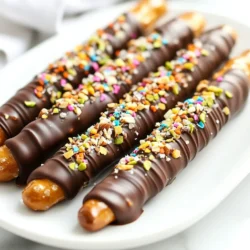 - 12 pretzel rods - 1 cup semi-sweet chocolate chips - 1 tablespoon coconut oil - 1/2 cup crushed nuts (options: almonds, pecans, or pistachios) - 1/2 cup colorful sprinkles - 1/4 teaspoon sea salt (optional) Gather these simple ingredients to create your chocolate dipped pretzel rods. The pretzel rods provide a crunchy base. The semi-sweet chocolate chips add a rich flavor. Coconut oil helps the chocolate melt smoothly. You can choose nuts based on your taste. Colorful sprinkles make your treats fun and festive. A sprinkle of sea salt adds a nice contrast. Each ingredient plays a role in making this snack delightful. {{ingredient_image_2}} Start by getting your baking sheet and parchment paper. Line the sheet with parchment paper. This helps the pretzels not stick. Make sure you have enough space to work. You may also want to gather all your ingredients close by. Get a microwave-safe bowl and add the chocolate chips and coconut oil. Microwave this mixture for 30 seconds. Stir well each time you check it. Keep going until the chocolate is fully melted and smooth. This usually takes about 1-2 minutes in total. Take one pretzel rod by its ends. Carefully dip it into the melted chocolate. Aim to cover about two-thirds of the rod. Gently lift the pretzel out, letting the extra chocolate drip back into the bowl. Right after dipping, roll the chocolate part in crushed nuts or colorful sprinkles. Press down lightly so they stick well. You can also add a tiny bit of sea salt on top for a nice taste contrast. Place each dipped pretzel on the lined baking sheet. Make sure there is space between each one. This keeps them from sticking together as they cool. Continue this process until all pretzel rods are dipped and topped. Put the baking sheet in the refrigerator. Let the pretzels chill for about 30 minutes. This helps the chocolate become firm and hard. You want them to be ready to eat! You can enjoy these tasty treats right away. If you want to save some, put them in an airtight container. They stay fresh for up to a week. These pretzels are great for sharing or snacking later! To get that perfect dip, hold the pretzel by its ends. This way, you have control. Dip about two-thirds of the rod into the melted chocolate. Pull it out slowly to let excess chocolate drip back into the bowl. This method helps prevent a messy coating. For an even coat, make sure the chocolate is smooth and fluid. Stir the chocolate well before dipping. If it feels too thick, add a bit more coconut oil. This keeps the chocolate runny and easy to work with. Always dip quickly and avoid letting the pretzel sit too long in the chocolate. If the chocolate doesn&rsquo;t stick, check your chocolate's temperature. It should be warm but not too hot. If it cools too much, it won&rsquo;t cling well. Make sure to add toppings right after dipping. If you wait too long, the chocolate may harden, making it hard for toppings to stay on. Pro Tips Choose Quality Chocolate: Select high-quality semi-sweet chocolate for the best flavor and smoothness when melting. Experiment with Toppings: Get creative with your toppings! Try crushed candies, coconut flakes, or even drizzle white chocolate for a decorative touch. Keep It Cool: If your melted chocolate starts to harden, reheat it gently in the microwave in short bursts to keep it workable. Presentation Matters: Use festive jars or decorative trays for serving, and consider adding ribbons for an extra special touch. {{image_4}} You can change the chocolate for more fun. Try white chocolate for a sweeter taste. Dark chocolate gives a richer flavor. Both work great with pretzels. You can even mix chocolates for fun designs. Melt them separately and swirl together for a marbled look. This adds flair and makes each pretzel unique. The toppings can make your pretzel rods shine. Crushed cookies like Oreos add crunch and flavor. Try coconut flakes for a tropical twist. You can also use mini marshmallows for a fun texture. For a salty finish, sprinkle some crushed pretzels on top. Get creative with what you love and have on hand! Make your pretzel rods fit any holiday. Use festive sprinkles for Christmas, Halloween, or birthdays. Red and green sprinkles create a holiday vibe. Bright colors work well for summer parties. You can even use edible glitter for a touch of glam. Themed pretzels are great for gifts or party snacks! To keep your chocolate dipped pretzel rods fresh, use an airtight container. Place a layer of parchment paper between layers to avoid sticking. This helps keep them nice and crunchy. Store them at room temperature away from heat and sunlight. Your pretzel rods stay fresh for up to one week. After that, they may lose their crunch. To enjoy the best taste, eat them within the first few days. If you notice any changes in smell or texture, it&rsquo;s best to toss them. You can freeze chocolate dipped pretzel rods for up to three months. Wrap each pretzel individually in plastic wrap, then place them in a freezer bag. When you&rsquo;re ready to eat, thaw them in the fridge overnight. This keeps them tasty and prevents freezer burn. Yes, you can use many types of chocolate. Dark chocolate adds a rich taste. White chocolate gives a sweet, creamy flavor. You can also use milk chocolate for a classic touch. Each type will change the taste. Mix and match them for fun! You can keep your pretzel rods fresh for up to a week. Store them in an airtight container. This helps keep the chocolate from getting soft. If you want them to last longer, place a paper towel in the container. This absorbs moisture and keeps them crunchy. You can find pre-made pretzel rods at many stores. Look in the snack aisle or bakery section. Online shops also sell them. Check sites like Amazon or local bakeries. Just make sure to read reviews to find the best ones. Absolutely! You can make these pretzels a day or two before. Just store them in an airtight container. This way, you save time on the day of your event. Plus, they still taste great. Your guests will love them! For gifts, use clear cellophane bags. This shows off the pretty colors and toppings. Tie the bags with a ribbon for a nice touch. You can also use small gift boxes. Add a personal note for your friends and family to feel special. You now know how to make fun chocolate-dipped pretzel rods with ease. We covered the necessary ingredients, step-by-step instructions, and helpful tips to perfect your treat. Don't forget to try out variations and creative toppings to suit your taste or the season! These pretzels make great snacks or gifts. With proper storage, they stay fresh for days. Enjoy making and sharing this simple yet tasty treat. Happy dipping!