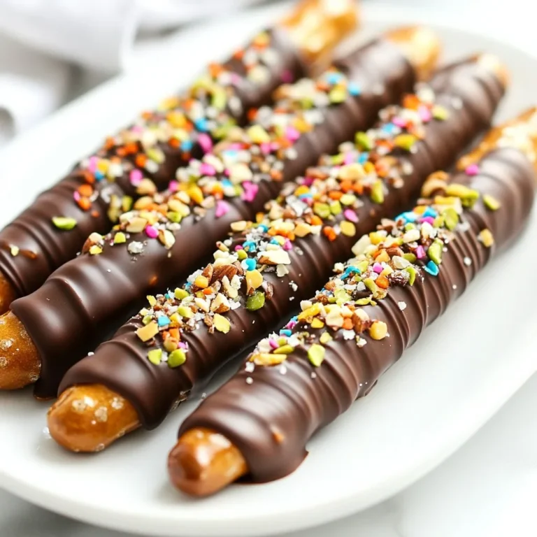 - 12 pretzel rods - 1 cup semi-sweet chocolate chips - 1 tablespoon coconut oil - 1/2 cup crushed nuts (options: almonds, pecans, or pistachios) - 1/2 cup colorful sprinkles - 1/4 teaspoon sea salt (optional) Gather these simple ingredients to create your chocolate dipped pretzel rods. The pretzel rods provide a crunchy base. The semi-sweet chocolate chips add a rich flavor. Coconut oil helps the chocolate melt smoothly. You can choose nuts based on your taste. Colorful sprinkles make your treats fun and festive. A sprinkle of sea salt adds a nice contrast. Each ingredient plays a role in making this snack delightful. {{ingredient_image_2}} Start by getting your baking sheet and parchment paper. Line the sheet with parchment paper. This helps the pretzels not stick. Make sure you have enough space to work. You may also want to gather all your ingredients close by. Get a microwave-safe bowl and add the chocolate chips and coconut oil. Microwave this mixture for 30 seconds. Stir well each time you check it. Keep going until the chocolate is fully melted and smooth. This usually takes about 1-2 minutes in total. Take one pretzel rod by its ends. Carefully dip it into the melted chocolate. Aim to cover about two-thirds of the rod. Gently lift the pretzel out, letting the extra chocolate drip back into the bowl. Right after dipping, roll the chocolate part in crushed nuts or colorful sprinkles. Press down lightly so they stick well. You can also add a tiny bit of sea salt on top for a nice taste contrast. Place each dipped pretzel on the lined baking sheet. Make sure there is space between each one. This keeps them from sticking together as they cool. Continue this process until all pretzel rods are dipped and topped. Put the baking sheet in the refrigerator. Let the pretzels chill for about 30 minutes. This helps the chocolate become firm and hard. You want them to be ready to eat! You can enjoy these tasty treats right away. If you want to save some, put them in an airtight container. They stay fresh for up to a week. These pretzels are great for sharing or snacking later! To get that perfect dip, hold the pretzel by its ends. This way, you have control. Dip about two-thirds of the rod into the melted chocolate. Pull it out slowly to let excess chocolate drip back into the bowl. This method helps prevent a messy coating. For an even coat, make sure the chocolate is smooth and fluid. Stir the chocolate well before dipping. If it feels too thick, add a bit more coconut oil. This keeps the chocolate runny and easy to work with. Always dip quickly and avoid letting the pretzel sit too long in the chocolate. If the chocolate doesn’t stick, check your chocolate's temperature. It should be warm but not too hot. If it cools too much, it won’t cling well. Make sure to add toppings right after dipping. If you wait too long, the chocolate may harden, making it hard for toppings to stay on. Pro Tips Choose Quality Chocolate: Select high-quality semi-sweet chocolate for the best flavor and smoothness when melting. Experiment with Toppings: Get creative with your toppings! Try crushed candies, coconut flakes, or even drizzle white chocolate for a decorative touch. Keep It Cool: If your melted chocolate starts to harden, reheat it gently in the microwave in short bursts to keep it workable. Presentation Matters: Use festive jars or decorative trays for serving, and consider adding ribbons for an extra special touch. {{image_4}} You can change the chocolate for more fun. Try white chocolate for a sweeter taste. Dark chocolate gives a richer flavor. Both work great with pretzels. You can even mix chocolates for fun designs. Melt them separately and swirl together for a marbled look. This adds flair and makes each pretzel unique. The toppings can make your pretzel rods shine. Crushed cookies like Oreos add crunch and flavor. Try coconut flakes for a tropical twist. You can also use mini marshmallows for a fun texture. For a salty finish, sprinkle some crushed pretzels on top. Get creative with what you love and have on hand! Make your pretzel rods fit any holiday. Use festive sprinkles for Christmas, Halloween, or birthdays. Red and green sprinkles create a holiday vibe. Bright colors work well for summer parties. You can even use edible glitter for a touch of glam. Themed pretzels are great for gifts or party snacks! To keep your chocolate dipped pretzel rods fresh, use an airtight container. Place a layer of parchment paper between layers to avoid sticking. This helps keep them nice and crunchy. Store them at room temperature away from heat and sunlight. Your pretzel rods stay fresh for up to one week. After that, they may lose their crunch. To enjoy the best taste, eat them within the first few days. If you notice any changes in smell or texture, it’s best to toss them. You can freeze chocolate dipped pretzel rods for up to three months. Wrap each pretzel individually in plastic wrap, then place them in a freezer bag. When you’re ready to eat, thaw them in the fridge overnight. This keeps them tasty and prevents freezer burn. Yes, you can use many types of chocolate. Dark chocolate adds a rich taste. White chocolate gives a sweet, creamy flavor. You can also use milk chocolate for a classic touch. Each type will change the taste. Mix and match them for fun! You can keep your pretzel rods fresh for up to a week. Store them in an airtight container. This helps keep the chocolate from getting soft. If you want them to last longer, place a paper towel in the container. This absorbs moisture and keeps them crunchy. You can find pre-made pretzel rods at many stores. Look in the snack aisle or bakery section. Online shops also sell them. Check sites like Amazon or local bakeries. Just make sure to read reviews to find the best ones. Absolutely! You can make these pretzels a day or two before. Just store them in an airtight container. This way, you save time on the day of your event. Plus, they still taste great. Your guests will love them! For gifts, use clear cellophane bags. This shows off the pretty colors and toppings. Tie the bags with a ribbon for a nice touch. You can also use small gift boxes. Add a personal note for your friends and family to feel special. You now know how to make fun chocolate-dipped pretzel rods with ease. We covered the necessary ingredients, step-by-step instructions, and helpful tips to perfect your treat. Don't forget to try out variations and creative toppings to suit your taste or the season! These pretzels make great snacks or gifts. With proper storage, they stay fresh for days. Enjoy making and sharing this simple yet tasty treat. Happy dipping!