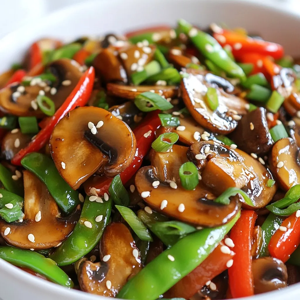 - 2 cups assorted mushrooms (shiitake, cremini, and oyster), sliced thin - 1 medium red bell pepper, thinly sliced into strips - 1 cup sugar snap peas, with ends trimmed off - 2 green onions, sliced diagonally - 3 cloves garlic, minced finely - 1 inch fresh ginger, grated or minced - 2 tablespoons low-sodium soy sauce - 1 tablespoon sesame oil for flavor - 1 tablespoon vegetable oil for frying - 1 teaspoon chili flakes (optional, for an extra kick) - Salt and pepper to taste - 1 tablespoon toasted sesame seeds (for garnish) Gather these ingredients before you start cooking. The mix of mushrooms gives great flavor and texture. Red bell peppers add sweetness, while sugar snap peas bring a nice crunch. Green onions finish the dish with a fresh touch. Using low-sodium soy sauce helps control salt. The sesame oil adds depth, and chili flakes offer a spicy kick if you want. Don't forget the toasted sesame seeds; they add a wonderful crunch. {{ingredient_image_2}} - Heat 1 tablespoon of vegetable oil in a large pan over medium-high heat. - Mince 3 cloves of garlic and 1 inch of fresh ginger finely. - Add the minced garlic and ginger to the hot oil. Stir for 30 seconds. - Next, add 2 cups of sliced assorted mushrooms. Cook for 4-5 minutes until soft. - Now, add 1 medium red bell pepper and 1 cup of sugar snap peas. Stir-fry for 2-3 minutes. - Pour in 2 tablespoons of low-sodium soy sauce and 1 tablespoon of sesame oil. Stir well. - If you want heat, add 1 teaspoon of chili flakes. Season with salt and pepper. - Fold in 2 sliced green onions and stir for 1 more minute. Remove from heat. - Serve the stir-fry hot on a plate. - Garnish with 1 tablespoon of toasted sesame seeds for crunch. - Pair it with rice or noodles for a full meal. Using high heat is key for a great stir-fry. High heat helps cook the food fast. It keeps the veggies crisp and bright. If the heat is low, vegetables may become soggy. For stirring, use a spatula or wooden spoon. Keep the food moving in the pan. This prevents sticking and ensures even cooking. You can also use a quick toss technique if you feel bold! Just lift the pan and flip. You can change the flavor with extra ingredients. Try adding nuts for crunch or herbs for freshness. Some people love adding a splash of lime juice. This can brighten the dish. To adjust spiciness, add chili flakes. You can start with a little. Taste as you go. If you want it hotter, add more. You are in control of the heat! The best pan for stir-frying is a wok. Its shape helps heat the food evenly. If you don’t have a wok, a large skillet works too. For preparation, use a sharp knife for slicing. A cutting board is also helpful. You may want a measuring spoon for sauces. Having these tools ready makes cooking easier. Pro Tips Use Fresh Ingredients: Always opt for fresh mushrooms and vegetables for the best flavor and texture in your stir-fry. High Heat is Key: Stir-frying is best done at high heat to quickly sear the ingredients and retain their crispness. Prep Everything in Advance: Have all your ingredients sliced and ready to go before you start cooking, as stir-frying happens quickly. Experiment with Sauces: Feel free to add different sauces like teriyaki or oyster sauce for a unique twist on the flavor profile. {{image_4}} You can easily make this dish fit your needs. If you want a gluten-free option, try tamari instead of soy sauce. Tamari has a similar taste and works well in stir-fries. For those who follow a vegan diet, this recipe is already vegan-friendly! Just skip any meat additions and enjoy the vegetables and mushrooms. Feel free to switch up the veggies in this stir-fry. Broccoli and carrots are great choices. They add color and crunch. You can also add proteins like tofu or chicken for more substance. Tofu absorbs flavors well, while chicken adds a hearty touch. Cook the protein first, then add the veggies to the pan. This dish is perfect for meal prep! You can make it ahead and store it in the fridge. Just divide it into containers for easy lunches. Serve the stir-fry over rice or noodles for a filling meal. Both pair well and soak up the sauce nicely. Enjoy your tasty weeknight meal! To keep your mushroom stir-fry fresh, cool it down quickly. Let it sit at room temperature for no more than two hours. Once it cools, use airtight containers. Glass containers work great because they do not stain or hold odors. Plastic containers are also fine if they are BPA-free. Store your leftovers in the fridge for up to three days. When you reheat, you want to keep the flavors and texture. The best method is to use a pan on medium heat. Add a splash of water or oil to keep it moist. Stir often for even heating, about 5-7 minutes. You can also use a microwave, but be careful not to overcook it. Heat for 1 minute, check, and continue in 30-second bursts. If stored properly, your stir-fry is good for three days in the fridge. To freeze your stir-fry, let it cool completely. Then, portion it into freezer-safe bags or containers. Remove as much air as possible to prevent freezer burn. Label with the date so you know how long it has been frozen. You can keep it in the freezer for up to three months. When ready to eat, thaw it in the fridge overnight. Reheat it in a pan over medium heat until hot, stirring to mix well. If you don’t have mushrooms, use other veggies. Bell peppers, zucchini, or eggplant work well. Each brings a unique taste. For a meaty texture, try chickpeas or tofu. Both soak up flavors nicely. If you like a slight earthiness, use cooked lentils. Remember, the key is to keep the stir-fry vibrant and colorful! Yes, you can prep this dish ahead. Cut and store the veggies in the fridge. Keep mushrooms and other fresh ingredients separate. This way, they stay crisp. Cook the stir-fry within two days for the best taste. For storage, use airtight containers to save space and prevent wilting. To spice things up, add chili flakes or fresh chilies. Start with a small amount, then taste. You can always add more. For milder flavors, skip the chili flakes. Instead, add a pinch of sugar for sweetness. This balances the heat and makes for a delightful dish! This blog post showed you how to create a tasty stir-fry. You learned about fresh ingredients like mushrooms and bell peppers. We discussed the right seasonings and cooking tips for best flavor. I also shared how to store leftovers and answers to common questions. In the end, stir-fry is a simple dish to enjoy and customize. Try different veggies or spices to make it your own. Enjoy cooking!