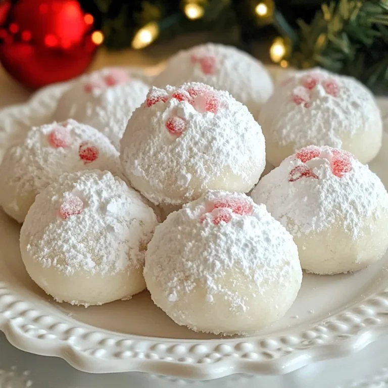 To make peppermint snowball cookies, you need these key items: - 1 cup unsalted butter, softened - 1/2 cup powdered sugar - 1 teaspoon pure vanilla extract - 1 teaspoon peppermint extract - 2 1/4 cups all-purpose flour - 1/2 cup crushed peppermint candies or candy canes - 1/4 teaspoon salt These ingredients create a rich, buttery base with a refreshing mint flavor. The crushed candies add a nice crunch and festive look. You can enhance your cookies with these fun additions: - A pinch of cinnamon for warmth - White chocolate chips for sweetness - Chopped nuts like walnuts or pecans for texture Adding these flavors can make your cookies unique and appealing. If you need to swap ingredients, here are some ideas: - Use coconut oil instead of butter for a dairy-free option. - Replace peppermint extract with almond extract for a different taste. - For a gluten-free version, try a gluten-free flour blend. These substitutions keep the cookies delicious while catering to dietary needs. {{ingredient_image_2}} Start by preheating your oven to 350°F (175°C). This helps the cookies bake evenly. Line a baking sheet with parchment paper. This step keeps the cookies from sticking. In a large bowl, cream together 1 cup of softened butter and 1/2 cup of powdered sugar. Mix until it’s light and fluffy, about 3 to 4 minutes. Next, add 1 teaspoon of pure vanilla extract and 1 teaspoon of peppermint extract. Mix well until the dough smells amazing. In another bowl, whisk together 2 1/4 cups of all-purpose flour and 1/4 teaspoon of salt. Slowly add this flour mix to the butter mix. Stir until just combined. Be careful not to overmix. Now, gently fold in 1/2 cup of crushed peppermint candies. This adds a fun crunch and flavor. Using a tablespoon, scoop out the dough and roll it into small balls. Place these cookie balls on the baking sheet, leaving about 2 inches between them. Bake your cookies in the preheated oven for 12 to 15 minutes. Look for lightly golden edges while the centers stay pale. This ensures they are soft inside. As they bake, your kitchen will fill with a sweet peppermint scent. Once done, take them out and let them cool for about 5 minutes on the baking sheet. This helps them set but keeps them warm. Carefully transfer the cookies to a wire rack to cool completely. While they are still warm, roll each cookie in powdered sugar until they’re fully coated. This makes them look like snowballs! For a festive touch, you can dust them again with powdered sugar after they cool. Arrange your cookies on a charming platter. You might add whole peppermint candies or colorful sprinkles to make them pop. Enjoy the joy they bring to your holiday gatherings! To make perfect peppermint snowball cookies, focus on the butter. Use unsalted butter that is soft and at room temperature. This helps create a light and fluffy dough. Mix the butter with powdered sugar for about 3-4 minutes. The goal is to blend until it is airy. When adding the flour, do not overmix. Stop mixing as soon as you see no dry flour. This keeps the cookies tender. Store your cookies in an airtight container. This keeps them fresh and soft for days. If you want them to last longer, layer parchment paper between the cookies. Avoid putting them in the fridge, as cool air can dry them out. Instead, keep them in a cool, dry place. You can also freeze them. Wrap each cookie in plastic wrap and place them in a freezer bag. For a festive touch, arrange your cookies on a bright platter. Dust them with extra powdered sugar for a snowy look. You can also add whole peppermint candies as a fun garnish. Consider serving these cookies with hot cocoa or a warm drink. This pairing brings out the peppermint flavor. Guests will love the festive feel! Pro Tips Chill the Dough: For a firmer dough that’s easier to handle, chill it in the refrigerator for 30 minutes before rolling into balls. Crushed Candy Canes: Use a food processor to crush the peppermint candies for a finer texture that distributes evenly throughout the cookies. Monitor Baking Time: Keep an eye on the cookies as they bake. Ovens can vary, so start checking them a couple of minutes early to prevent overbaking. Extra Sweet Coating: For an extra sweet touch, try adding a dash of peppermint extract to the powdered sugar before rolling the cookies. {{image_4}} You can make peppermint snowball cookies even more fun by adding chocolate. Start by mixing in 1/2 cup of unsweetened cocoa powder with the flour. This makes a rich chocolate base. You can also use chocolate chips instead of peppermint candies. Just fold in 1/2 cup of mini chocolate chips at the same time. The result is a sweet blend of chocolate and peppermint that will delight everyone. Want to add some crunch? Try using nuts in your cookies. Chopped walnuts or pecans work great. Mix in 1/2 cup of chopped nuts with the crushed peppermint candies. The nuts add a nice texture. They also give a warm, nutty flavor to the cookies. If you like almonds, try almond extract instead of peppermint extract for a twist. You can enjoy peppermint snowball cookies even if you need to avoid gluten. Just swap all-purpose flour with a gluten-free blend. Make sure it includes xanthan gum for the best texture. You can also use almond flour for a nutty flavor. The cookies will still be soft and delicious. Just remember to check labels for any hidden gluten in your ingredients. To keep your peppermint snowball cookies fresh, place them in an airtight container. Layer them with parchment paper to avoid sticking. Store the cookies at room temperature for up to a week. If you want them to last longer, refrigeration helps too. Just remember to bring them back to room temp before eating. You can freeze peppermint snowball cookies for later. First, let the cookies cool completely. Next, place them in a single layer on a baking sheet. Freeze them for about an hour. Once frozen, transfer the cookies to a freezer bag. They can stay in the freezer for up to three months. When you're ready to eat, just thaw them at room temperature. To maintain freshness, avoid exposing cookies to air. Use airtight containers for storage. Keep cookies away from heat and moisture. If you notice any crumbs or excess sugar, clean the container before storing more cookies. For extra flavor, you can add a piece of bread in the container. This helps keep cookies soft for longer. Yes, you can use margarine. The cookies may taste a bit different. Butter gives a rich flavor and nice texture. If you prefer margarine, choose a stick form for the best results. Peppermint snowball cookies stay fresh for about one week. Store them in an airtight container. This keeps them soft and tasty. If you want them to last longer, try freezing them. Yes, you can make the dough ahead of time. Wrap it in plastic wrap and chill in the fridge. It stays good for up to three days. Just remember to bring it to room temperature before baking. Peppermint snowball cookies are a delightful treat, easy to make and enjoy. We covered the key ingredients, preparation steps, and helpful tips for the best results. Don’t forget to explore fun variations like chocolate or nutty options. Proper storage keeps cookies fresh for longer. I hope this guide inspires you to bake and share these festive cookies with loved ones. Enjoy the sweet flavors and festive spirit they bring to your gatherings!