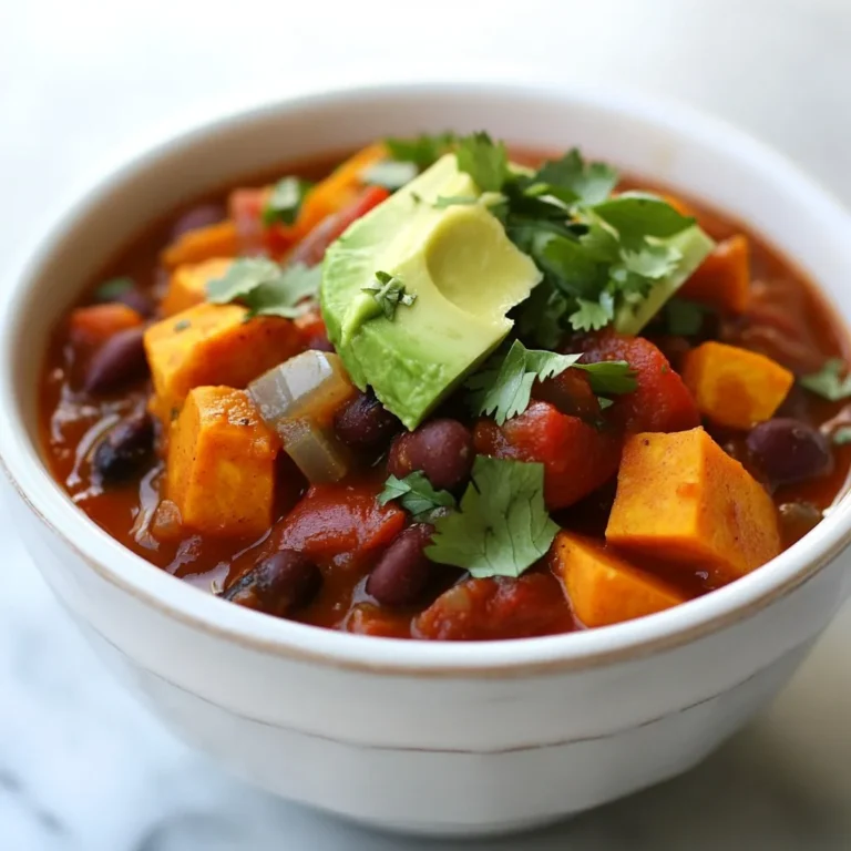 To make this delightful Vegan Sweet Potato Chili, gather these ingredients: - 2 medium sweet potatoes, peeled and diced into bite-sized cubes - 1 can (15 ounces) black beans, rinsed and drained - 1 can (15 ounces) kidney beans, rinsed and drained - 1 bell pepper (choose red or yellow), chopped into chunks - 1 medium onion, finely chopped - 2 cloves garlic, minced - 1 can (14.5 ounces) diced tomatoes, with juices - 2 cups vegetable broth (low-sodium preferred) - 1 tablespoon chili powder - 1 teaspoon ground cumin - 1 teaspoon smoked paprika - 1/2 teaspoon ground cinnamon - Sea salt and freshly cracked black pepper, to taste - 1 tablespoon olive oil These ingredients mix well to create a rich and hearty chili. The sweet potatoes add a nice texture and flavor. The beans pack in protein and fiber, making this dish healthy and filling. You can enhance your chili with some tasty toppings: - Fresh cilantro leaves - Ripe avocado slices - A drizzle of olive oil - A squeeze of lime - A sprinkle of chili flakes These garnishes add freshness, creaminess, or a kick of heat to each bowl. Feel free to get creative with your toppings! Each serving of this Vegan Sweet Potato Chili provides a great balance of nutrients. Here is a rough breakdown: - Calories: Approximately 350 - Protein: 15 grams - Carbohydrates: 60 grams - Fiber: 12 grams - Fat: 5 grams This chili is not only tasty but also offers good nutrition. It’s perfect for a healthy meal that warms you up! {{ingredient_image_2}} 1. Heat olive oil in a large pot over medium heat. 2. Add the chopped onion and bell pepper. Cook for 5-7 minutes. 3. Stir often until the onion and peppers soften. 4. Mix in minced garlic and cook for 1-2 minutes. 5. Add diced sweet potatoes to the pot. Stir to blend flavors. 6. Sprinkle in chili powder, cumin, smoked paprika, and cinnamon. 7. Add a bit of salt and pepper. Cook for 1 minute. 8. Pour in the diced tomatoes with their juices and vegetable broth. 9. Stir and bring to a gentle simmer. 10. Cover the pot and cook on low for 20 minutes. 11. Check if sweet potatoes are tender with a fork. 12. Stir in rinsed black beans and kidney beans. Heat for 5 more minutes. 13. Taste and adjust seasoning as needed. 14. Serve hot, garnished with cilantro or avocado slices. - Choose medium-sized sweet potatoes for even cooking. - Cut them into bite-sized cubes for quick cooking. - Cook until fork-tender to keep them soft but not mushy. - Stir occasionally to prevent sticking and ensure even cooking. - Large pot or Dutch oven for cooking. - Cutting board and sharp knife for chopping. - Wooden spoon for stirring. - Measuring spoons for spices. - Ladle for serving chili. This method ensures you have a tasty chili with the right texture and flavor. Enjoy the process and the delicious result! Chili can seem easy, but small errors can change the taste. Here are some mistakes to avoid: - Not cooking the onions enough: If you skip softening the onions, the chili lacks depth. - Skipping the spices: Spices like chili powder, cumin, and smoked paprika add flavor. Don’t skip them! - Overcooking the sweet potatoes: If you cook them too long, they can get mushy. Check them often. - Under-seasoning: Always taste your chili. It may need more salt or pepper for balance. You can easily make this chili suit your taste. Here’s how: - Add more chili powder: If you like heat, add extra chili powder. Start with a half teaspoon more. - Incorporate fresh peppers: For a fresh kick, add jalapeños or serrano peppers. Remove seeds for less heat. - Use smoked paprika: This adds a nice smoky flavor. A little goes a long way, so use it sparingly. - Balance with sweetness: If it’s too spicy, add a small amount of sugar or maple syrup. This can help balance the flavors. Serve your chili in fun ways. Here are some ideas: - Pair with rice or quinoa: Serve over cooked rice or quinoa for a filling meal. This adds protein and fiber. - Add toppings: Garnish with fresh cilantro or creamy avocado slices. This adds flavor and texture. - Serve with bread: Offer crusty bread or cornbread on the side. This is great for dipping! - Make a chili bar: Set up a chili bar with toppings like cheese, sour cream, or hot sauce. Let everyone customize their bowl! Pro Tips Use Fresh Ingredients: Always opt for fresh vegetables and spices to enhance the flavor of your chili. Fresh produce can make a significant difference in the overall taste. Adjust Spice Levels: If you prefer a spicier chili, consider adding diced jalapeños or a pinch of cayenne pepper when cooking. This allows you to customize the heat to your liking. Let It Sit: Allowing the chili to rest for 30 minutes after cooking can help the flavors meld together more deeply. Reheat before serving for the best taste. Experiment with Toppings: Try different garnishes like lime wedges, vegan sour cream, or crushed tortilla chips. These can add exciting textures and flavors to each bowl. {{image_4}} You can easily swap ingredients in this vegan sweet potato chili. If you follow a gluten-free diet, use certified gluten-free vegetable broth. For a lower-carb option, replace sweet potatoes with zucchini or cauliflower. If you want a bit more flavor, try adding fire-roasted diced tomatoes instead of regular ones. If you need extra fiber, add lentils or chickpeas instead of black or kidney beans. Chili has many styles across different regions. For a Tex-Mex twist, add corn or jalapeños. If you want a smoky flavor, you can use chipotle peppers in adobo sauce. In some areas, chili might include beer for depth. A New Mexican style could use green chiles for a fresh kick. Feel free to explore these regional flavors and make the chili your own. Adding protein is simple. You can mix in firm tofu or tempeh for a plant-based boost. Quinoa is another great option; it cooks quickly and adds texture. If you want more veggies, toss in spinach, kale, or carrots. They will blend well with the chili's flavors. You can also add more bell peppers or even diced zucchini. The possibilities are endless! To keep your leftover chili fresh, let it cool first. Once cooled, transfer it to an airtight container. You can store it in the fridge for up to five days. Label the container with the date for easy tracking. If you want to save chili for later, freezing is a great option. Pour the cooled chili into freezer-safe bags or containers. Make sure to leave some space for expansion. You can freeze it for up to three months. When you're ready to eat, just thaw it in the fridge overnight. When reheating, use a pot on the stove for best results. Heat over medium heat, stirring often. If it looks thick, add a splash of vegetable broth or water. You can also use a microwave. Just cover the bowl and heat it in short bursts. Stir well between each burst. This keeps your chili warm and flavorful. Yes, you can! For a slow cooker, add all the ingredients at once. Set it on low for 6-8 hours. If you use an Instant Pot, choose the sauté mode first to cook the onions and peppers. Then, add the other ingredients. Cook on high pressure for about 10 minutes. Let it release naturally for better flavor. This recipe is naturally gluten-free! All the ingredients, like sweet potatoes and beans, are safe. Just make sure your vegetable broth is gluten-free. Always check labels on canned goods, too, to avoid any hidden gluten. You can serve this chili with rice or quinoa for extra filling. Cornbread or tortilla chips add great crunch. A fresh salad on the side brightens the meal. Don’t forget to garnish with avocado or cilantro for added flavor! In this blog post, we explored how to make Vegan Sweet Potato Chili. We discussed the ingredients, cooking steps, and tips for perfect chili. You learned about variations to fit different diets and how to store leftovers. Remember, making chili can be fun and easy. With the right ingredients and methods, you can create a tasty dish. Enjoy experimenting with your own flavors and textures. Your kitchen is a place for creativity and delicious meals.