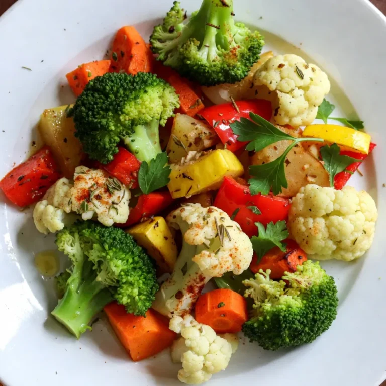 For this dish, you need a colorful mix of vegetables. Here’s what to gather: - 2 cups broccoli florets - 2 cups cauliflower florets - 1 red bell pepper, chopped into bite-sized pieces - 1 yellow squash, sliced into half-moons - 2 medium carrots, peeled and sliced into rounds These vegetables bring a great texture and taste to your meal. The bright colors also make the dish visually appealing. Herbs and seasonings add flavor and aroma. Here’s what you will use: - 4 cloves garlic, finely minced - 1 teaspoon dried thyme - 1 teaspoon dried rosemary - 1 teaspoon paprika - Salt and freshly cracked black pepper, to taste These herbs will make your kitchen smell wonderful as they roast. The garlic gives a nice kick, while the thyme and rosemary add depth. Olive oil is key for roasting. You need: - 3 tablespoons extra virgin olive oil - Fresh parsley, finely chopped (for garnish) The olive oil helps vegetables crisp up nicely. The parsley is not just for looks; it gives a fresh taste that brightens the dish. {{ingredient_image_2}} First, turn your oven to 425°F (220°C). This hot temperature helps the vegetables roast well. Preheating is key to getting crispy edges. Next, take your vegetables. You will need: - 2 cups of broccoli florets - 2 cups of cauliflower florets - 1 red bell pepper, chopped - 1 yellow squash, sliced - 2 medium carrots, peeled and sliced In a large mixing bowl, add all these vegetables. Make sure they are fresh and clean. This is where the fun starts! Now, grab a smaller bowl. In it, mix: - 3 tablespoons of extra virgin olive oil - 4 cloves of minced garlic - 1 teaspoon of dried thyme - 1 teaspoon of dried rosemary - 1 teaspoon of paprika - Salt and freshly cracked black pepper, to taste Whisk these ingredients well. You want a nice, fragrant blend. This will make your veggies taste amazing. Drizzle the seasoned oil over the veggies in the large bowl. Toss everything together using your hands. Make sure each piece is coated in that tasty oil. Line a large baking sheet with parchment paper. Spread the veggies in one layer. Don’t crowd them; this helps them roast nicely. Put the baking sheet in your preheated oven. Roast for 25-30 minutes. Remember to stir the veggies halfway through. Look for a golden, crispy edge when they are done. Once your veggies are roasted, take them out of the oven. Let them cool for a few minutes. Then, transfer them to a serving platter. For a burst of color, sprinkle finely chopped fresh parsley on top. If you like, drizzle a little more olive oil for extra flavor. Serve in a colorful bowl to impress your guests! To get that perfect roast, I follow a few simple steps. First, I choose fresh vegetables. Fresh produce has a better taste and texture. Next, I make sure to cut the veggies into uniform sizes. This helps them cook evenly. Also, I avoid crowding the pan. Space allows hot air to circulate, which leads to better browning. I find that roasting at 425°F (220°C) is ideal. It gives a nice caramelization without burning. For great flavor, I love using a mix of herbs. In this recipe, I use thyme and rosemary. They pair well with garlic. I like to add paprika for a hint of smokiness. Don't forget to season with salt and pepper. I suggest tasting the oil mixture before adding it to the veggies. Adjust the salt and pepper to your liking. A splash of lemon juice can add brightness. It really lifts the flavors! One common mistake is not preheating the oven. Roasting in a cold oven can lead to soggy vegetables. Another mistake is using too much oil. Too much oil can make the veggies greasy, not crispy. Also, avoid skipping the stirring step. Stirring halfway through helps to cook them evenly. Lastly, don’t cover the vegetables with foil while roasting. This traps steam and prevents browning. Pro Tips Cut Vegetables Uniformly: Ensure all vegetable pieces are cut to similar sizes for even cooking and browning. Use Fresh Herbs: For a more vibrant flavor, fresh herbs can be used instead of dried, adding a delightful aroma and taste. Don’t Overcrowd the Pan: Spread the vegetables out in a single layer to allow them to roast properly without steaming. Experiment with Seasonings: Feel free to add your favorite spices or seasoning blends to customize the flavor profile to your liking. {{image_4}} You can mix and match vegetables for this dish. Try using zucchini or asparagus instead of yellow squash. Sweet potatoes add a nice touch, too. Brussels sprouts and green beans also work well. Just keep the cooking time in mind. Some veggies cook faster than others. Always cut them into similar sizes for even cooking. Adding proteins makes this dish heartier. You can toss in cubed chicken or shrimp before roasting. Chickpeas are a great plant-based option. They add protein and a nice crunch. To make it vegan, skip the animal products and stick with beans or lentils. Just cook them separately and mix them in after roasting. You can change the herbs based on your taste. Fresh herbs like basil or cilantro can brighten the dish. If you prefer stronger flavors, try oregano or marjoram. You can even mix in some chili flakes for a spicy kick. Feel free to adjust herbs to fit the season or your pantry. Experimenting keeps the dish fresh and fun! To store your garlic herb roasted vegetables, let them cool first. Place them in an airtight container. They can stay fresh in the fridge for up to three days. When you want to eat them, just take out what you need. If you want to keep these veggies longer, freezing is a great option. Allow the vegetables to cool completely. Then, spread them in a single layer on a baking sheet. Freeze for about one hour. After that, transfer them to a freezer-safe bag or container. They can last for up to three months in the freezer. To reheat the roasted vegetables, you have a few options. You can use an oven, microwave, or stovetop. For the oven, set it to 350°F (175°C). Spread the vegetables on a baking sheet and heat for about 10-15 minutes. If using a microwave, put them in a safe dish and cover it. Heat for 1-2 minutes, stirring halfway. If you prefer the stovetop, add a bit of olive oil in a pan over medium heat. Stir until warmed through. Enjoy your tasty leftovers! Yes, you can use frozen vegetables. They are easy to find and save time. Just remember to thaw them first and pat them dry. This helps to avoid excess moisture. If you skip this step, the vegetables may steam instead of roast. This can lead to a less crispy texture. I love using thyme and rosemary for this dish. They add a warm, earthy flavor. You can also try oregano or basil for a different taste. Fresh herbs work well too, especially if you want a bright flavor. Just use more fresh herbs than dried ones. Fresh herbs are stronger in taste. The recipe is already vegan! All the ingredients are plant-based. You can enjoy this dish without any animal products. Just make sure to check your olive oil for purity. This dish is full of flavor and good for everyone. This post covered key steps for roasting vegetables, from choosing ingredients to serving tips. You learned about the best veggies, herbs, and seasonings for flavor. Perfect roasting takes practice, but our tips will help. Remember to explore different combinations and storage methods for leftovers. Roasted vegetables are simple and tasty, making them a great choice for any meal. Enjoy experimenting with your favorites and make the dish your own. Happy cooking!