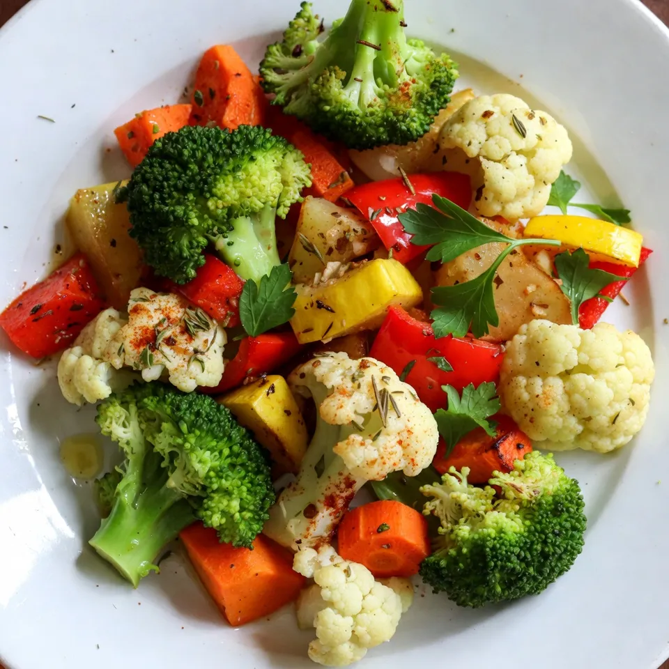 For this dish, you need a colorful mix of vegetables. Here’s what to gather: - 2 cups broccoli florets - 2 cups cauliflower florets - 1 red bell pepper, chopped into bite-sized pieces - 1 yellow squash, sliced into half-moons - 2 medium carrots, peeled and sliced into rounds These vegetables bring a great texture and taste to your meal. The bright colors also make the dish visually appealing. Herbs and seasonings add flavor and aroma. Here’s what you will use: - 4 cloves garlic, finely minced - 1 teaspoon dried thyme - 1 teaspoon dried rosemary - 1 teaspoon paprika - Salt and freshly cracked black pepper, to taste These herbs will make your kitchen smell wonderful as they roast. The garlic gives a nice kick, while the thyme and rosemary add depth. Olive oil is key for roasting. You need: - 3 tablespoons extra virgin olive oil - Fresh parsley, finely chopped (for garnish) The olive oil helps vegetables crisp up nicely. The parsley is not just for looks; it gives a fresh taste that brightens the dish. {{ingredient_image_2}} First, turn your oven to 425°F (220°C). This hot temperature helps the vegetables roast well. Preheating is key to getting crispy edges. Next, take your vegetables. You will need: - 2 cups of broccoli florets - 2 cups of cauliflower florets - 1 red bell pepper, chopped - 1 yellow squash, sliced - 2 medium carrots, peeled and sliced In a large mixing bowl, add all these vegetables. Make sure they are fresh and clean. This is where the fun starts! Now, grab a smaller bowl. In it, mix: - 3 tablespoons of extra virgin olive oil - 4 cloves of minced garlic - 1 teaspoon of dried thyme - 1 teaspoon of dried rosemary - 1 teaspoon of paprika - Salt and freshly cracked black pepper, to taste Whisk these ingredients well. You want a nice, fragrant blend. This will make your veggies taste amazing. Drizzle the seasoned oil over the veggies in the large bowl. Toss everything together using your hands. Make sure each piece is coated in that tasty oil. Line a large baking sheet with parchment paper. Spread the veggies in one layer. Don’t crowd them; this helps them roast nicely. Put the baking sheet in your preheated oven. Roast for 25-30 minutes. Remember to stir the veggies halfway through. Look for a golden, crispy edge when they are done. Once your veggies are roasted, take them out of the oven. Let them cool for a few minutes. Then, transfer them to a serving platter. For a burst of color, sprinkle finely chopped fresh parsley on top. If you like, drizzle a little more olive oil for extra flavor. Serve in a colorful bowl to impress your guests! To get that perfect roast, I follow a few simple steps. First, I choose fresh vegetables. Fresh produce has a better taste and texture. Next, I make sure to cut the veggies into uniform sizes. This helps them cook evenly. Also, I avoid crowding the pan. Space allows hot air to circulate, which leads to better browning. I find that roasting at 425°F (220°C) is ideal. It gives a nice caramelization without burning. For great flavor, I love using a mix of herbs. In this recipe, I use thyme and rosemary. They pair well with garlic. I like to add paprika for a hint of smokiness. Don't forget to season with salt and pepper. I suggest tasting the oil mixture before adding it to the veggies. Adjust the salt and pepper to your liking. A splash of lemon juice can add brightness. It really lifts the flavors! One common mistake is not preheating the oven. Roasting in a cold oven can lead to soggy vegetables. Another mistake is using too much oil. Too much oil can make the veggies greasy, not crispy. Also, avoid skipping the stirring step. Stirring halfway through helps to cook them evenly. Lastly, don’t cover the vegetables with foil while roasting. This traps steam and prevents browning. Pro Tips Cut Vegetables Uniformly: Ensure all vegetable pieces are cut to similar sizes for even cooking and browning. Use Fresh Herbs: For a more vibrant flavor, fresh herbs can be used instead of dried, adding a delightful aroma and taste. Don’t Overcrowd the Pan: Spread the vegetables out in a single layer to allow them to roast properly without steaming. Experiment with Seasonings: Feel free to add your favorite spices or seasoning blends to customize the flavor profile to your liking. {{image_4}} You can mix and match vegetables for this dish. Try using zucchini or asparagus instead of yellow squash. Sweet potatoes add a nice touch, too. Brussels sprouts and green beans also work well. Just keep the cooking time in mind. Some veggies cook faster than others. Always cut them into similar sizes for even cooking. Adding proteins makes this dish heartier. You can toss in cubed chicken or shrimp before roasting. Chickpeas are a great plant-based option. They add protein and a nice crunch. To make it vegan, skip the animal products and stick with beans or lentils. Just cook them separately and mix them in after roasting. You can change the herbs based on your taste. Fresh herbs like basil or cilantro can brighten the dish. If you prefer stronger flavors, try oregano or marjoram. You can even mix in some chili flakes for a spicy kick. Feel free to adjust herbs to fit the season or your pantry. Experimenting keeps the dish fresh and fun! To store your garlic herb roasted vegetables, let them cool first. Place them in an airtight container. They can stay fresh in the fridge for up to three days. When you want to eat them, just take out what you need. If you want to keep these veggies longer, freezing is a great option. Allow the vegetables to cool completely. Then, spread them in a single layer on a baking sheet. Freeze for about one hour. After that, transfer them to a freezer-safe bag or container. They can last for up to three months in the freezer. To reheat the roasted vegetables, you have a few options. You can use an oven, microwave, or stovetop. For the oven, set it to 350°F (175°C). Spread the vegetables on a baking sheet and heat for about 10-15 minutes. If using a microwave, put them in a safe dish and cover it. Heat for 1-2 minutes, stirring halfway. If you prefer the stovetop, add a bit of olive oil in a pan over medium heat. Stir until warmed through. Enjoy your tasty leftovers! Yes, you can use frozen vegetables. They are easy to find and save time. Just remember to thaw them first and pat them dry. This helps to avoid excess moisture. If you skip this step, the vegetables may steam instead of roast. This can lead to a less crispy texture. I love using thyme and rosemary for this dish. They add a warm, earthy flavor. You can also try oregano or basil for a different taste. Fresh herbs work well too, especially if you want a bright flavor. Just use more fresh herbs than dried ones. Fresh herbs are stronger in taste. The recipe is already vegan! All the ingredients are plant-based. You can enjoy this dish without any animal products. Just make sure to check your olive oil for purity. This dish is full of flavor and good for everyone. This post covered key steps for roasting vegetables, from choosing ingredients to serving tips. You learned about the best veggies, herbs, and seasonings for flavor. Perfect roasting takes practice, but our tips will help. Remember to explore different combinations and storage methods for leftovers. Roasted vegetables are simple and tasty, making them a great choice for any meal. Enjoy experimenting with your favorites and make the dish your own. Happy cooking!