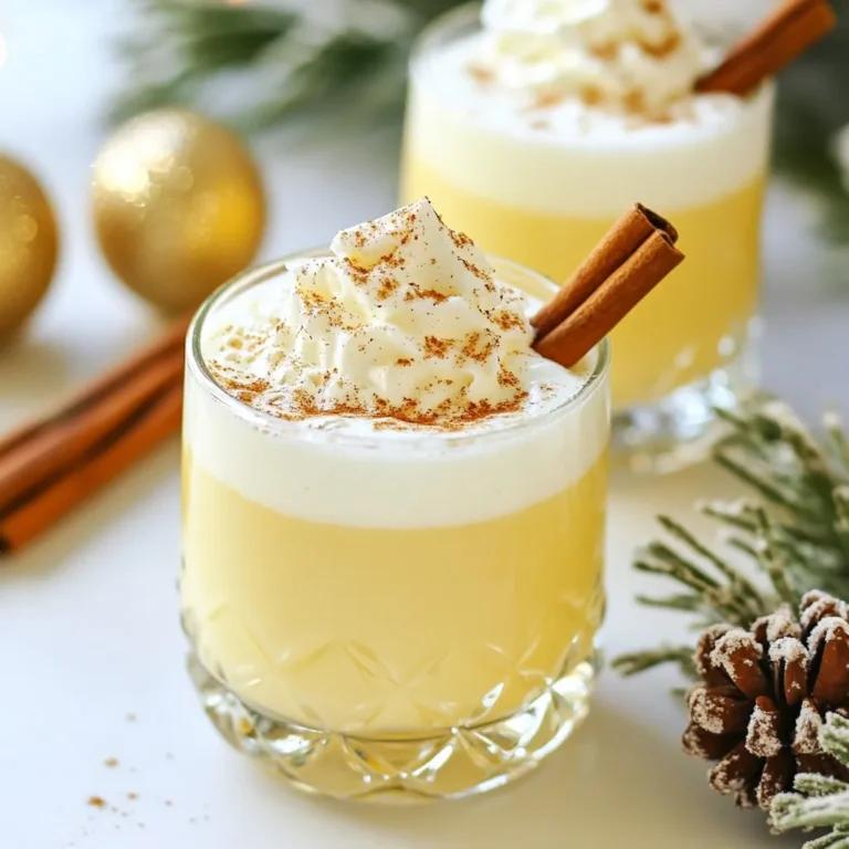 To make a tasty Eggnog Champagne Fizz, gather these main ingredients: - 2 cups eggnog - 1 cup sparkling water - 1/2 teaspoon vanilla extract - Freshly grated nutmeg for garnish These items create the base of your drink. Eggnog gives a creamy texture. Sparkling water adds the fizz. You can enhance your drink with these optional ingredients: - 1 tablespoon maple syrup (for extra sweetness) - Cinnamon sticks for stirring - Whipped cream for topping Using these extras can change the flavor. Maple syrup brings a nice sweetness. Cinnamon sticks offer warmth, while whipped cream adds richness. Choosing high-quality ingredients matters. Use fresh eggnog for the best taste. Select a good sparkling water with no added flavors. Freshly grated nutmeg is key for aroma. If you use vanilla extract, pick pure over imitation. These choices will improve your drink's overall flavor and enjoyment. {{ingredient_image_2}} To start, pour 2 cups of eggnog into a large mixing bowl. Add 1/2 teaspoon of vanilla extract to enhance the flavor. If you want a sweeter drink, add 1 tablespoon of maple syrup. Whisk the mixture until it is smooth and creamy. This step ensures the flavors blend well together. Next, take your serving glasses and fill each one halfway with the eggnog mixture. This gives you the perfect balance of flavors. Now, gently pour in 1 cup of sparkling water over the eggnog. Pour slowly to keep the bubbles intact. This step creates the fizzy effect that makes this drink special. For a lovely finish, add a dollop of whipped cream on top of each drink. This adds creaminess and looks appealing. Then, sprinkle freshly grated nutmeg over the whipped cream. This adds a festive touch and enhances flavor. If you like, add a cinnamon stick for stirring. It not only looks great but also adds a warm scent. Serve your drinks on a decorative tray with festive napkins to impress your guests. To make a great Eggnog Champagne Fizz, start with the eggnog. Pour 2 cups into a large bowl. Add 1/2 teaspoon of vanilla extract to boost the flavor. If you like it sweeter, add 1 tablespoon of maple syrup. Whisk these until smooth. This step ensures all flavors mix well. Pouring the sparkling water slowly is key. Fill each glass halfway with the eggnog mix first. Then, gently pour in 1 cup of sparkling water. This method keeps the bubbles intact and avoids a big mess. You want a nice fizz without overflow. Garnishes make your drink pop! Top each glass with whipped cream for creaminess. A sprinkle of freshly grated nutmeg adds a festive touch. For an extra layer of flavor, drop in a cinnamon stick. It not only looks nice but also infuses a warm taste. Pro Tips Chill Your Glasses: For an extra refreshing drink, chill your serving glasses in the freezer for about 15 minutes before pouring in the eggnog mixture. Customize the Sweetness: Taste the eggnog mixture before serving; you can adjust the sweetness by adding more maple syrup if desired. Experiment with Garnishes: Feel free to try different garnishes like crushed peppermint or cocoa powder for a unique twist on the classic flavor. Make It a Mocktail: For a non-alcoholic version, simply use alcohol-free eggnog and enjoy the festive flavors without the buzz! {{image_4}} You can switch up the spirits in your Eggnog Champagne Fizz for more fun. Try adding a splash of rum, bourbon, or brandy. Each spirit brings a different taste. Rum adds sweetness, while bourbon gives warmth. Brandy enhances the creamy texture. Mix and match to find your favorite version. You can enjoy this festive drink without alcohol too! Use a mix of eggnog and sparkling water. This keeps the fizz while being family-friendly. You can add flavored sparkling juices for a fun twist. Try cranberry or apple for a seasonal touch. Everyone can join in the celebration with this tasty option. Get creative with seasonal flavors to make your drink unique. You can add peppermint extract for a holiday minty vibe. Or, use pumpkin spice for a warm, cozy taste. Cinnamon and nutmeg are classic choices too. Each twist makes the drink feel special. Experiment with flavors to match your holiday mood. If you have leftover eggnog mixture, store it in the fridge. Use an airtight container to keep it fresh. The eggnog should last about three days. Before using it again, give it a good shake. This helps mix the ingredients back together. To keep your ingredients fresh, store them properly. Keep the eggnog in the fridge and use it within a week. If you have opened sparkling water, seal it tightly. This keeps the fizz alive. For the vanilla extract and maple syrup, store them in a cool, dark place. I do not recommend saving leftover cocktails. The fizz in sparkling water does not last. If you try to save it, the drink will go flat. However, you can mix a new batch anytime. Just follow the same steps for a refreshing drink! Eggnog Champagne Fizz is a fun holiday drink. It combines creamy eggnog with sparkling water. This mix gives a light and bubbly feel. The drink has a hint of vanilla and nutmeg. You can top it with whipped cream for extra richness. It is festive and perfect for celebrations. Yes, you can make parts of this drink ahead of time. You can mix the eggnog, vanilla, and maple syrup in advance. Keep it in the fridge until you are ready to serve. Just add sparkling water right before serving. This keeps the fizz fresh and lively. To change the sweetness, you can add or reduce maple syrup. Start with one tablespoon. Taste the mixture and add more if you want it sweeter. You can also use flavored sparkling water for a new twist. This way, you can find the perfect balance for your taste. Eggnog Champagne Fizz is great for holiday parties. Serve it at Christmas or New Year’s Eve gatherings. It can also brighten up a festive brunch. Guests love its fun fizz and rich flavor. This drink adds cheer to any celebration! In this post, we covered how to make Eggnog Champagne Fizz from start to finish. We explored main and optional ingredients, giving you tips to customize your drink. We shared easy steps for preparing and serving. Plus, we offered tips for great mixing and fun variations. Enjoy making this drink for any celebration. Each sip will bring joy and warmth. Try it with your favorite flavors and impress your friends. Happy mixing!