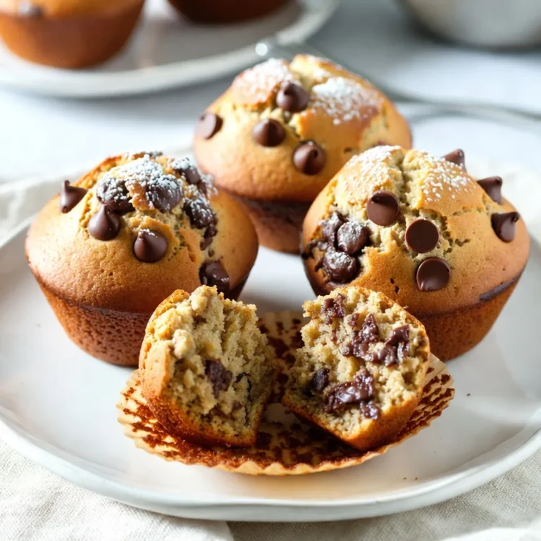 When making One-Bowl Banana Chocolate Chip Muffins, you need a few simple items. Here’s what you will need: - Ripe bananas (3, mashed well) - Coconut oil (1/3 cup, melted) - Granulated sugar (1/2 cup) - Egg (1 large, beaten) - Vanilla extract (1 teaspoon) - Baking soda (1 teaspoon) - Salt (a pinch) - Ground cinnamon (1 teaspoon) - All-purpose flour (1 1/2 cups) - Semi-sweet chocolate chips (1/2 cup) - Optional nuts (1/4 cup, chopped walnuts or pecans) Each ingredient plays a key role in the flavor and texture of the muffins. The ripe bananas bring natural sweetness and moisture. Coconut oil adds richness and helps keep the muffins soft. Granulated sugar balances the flavors and gives a nice crust. The egg acts as a binder, while vanilla extract enhances the taste. Baking soda is essential for the muffins to rise. A pinch of salt enhances the sweet flavors. Ground cinnamon adds warmth and depth. All-purpose flour gives structure, while chocolate chips provide that gooey, sweet surprise. If you want a crunch, add the optional nuts. By using these ingredients, you create a delightful treat that is simple and delicious. Happy baking! {{ingredient_image_2}} 1. Preheat your oven to 350°F (175°C). 2. Prepare your muffin tin by lining it with paper liners or greasing it lightly with cooking spray. 1. In a large mixing bowl, mash the ripe bananas until they are smooth. 2. Stir in the melted coconut oil until well combined. 3. Add the granulated sugar, beaten egg, and vanilla extract. Mix these wet ingredients thoroughly. 4. Sprinkle the baking soda, salt, and ground cinnamon over the mixture. Stir gently until combined. 1. Gradually add the all-purpose flour to the bowl. Mix just until the flour disappears. Avoid overmixing. 2. Carefully fold in the semi-sweet chocolate chips and optional nuts for added crunch. 3. Use a spoon or ice cream scoop to fill each muffin cup about two-thirds full. 4. Place the muffin tin in the preheated oven and bake for 18-20 minutes. A toothpick should come out clean when done. 5. Let the muffins cool in the tin for about 5 minutes. Then, transfer them to a wire rack to cool completely. Checking doneness with a toothpick To know if your muffins are done, use a toothpick. Insert it into the center of a muffin. If it comes out clean, the muffins are ready. If you see batter on the toothpick, bake a few more minutes. This simple test ensures you get perfectly baked muffins every time. Best practices for mixing Mix your batter gently. Overmixing can make muffins tough. Combine wet and dry ingredients until just mixed. Leave some lumps for a light texture. When adding chocolate chips, fold them in gently. This keeps the chips evenly spread without breaking them apart. Presentation tips Make your muffins look great! Serve them warm and sprinkle powdered sugar on top. For a richer treat, drizzle some melted chocolate over the muffins. This not only looks nice but adds a tasty touch. You can also place them on a pretty plate to impress your guests. Pairing with beverages These muffins go well with drinks. Serve them with coffee for a classic combo. They also taste great with tea or even hot cocoa. Try them with your favorite beverage for a delightful snack. Pairing enhances the flavors and makes your treat even better! Pro Tips Use Overripe Bananas: The riper the bananas, the sweeter and more flavorful your muffins will be. Look for bananas with plenty of brown spots for the best results. Don't Overmix: When adding the flour, mix just until combined. Overmixing can lead to dense muffins, so a few lumps are okay! Experiment with Add-Ins: Consider adding other ingredients like shredded coconut, or dried fruit to customize your muffins and add unique flavors. Storing Muffins: Keep the muffins in an airtight container at room temperature for up to three days, or freeze them for longer storage. Just reheat before serving! {{image_4}} - Gluten-free flour option: You can swap all-purpose flour with a gluten-free blend. This works well for those with gluten sensitivities. Look for a blend designed for baking to ensure good texture. - Dairy-free substitutions: To make these muffins dairy-free, replace the coconut oil with a dairy-free butter or applesauce. Both options keep the muffins moist and tasty. - Adding spices: Try adding a pinch of nutmeg or cardamom for a warm twist. These spices enhance the banana flavor and add depth to the muffins. Just a little goes a long way! - Incorporating other mix-ins: You can mix in dried fruits like raisins or cranberries for sweetness. Peanut butter also works well for a nutty flavor. Feel free to get creative with what you like! These variations make the muffins fun and unique. Experiment to find your favorite combo! To keep your muffins fresh, store them at room temperature. Place them in a container with a lid. This keeps them soft for up to three days. If you live in a hot place, the fridge may help. Just remember, cold air can make them dry. Freezing muffins is simple and keeps them tasty. First, wrap each muffin in plastic wrap. Then, place them in a freezer bag. Push out all the air before sealing. This helps prevent freezer burn. To thaw, take a muffin out and leave it at room temperature. It will be ready in about an hour. You can also warm it up in the microwave for a quick treat. Enjoy your muffins at any time! Can I use frozen bananas? Yes, you can use frozen bananas! Just thaw them first. They should be soft and mushy, making them easy to mash. This can add sweetness and moisture to your muffins. How long do these muffins last? These muffins stay fresh for about 3 days at room temperature. If you want them to last longer, store them in the fridge for up to a week. They still taste great cold or warmed up. Can I double the recipe? Absolutely! You can double the recipe with no issues. Just make sure to use a bigger bowl and muffin tin. Bake in batches if needed, to keep them fresh and fluffy. What can I use instead of coconut oil? If you don’t have coconut oil, you can use melted butter or vegetable oil. Each will change the taste a little, but they will still work well in the recipe. Can I omit the chocolate chips? Yes, you can skip the chocolate chips if you prefer. The muffins will still be tasty with just bananas. You might also add nuts or dried fruit for some texture. You now know how to make delicious banana muffins with the right ingredients, steps, and tips. From mixing ripe bananas to baking perfectly, each step counts. You can customize your muffins with flavors and substitutions that fit your needs. Store them properly to enjoy later. These muffins are not just tasty; they’re a fun project. Simple and quick, they are ideal for any kitchen. Bake them today and enjoy every bite!