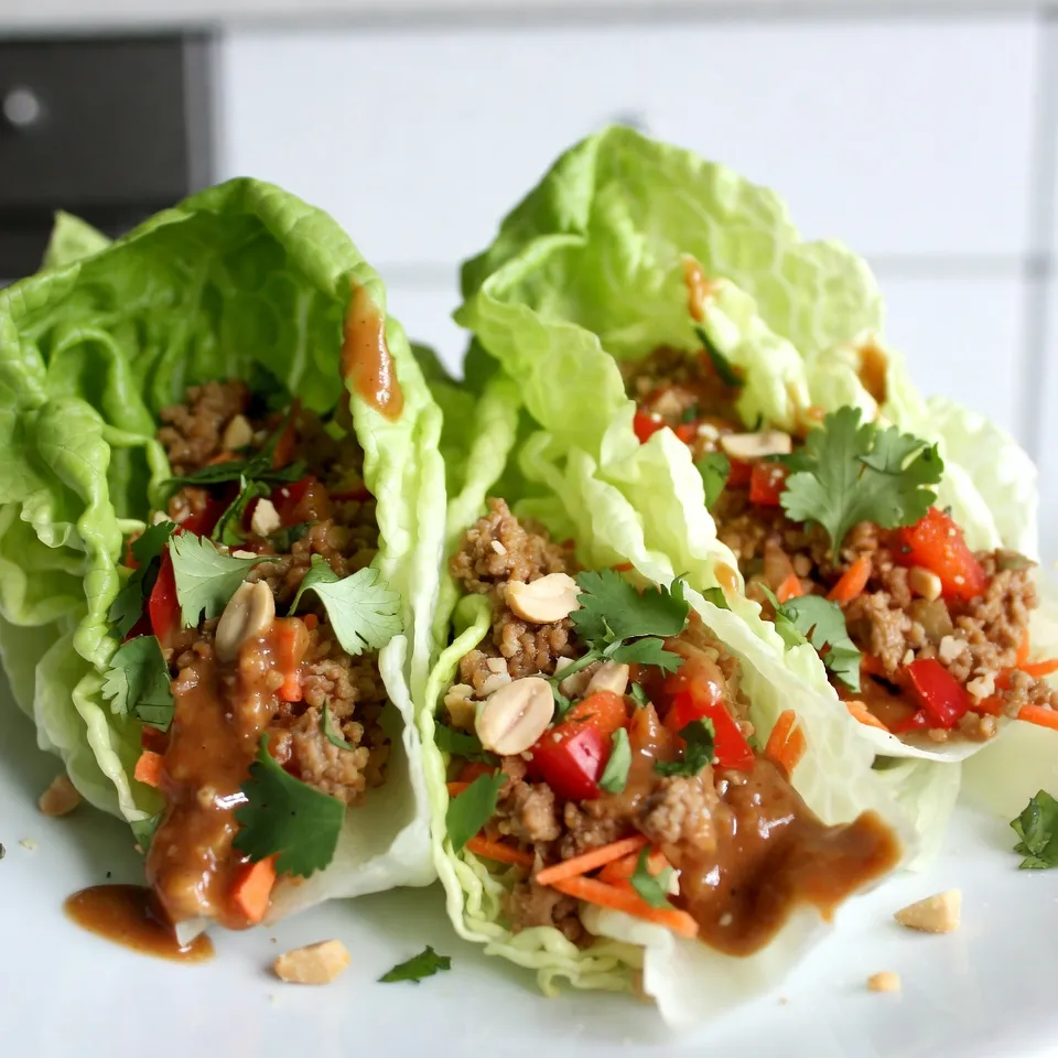 To make Thai Peanut Chicken Lettuce Wraps, you will need: - 1 lb ground chicken - 1 tablespoon sesame oil - 1 red bell pepper, finely diced - 1 large carrot, grated - 2 green onions, finely chopped - 3 cloves garlic, minced - 1 tablespoon fresh ginger, grated - 1/4 cup creamy unsalted peanut butter - 2 tablespoons soy sauce - 1 tablespoon freshly squeezed lime juice - 1 tablespoon honey - 1 teaspoon sriracha (optional) - Salt and freshly ground black pepper to taste - 1 head of butter lettuce or romaine - Fresh cilantro, chopped (for garnish) - Crushed peanuts (for garnish) When you choose produce, look for vibrant colors and firm textures. - For bell peppers, choose ones without wrinkles. They should feel heavy for their size. - Carrots should be bright orange and smooth, with no soft spots. - Green onions should be green and crisp, not wilted or yellowing. - Fresh ginger has a smooth skin and feels firm, which shows it's fresh. If you need a substitute for peanut butter, consider these options: - Almond butter provides a similar texture and flavor. - Sunflower seed butter is a great nut-free choice. - Cashew butter has a mild taste and creamy texture. - If allergies are a concern, tahini works well too. It adds a nice nutty flavor. These alternatives can help you create a tasty meal while meeting your dietary needs. {{ingredient_image_2}} Start by heating a large skillet over medium heat. Add one tablespoon of sesame oil and let it shimmer. Then, add one pound of ground chicken to the skillet. Break it apart with a wooden spoon. Cook the chicken for about 5 to 7 minutes. Make sure it turns white and is fully cooked. Next, add three minced cloves of garlic, one tablespoon of grated ginger, one finely diced red bell pepper, and one grated carrot to the skillet. Stir everything together and cook for another 3 to 4 minutes. The veggies should soften but still have a nice crunch. In a small bowl, combine 1/4 cup of creamy peanut butter, 2 tablespoons of soy sauce, 1 tablespoon of freshly squeezed lime juice, 1 tablespoon of honey, and 1 teaspoon of sriracha if you like it spicy. Whisk these ingredients together until the sauce is smooth and creamy. This sauce brings a lot of flavor to your chicken mixture. Once your chicken mixture is ready, pour the peanut sauce over it. Stir well to coat everything evenly. Cook for another 2 to 3 minutes, allowing all the flavors to meld together. Now, take a head of butter lettuce or romaine and carefully separate the leaves. To serve, scoop a generous portion of the chicken mixture onto a lettuce leaf. Top it with chopped cilantro and crushed peanuts for extra crunch. Fold the sides of the leaf over the filling and enjoy your delicious wraps! To make your Thai Peanut Chicken Lettuce Wraps shine, focus on balance. The sweet and salty peanut sauce pairs perfectly with the crunchy veggies. Use fresh lime juice to brighten the flavors. If you like heat, add sriracha. Just a bit will make a big impact. You can also mix in fresh herbs like basil or mint for extra flavor. One common mistake is overcooking the chicken. This can make it dry. Cook it just until it is no longer pink. Another mistake is adding too much sauce at once. Start by adding half the sauce, then taste. You can always add more if needed. Lastly, don’t skip the garnishes. Crushed peanuts and cilantro give your wraps that extra pop. Presentation is key for these wraps. Use a colorful platter to display your filled lettuce wraps. Arrange them neatly, and consider garnishing with extra cilantro leaves and whole peanuts. This adds color and makes the dish inviting. You can even serve lime wedges on the side. This gives guests a chance to add more zest. Pro Tips Use Fresh Ingredients: Fresh vegetables and herbs elevate the flavor of your wraps. Look for vibrant, crisp produce to enhance the dish. Customize Your Heat: Adjust the amount of sriracha in the peanut sauce according to your spice preference. You can also replace it with chili flakes for a different flavor profile. Make Ahead: Prepare the chicken mixture and the peanut sauce ahead of time. Store them separately in the refrigerator, and assemble just before serving for the best texture. Experiment with Wraps: While butter lettuce is great, try other leafy greens like Swiss chard or collard greens for a unique twist and added nutrients. {{image_4}} You can make a tasty vegetarian version by using tofu instead of chicken. Start with firm tofu. Press it to remove water, then crumble it into small pieces. Cook it in sesame oil just like the chicken. Add garlic, ginger, red bell pepper, and carrot. Mix in the peanut sauce to coat the tofu. This version is rich in protein and perfect for vegetarians. If you want a low-carb option, swap lettuce for other greens. You can use cabbage leaves or collard greens. These greens are sturdy and can hold the filling well. They add a nice crunch and flavor. Just prepare the filling as you normally would and use the greens to wrap it up. Adding extra veggies boosts flavor and texture. Consider tossing in some shredded cabbage or julienned cucumbers. You can also try diced radishes or sliced bell peppers. These add color and a fresh crunch. Mix them into the chicken or tofu filling before serving. Your wraps will be even more exciting with these additions. After enjoying your Thai peanut chicken lettuce wraps, store any leftovers in an airtight container. Keep the chicken mixture separate from the lettuce leaves. This way, the lettuce stays crisp and fresh. Place the chicken mixture in the fridge. It will stay good for up to three days. Remember to let the chicken cool to room temperature before sealing it. When you're ready to eat the leftover chicken mixture, heat it in a skillet over medium heat. Stir it often so it warms evenly. This should take about five to seven minutes. You can also use a microwave. Just place the chicken in a microwave-safe bowl. Heat in 30-second bursts, stirring in between, until hot. Avoid reheating the lettuce. It’s best fresh! If you want to save the chicken mixture for later, freezing is a great option. Cool the mixture completely. Then, transfer it to a freezer-safe bag or container. Squeeze out the air to prevent freezer burn. It can last in the freezer for up to three months. When you're ready to use it, thaw it overnight in the fridge. Then, reheat as mentioned above. Enjoy your tasty wraps anytime! If you want a different protein, try ground turkey or beef. You can also use tofu for a vegetarian option. It gives a nice texture and absorbs the flavors well. To add heat, use more sriracha in the sauce. You can also add chopped fresh chili peppers or red pepper flakes. Adjust the spice to fit your taste. Yes, you can make the filling ahead of time. Just store it in an airtight container in the fridge for up to three days. This makes meal prep easy and quick. This article covered the key ingredients and steps to make tasty lettuce wraps. You learned how to choose fresh produce and alternatives for peanut butter. We explored tips for flavor and common mistakes to avoid, along with creative presentation ideas. You also saw variations for dietary needs, storage info, and FAQs. Making these wraps can be easy and fun. Enjoy your tasty creations and feel free to get creative!