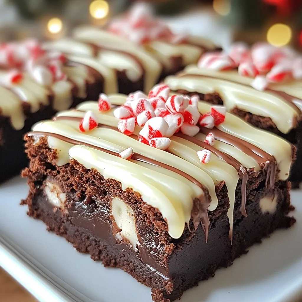 To make Chocolate Peppermint Bark Brownies, gather these key items: - 1 cup unsalted butter - 2 cups granulated sugar - 4 large eggs - 1 teaspoon pure vanilla extract - 1 cup all-purpose flour - 1 cup unsweetened cocoa powder - 1/2 teaspoon salt - 1 cup semi-sweet chocolate chips - 1/2 cup crushed peppermint candies or crushed candy canes - 1/2 cup white chocolate chips You can switch things up with these fun additions: - Dark chocolate chips for a richer taste - Milk chocolate chips for a sweeter flavor - Different nuts like walnuts or pecans for crunch - A dash of espresso powder to enhance the chocolate flavor If you need to swap ingredients, here are some ideas: - Use coconut oil instead of butter for a dairy-free option. - Replace all-purpose flour with a gluten-free blend if needed. - Try using maple syrup instead of granulated sugar for a natural sweetener. - If you don’t have peppermint candies, use vanilla or almond extract for a different flavor. These ingredients set the base for rich and festive brownies. Experiment with them to find your perfect mix! {{ingredient_image_2}} 1. First, preheat your oven to 350°F (175°C). This step is key for even baking. 2. Next, prepare a 9x13-inch baking pan. Grease it lightly and line it with parchment paper. Leave some paper hanging over the sides. This helps you lift the brownies out later. 3. Now, melt 1 cup of unsalted butter in a medium saucepan over low heat. Stir it often to prevent burning. 4. Once melted, take the pan off the heat. Stir in 2 cups of granulated sugar until smooth. This mixture should feel glossy and rich. 5. Allow the mixture to cool a bit. Then add 4 large eggs, one at a time. Whisk well after each egg. Stir in 1 teaspoon of pure vanilla extract until combined. 6. In a separate bowl, mix 1 cup of all-purpose flour, 1 cup of unsweetened cocoa powder, and 1/2 teaspoon of salt. Sifting these ingredients helps avoid lumps. 7. Gradually fold this dry mix into the wet mixture. Stir gently until just combined. Do not overmix; this keeps your brownies soft. 8. Next, fold in 1 cup of semi-sweet chocolate chips and half of the 1/2 cup of crushed peppermint candies. This adds fun texture and flavor. 9. Pour the batter into the prepared pan. Spread it evenly with a spatula. Bake for 25-30 minutes. To check if they are done, insert a toothpick into the center. A few moist crumbs should stick to it. 10. While the brownies bake, melt 1/2 cup of white chocolate chips in a microwave-safe bowl. Heat in 20-second intervals, stirring until smooth. 11. Once your brownies are baked, remove them from the oven. Drizzle the melted white chocolate over the surface for a beautiful swirl. 12. Sprinkle the remaining crushed peppermint candies over the white chocolate for a festive touch. 13. Let the brownies cool in the pan for at least 30 minutes. After cooling, lift them out using the parchment paper. 14. Place the brownies on a cutting board and cut them into squares or rectangles. Serve them on a festive platter for a cheerful presentation. To make the best brownies, start with good ingredients. Use fresh eggs and high-quality cocoa powder. Measure your flour and cocoa powder correctly. Too much flour makes brownies dry. Always sift the dry ingredients together to mix them well. Preheating your oven to 350°F is key. This helps the brownies bake evenly. Use a light-colored pan for the best results. Dark pans can cause the edges to cook too fast. One common mistake is overmixing the batter. This can make your brownies tough. Mix until just combined. Another mistake is not letting the brownies cool enough. Cutting them too soon can lead to a messy result. Also, don’t skip the parchment paper. It helps in lifting out the brownies easily. Lastly, watch the baking time closely. Every oven is different, so check for doneness a few minutes early. For fudgy brownies, use more fat and less flour. The butter in this recipe adds richness. Use semi-sweet chocolate chips for a nice melt. This gives your brownies a dense and moist texture. Letting the brownies cool fully helps them set. You can also chill them in the fridge for extra firmness. For a fun touch, swirl the melted white chocolate on top. This adds both flavor and a lovely look! Pro Tips Use Room Temperature Eggs: For the best incorporation into your batter, ensure your eggs are at room temperature. This helps create a smoother and richer brownie texture. Don’t Overmix the Batter: To achieve fudgy brownies, mix the batter just until the dry ingredients are incorporated. Overmixing can lead to a cake-like texture. Experiment with Chocolate: Feel free to mix and match different types of chocolate chips, such as dark or milk chocolate, for a unique flavor twist. Let Them Cool Completely: For cleaner cuts and easier serving, allow the brownies to cool completely in the pan before slicing into squares. {{image_4}} You can change the flavor of your brownies easily. Try adding orange zest for a citrus twist. This brightens up the rich chocolate flavor. Almond extract can also work well. Just swap out half the vanilla with almond. For a spiced touch, add a pinch of cinnamon or nutmeg to the batter. Each of these options gives the brownies a unique taste. Making brownies gluten-free is simple. Use a gluten-free flour blend in place of all-purpose flour. Make sure it has xanthan gum for better texture. For dairy-free brownies, swap the butter for coconut oil or a dairy-free margarine. You can also use dairy-free chocolate chips for a full dairy-free treat. These changes keep the rich taste and texture. During the holidays, you can enhance your brownies for festive fun. For Christmas, add in dried cranberries or chopped nuts. They add color and crunch. For Halloween, try swirling in some orange food coloring along with the white chocolate. You can also top with candy corn for a spooky touch. Each holiday offers a new way to enjoy these brownies. To keep your chocolate peppermint bark brownies fresh, store them in an airtight container. Use parchment paper between layers to avoid sticking. Brownies are best kept at room temperature for up to four days. If you want them to last longer, refrigerate them. Just remember to let them come back to room temp before serving. Freezing brownies is a breeze. First, let them cool completely. Then, cut them into squares. Wrap each piece tightly in plastic wrap. Place the wrapped brownies in a freezer-safe bag or container. They can last in the freezer for up to three months. When you're ready to enjoy them, just take them out and let them thaw at room temperature. If you want warm brownies, preheat your oven to 350°F (175°C). Place the brownies on a baking sheet. Cover them with foil to avoid drying out. Heat for about 10 to 15 minutes. You can also use the microwave. Place a brownie on a plate and heat it for 10 to 15 seconds. Enjoy the melted chocolate taste! You can test the brownies by using a toothpick. Insert it into the center of the brownies. If it comes out with a few moist crumbs, they are done. If there is wet batter on the toothpick, bake them a bit longer. The edges should look set and slightly pull away from the pan. Keep an eye on the time; baking takes about 25-30 minutes at 350°F. Yes, you can use different types of chocolate in these brownies. Dark chocolate will give a rich flavor. Milk chocolate adds sweetness. You can even mix chocolates for a unique taste. Just make sure to adjust the sugar if you use very sweet chocolate. Be creative and enjoy the process! If you don’t have peppermint, try using other flavors. Almond or orange extract can work well. You can also use a splash of vanilla for a simple twist. For a fruity touch, consider adding crushed berries or citrus zest. Experiment and find what you like best! In this post, I covered essential ingredients, baking steps, and tips for perfect brownies. You learned how to customize flavors and avoid common mistakes. I shared ideas for storing and reheating leftover brownies. Remember, each batch is a chance to improve your skills. Keep experimenting to find your favorite version. Enjoy the journey of baking and sharing delicious treats with others. Your sweet creations will surely impress everyone!