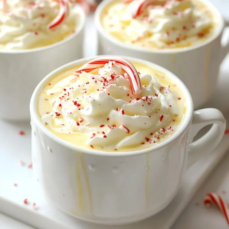 To make Slow Cooker Candy Cane White Hot Chocolate, you need the following items: - 4 cups milk (any variety you prefer) - 1 cup heavy cream - 12 oz white chocolate chips - 1 teaspoon pure vanilla extract - 1/2 teaspoon peppermint extract - 2 candy canes, crushed (reserve some for garnish) - Whipped cream for a delightful topping These ingredients create a rich and creamy drink. The milk and heavy cream form a perfect base. White chocolate chips melt beautifully, adding sweetness. Vanilla and peppermint extracts enhance the flavor, giving it a festive touch. The crushed candy canes add a delightful crunch and minty taste. Finally, whipped cream makes the drink feel special. You can mix and match milk types. Use whole, almond, or oat milk for unique flavors. This recipe is flexible and allows for creativity. Keep some crushed candy canes aside for a stunning garnish. This way, each cup looks festive and inviting. Enjoy this cozy hot chocolate with friends and family. {{ingredient_image_2}} Start by pouring 4 cups of milk and 1 cup of heavy cream into your slow cooker. You can use any milk you like. Whole milk gives a rich taste, while almond milk offers a lighter option. Stir gently to mix them well. Next, add 12 oz of white chocolate chips to your creamy mix. Then, pour in 1 teaspoon of pure vanilla extract and 1/2 teaspoon of peppermint extract. Stir lightly until the chocolate chips begin to soften. This will give your drink a smooth, sweet base. Cover the slow cooker and set it on low heat. Let it cook for about 2 to 3 hours. Stir every 30 minutes to keep it creamy. Check if the chocolate has melted completely. It should look silky and smooth. Once ready, add 2 crushed candy canes to the hot chocolate. Stir well to spread the minty flavor throughout. Taste your creation and adjust the mint if you want it stronger. Use a ladle to pour the hot chocolate into festive mugs. Top each mug with whipped cream and sprinkle more crushed candy canes on top for a fun twist. Enjoy your cozy drink! To make your hot chocolate extra creamy, use whole milk. It gives a rich taste. Adding heavy cream boosts the creaminess even more. Mix both well in the slow cooker. Stir gently when adding white chocolate chips. This helps them melt smoothly. Keep the heat on low. This way, you avoid scorching the milk. Stir every so often to keep it silky. Peppermint extract can be strong. Start with half a teaspoon. Taste the hot chocolate after mixing in the crushed candy canes. If you want more minty flavor, add a few drops more. Always remember to stir after each addition. This ensures the mint flavor spreads evenly. Pour the hot chocolate into festive mugs. Top each one with a big swirl of whipped cream. Sprinkle extra crushed candy canes on top for color. You can also use a small candy cane as a stirrer. For an extra touch, dust cocoa powder over the whipped cream. These little details make it feel special and fun! Pro Tips Use High-Quality Chocolate: Choosing premium white chocolate chips will enhance the richness and creaminess of your hot chocolate, making it more indulgent. Adjust Sweetness: Taste the mixture before serving and add more crushed candy canes or sugar if you prefer a sweeter drink. Keep It Warm: If you're serving this drink at a gathering, keep the slow cooker on the warm setting to maintain the perfect temperature for your guests. Garnish Creatively: In addition to crushed candy canes, consider adding chocolate shavings or a drizzle of chocolate syrup on top of the whipped cream for an extra festive touch. {{image_4}} You can make this hot chocolate dairy-free easily. Use almond milk or oat milk instead of regular milk. For the cream, coconut cream works great. It adds a rich flavor without dairy. This way, everyone can enjoy the treat! Want to spice things up? Try adding a pinch of cinnamon or nutmeg. These spices bring warmth to the drink. You can also add a dash of cayenne for a kick! Don’t forget to taste as you mix. This way, you can find your perfect blend. Toppings make your hot chocolate even better. Besides whipped cream, consider using marshmallows or chocolate shavings. You could also drizzle chocolate syrup on top for extra sweetness. Finally, add a few sprinkles or crushed nuts for fun. Each topping adds a new layer of joy! To store leftover hot chocolate, pour it into an airtight container. Make sure it cools to room temperature first. Seal the lid tightly and place it in the fridge. This drink stays good for about 3 to 4 days. Always label your container with the date, so you know when to use it. When you're ready to enjoy it again, pour the hot chocolate into a pot. Heat it slowly over low heat. Stir it often to help it warm evenly. You can also use a microwave. In that case, heat it in 30-second bursts. Stir after each burst until it's hot. You can freeze leftover hot chocolate too! Pour it into ice cube trays for easy portions. Once frozen, transfer the cubes to a freezer bag. This way, you can use them later. When you want some, just thaw a few cubes in the fridge. Then reheat as usual for a quick treat. Yes, you can use regular chocolate. Dark or milk chocolate will work well. Just make sure to adjust the sweetness. Dark chocolate adds a rich flavor, while milk chocolate is sweeter. Both options will change the drink's look and taste. You can make this on the stove. Start by heating the milk and cream in a pot. Stir gently until warm. Add the white chocolate chips and extracts. Mix until the chocolate melts completely. Then add the crushed candy canes. Serve warm with whipped cream. To cut down on sweetness, reduce the white chocolate chips. You can use only 8 oz instead of 12 oz. You can also add more milk or cream to balance the sweetness. For a more minty taste, increase the peppermint extract. This hot chocolate lasts about 3 to 4 days in the fridge. Make sure to store it in an airtight container. When ready to enjoy, reheat gently on the stove or in the microwave. Stir well before serving to mix any settled ingredients. This blog post shared a simple, delicious hot chocolate recipe. We covered the key ingredients, step-by-step instructions, and helpful tips. You can try different flavors and even make a dairy-free version. Remember to store any leftovers properly for future enjoyment. Hot chocolate is a warm treat that brings joy, especially on chilly days. Use this knowledge to impress family and friends with your tasty creations. Enjoy every sip!