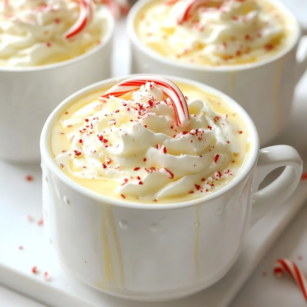 To make Slow Cooker Candy Cane White Hot Chocolate, you need the following items: - 4 cups milk (any variety you prefer) - 1 cup heavy cream - 12 oz white chocolate chips - 1 teaspoon pure vanilla extract - 1/2 teaspoon peppermint extract - 2 candy canes, crushed (reserve some for garnish) - Whipped cream for a delightful topping These ingredients create a rich and creamy drink. The milk and heavy cream form a perfect base. White chocolate chips melt beautifully, adding sweetness. Vanilla and peppermint extracts enhance the flavor, giving it a festive touch. The crushed candy canes add a delightful crunch and minty taste. Finally, whipped cream makes the drink feel special. You can mix and match milk types. Use whole, almond, or oat milk for unique flavors. This recipe is flexible and allows for creativity. Keep some crushed candy canes aside for a stunning garnish. This way, each cup looks festive and inviting. Enjoy this cozy hot chocolate with friends and family. {{ingredient_image_2}} Start by pouring 4 cups of milk and 1 cup of heavy cream into your slow cooker. You can use any milk you like. Whole milk gives a rich taste, while almond milk offers a lighter option. Stir gently to mix them well. Next, add 12 oz of white chocolate chips to your creamy mix. Then, pour in 1 teaspoon of pure vanilla extract and 1/2 teaspoon of peppermint extract. Stir lightly until the chocolate chips begin to soften. This will give your drink a smooth, sweet base. Cover the slow cooker and set it on low heat. Let it cook for about 2 to 3 hours. Stir every 30 minutes to keep it creamy. Check if the chocolate has melted completely. It should look silky and smooth. Once ready, add 2 crushed candy canes to the hot chocolate. Stir well to spread the minty flavor throughout. Taste your creation and adjust the mint if you want it stronger. Use a ladle to pour the hot chocolate into festive mugs. Top each mug with whipped cream and sprinkle more crushed candy canes on top for a fun twist. Enjoy your cozy drink! To make your hot chocolate extra creamy, use whole milk. It gives a rich taste. Adding heavy cream boosts the creaminess even more. Mix both well in the slow cooker. Stir gently when adding white chocolate chips. This helps them melt smoothly. Keep the heat on low. This way, you avoid scorching the milk. Stir every so often to keep it silky. Peppermint extract can be strong. Start with half a teaspoon. Taste the hot chocolate after mixing in the crushed candy canes. If you want more minty flavor, add a few drops more. Always remember to stir after each addition. This ensures the mint flavor spreads evenly. Pour the hot chocolate into festive mugs. Top each one with a big swirl of whipped cream. Sprinkle extra crushed candy canes on top for color. You can also use a small candy cane as a stirrer. For an extra touch, dust cocoa powder over the whipped cream. These little details make it feel special and fun! Pro Tips Use High-Quality Chocolate: Choosing premium white chocolate chips will enhance the richness and creaminess of your hot chocolate, making it more indulgent. Adjust Sweetness: Taste the mixture before serving and add more crushed candy canes or sugar if you prefer a sweeter drink. Keep It Warm: If you're serving this drink at a gathering, keep the slow cooker on the warm setting to maintain the perfect temperature for your guests. Garnish Creatively: In addition to crushed candy canes, consider adding chocolate shavings or a drizzle of chocolate syrup on top of the whipped cream for an extra festive touch. {{image_4}} You can make this hot chocolate dairy-free easily. Use almond milk or oat milk instead of regular milk. For the cream, coconut cream works great. It adds a rich flavor without dairy. This way, everyone can enjoy the treat! Want to spice things up? Try adding a pinch of cinnamon or nutmeg. These spices bring warmth to the drink. You can also add a dash of cayenne for a kick! Don’t forget to taste as you mix. This way, you can find your perfect blend. Toppings make your hot chocolate even better. Besides whipped cream, consider using marshmallows or chocolate shavings. You could also drizzle chocolate syrup on top for extra sweetness. Finally, add a few sprinkles or crushed nuts for fun. Each topping adds a new layer of joy! To store leftover hot chocolate, pour it into an airtight container. Make sure it cools to room temperature first. Seal the lid tightly and place it in the fridge. This drink stays good for about 3 to 4 days. Always label your container with the date, so you know when to use it. When you're ready to enjoy it again, pour the hot chocolate into a pot. Heat it slowly over low heat. Stir it often to help it warm evenly. You can also use a microwave. In that case, heat it in 30-second bursts. Stir after each burst until it's hot. You can freeze leftover hot chocolate too! Pour it into ice cube trays for easy portions. Once frozen, transfer the cubes to a freezer bag. This way, you can use them later. When you want some, just thaw a few cubes in the fridge. Then reheat as usual for a quick treat. Yes, you can use regular chocolate. Dark or milk chocolate will work well. Just make sure to adjust the sweetness. Dark chocolate adds a rich flavor, while milk chocolate is sweeter. Both options will change the drink's look and taste. You can make this on the stove. Start by heating the milk and cream in a pot. Stir gently until warm. Add the white chocolate chips and extracts. Mix until the chocolate melts completely. Then add the crushed candy canes. Serve warm with whipped cream. To cut down on sweetness, reduce the white chocolate chips. You can use only 8 oz instead of 12 oz. You can also add more milk or cream to balance the sweetness. For a more minty taste, increase the peppermint extract. This hot chocolate lasts about 3 to 4 days in the fridge. Make sure to store it in an airtight container. When ready to enjoy, reheat gently on the stove or in the microwave. Stir well before serving to mix any settled ingredients. This blog post shared a simple, delicious hot chocolate recipe. We covered the key ingredients, step-by-step instructions, and helpful tips. You can try different flavors and even make a dairy-free version. Remember to store any leftovers properly for future enjoyment. Hot chocolate is a warm treat that brings joy, especially on chilly days. Use this knowledge to impress family and friends with your tasty creations. Enjoy every sip!