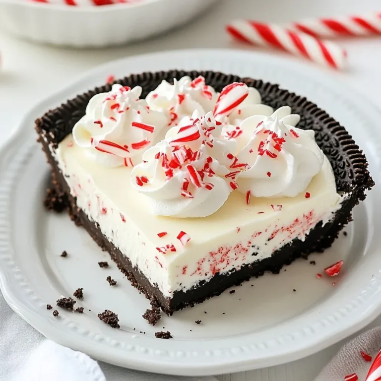 - 24 Oreo cookies, crushed - 4 tablespoons unsalted butter, melted - 8 oz cream cheese, softened at room temperature - 1 cup powdered sugar - 1 teaspoon peppermint extract - 2 cups whipped cream (store-bought or homemade) - Chocolate shavings or crushed candy canes, for garnish Creating this No-Bake Peppermint Oreo Pie starts with the right ingredients. Each one plays a key role in making this dessert a hit. First, you need 24 Oreo cookies. Crush them into fine crumbs. This will be the base of your pie. Next, melt 4 tablespoons of unsalted butter. Mix it well with the cookie crumbs for a rich crust. For the filling, get 8 ounces of cream cheese. It should be soft. This helps blend it smoothly. Add 1 cup of powdered sugar to sweeten the mix. The flavor comes from 1 teaspoon of peppermint extract. This will give your pie a fresh taste. Finally, you need 2 cups of whipped cream. You can use store-bought or make your own. This adds lightness to the filling. Don't forget the garnish! You can use chocolate shavings or crushed candy canes. They add a festive touch and extra crunch. With these ingredients, you're ready to start building your pie! {{ingredient_image_2}} To start, grab 24 Oreo cookies. Crush them into tiny pieces. You can use a food processor or place them in a bag and crush them with a rolling pin. In a bowl, mix the crushed cookies with 4 tablespoons of melted unsalted butter. Stir well until all crumbs are coated. This step gives the crust a rich flavor. Next, take the Oreo mixture and press it into a 9-inch pie pan. Use your fingers or the back of a measuring cup to create an even layer. Make sure to pack it tightly for a strong crust. Place the crust in the refrigerator for 15 minutes to let it firm up. Now it’s time to make the filling. In a large bowl, combine 8 ounces of softened cream cheese, 1 cup of powdered sugar, and 1 teaspoon of peppermint extract. Use an electric mixer on medium speed. Beat the mixture until it becomes smooth and creamy. Make sure there are no lumps for the best texture. After mixing, gently fold in 2 cups of whipped cream. Use a spatula and be careful not to deflate the whipped cream. This keeps the filling light and fluffy. Once your filling is ready, take the chilled crust from the fridge. Pour the peppermint filling into the crust. Use a spatula to smooth the top, making it even. Now, cover the pie with plastic wrap or aluminum foil. Place it in the refrigerator for at least 4 hours. This chilling time helps the pie set and become firm. - Achieving the right consistency for the filling: Start with softened cream cheese. This helps mix smoothly with the sugar and peppermint. Beat until creamy with no lumps. The filling should be thick yet light. - Best practices for folding in whipped cream: Use a spatula to fold in the whipped cream. Start by adding a small amount to lighten the cream cheese mix. Gently fold until well combined. Avoid stirring too hard to keep the fluffy texture. - Ensuring a sturdy crust: Make sure to mix the crushed Oreos with melted butter well. Press the mixture firmly into the pie pan. A compact crust will hold its shape better after the pie sets. - Creative serving ideas: Serve each slice on a festive plate. Add a dollop of whipped cream on the side. You can also sprinkle crushed candy canes on top for extra color and flavor. - Ideal accompaniments for the pie: Pair the pie with a warm cup of hot chocolate. You can also serve it with coffee for a delightful balance of flavors. Pro Tips Chill the Mixing Bowl: Before mixing the cream cheese filling, chill your mixing bowl in the refrigerator for about 15 minutes. This will help keep the filling cool and maintain a fluffy texture when you fold in the whipped cream. Use Double Stuff Oreos: For an even richer crust, consider using Double Stuff Oreos. The extra cream filling will enhance the flavor and create a more indulgent pie. Experiment with Flavors: While peppermint is traditional, you can experiment with other extracts like vanilla or almond to give the pie a unique twist. Just adjust the amount to taste. Let it Set Overnight: For the best texture, let the pie set in the refrigerator overnight. This allows the flavors to meld beautifully and results in a firmer filling. {{image_4}} You can still enjoy this pie even if you have dietary needs. For a dairy-free option, look for dairy-free cream cheese. Brands like Tofutti or Kite Hill work well. You can also use coconut cream as a tasty substitute. It offers a rich texture and flavor. If you need an alternative for whipped cream, try coconut whipped cream. It adds a nice sweetness and pairs well with peppermint. You can also use a non-dairy whipped topping found in stores. Want to change up the flavor? You can add chocolate or vanilla extracts for a twist. A teaspoon of vanilla gives a warm taste, while chocolate extract adds depth. Both will enhance your pie’s flavor. Experimenting with different cookie crusts is fun too. Instead of Oreos, try using chocolate graham crackers or gingersnap cookies. Each choice brings a unique taste and texture to your pie. You should store your No-Bake Peppermint Oreo Pie in the fridge. Keep it in an airtight container to prevent it from drying out. If you do not have a container, cover it well with plastic wrap or aluminum foil. This will help keep it fresh and tasty. It can last up to 5 days in the fridge. Enjoying it within this time ensures the pie stays creamy and delicious. To freeze the pie for long-term storage, wait until it is fully set. Wrap the pie tightly in plastic wrap and then in aluminum foil. This double wrap protects it from freezer burn. The pie can stay frozen for up to 2 months. When you are ready to eat it, move the pie to the fridge. Let it thaw overnight for the best texture. Avoid thawing it at room temperature, as this can make it too soft. Enjoy your pie just like fresh! Can I use gluten-free Oreos? Yes, you can use gluten-free Oreos for this pie. They taste great! Just crush them as you would regular Oreos. This option makes the pie safe for those with gluten allergies. How long can the pie be stored in the refrigerator? The pie can stay fresh in the fridge for up to five days. Just make sure to cover it well. This keeps the flavors intact and prevents it from drying out. Can I make this pie in advance for a party? Absolutely! This pie is perfect for making ahead. You can prepare it a day or two before your event. Just chill it in the fridge until you are ready to serve. This makes your party prep much easier! You now know how to make a no-bake peppermint Oreo pie. We discussed the key ingredients, from Oreo cookies to whipped cream. I shared simple steps, like making the crust and mixing the filling. With tips on texture, serving ideas, and variations, you can customize this dessert. Finally, I covered storage methods to keep your pie fresh. This treat is easy, fun, and sure to impress at any gathering. Enjoy your baking adventure!