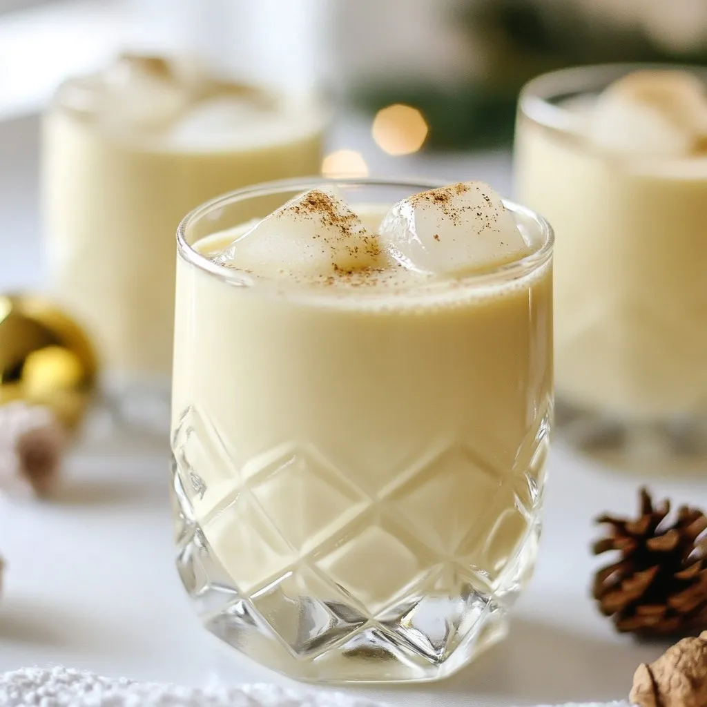 - 2 cups whole milk - 1 cup heavy cream - 1/2 cup powdered sugar - 1 teaspoon vanilla extract - 1 teaspoon ground nutmeg (plus extra for garnish) - 4 large eggs - 1/4 cup almond extract - Ice cubes (for serving) To make a creamy Eggnog Brandy Alexander, use the following measurements: - Combine 2 cups of whole milk with 1 cup of heavy cream. - Mix in 1/2 cup of powdered sugar. - Add 1 teaspoon each of vanilla and ground nutmeg. - Use 4 large eggs for richness. - Finally, include 1/4 cup of almond extract for flavor. - Ice cubes are optional but enhance the drink's chill. You can swap ingredients if needed: - Use low-fat milk instead of whole milk for a lighter drink. - Heavy cream can be replaced with coconut cream for a non-dairy option. - For sweetness, try honey or maple syrup in place of powdered sugar. - If you don’t have almond extract, vanilla extract works too. - For a warm drink, skip the ice cubes and serve it hot instead. These ingredients create a rich and creamy drink that is perfect for the holidays! {{ingredient_image_2}} Making Eggnog Brandy Alexander is fun and easy. You can prepare it in just a few steps. This drink is creamy and full of flavor. You will need a few basic tools: a saucepan, a mixing bowl, and a whisk. Let’s get started! 1. Combine Milk and Cream: In a medium-sized saucepan, pour in 2 cups of whole milk and 1 cup of heavy cream. Heat it over medium heat. Stir occasionally until it's warm, but do not let it boil. This keeps your drink creamy. 2. Mix Eggs and Sugar: In a separate bowl, crack 4 large eggs and add 1/2 cup of powdered sugar. Whisk them until the mixture is smooth and frothy. This adds air to make it light. 3. Temper the Eggs: To prevent the eggs from cooking, slowly add a few tablespoons of the warm milk mixture to the egg-sugar blend. Keep whisking to make it smooth. 4. Combine Mixtures: Once the egg mixture is ready, pour it back into the saucepan with the rest of the warm milk and cream. Stir continuously over low heat for about 5-7 minutes. You want the mixture to thicken slightly. 5. Add Flavor: When it thickens, remove the saucepan from heat. Stir in 1 teaspoon of vanilla extract, 1 teaspoon of ground nutmeg, and 1/4 cup of almond extract. Mix well to combine all the flavors. 6. Cool Down: Let the mixture cool to room temperature. Then, place it in the refrigerator. Chill for at least 2 hours to let the flavors blend. 7. Serve: When ready to serve, fill a glass with ice cubes. Pour the chilled mixture over the ice. 8. Garnish: Top your drink with a sprinkle of freshly grated nutmeg. This adds a lovely aroma and makes it look pretty! - Heat Control: Always keep the heat low when cooking. High heat can scramble the eggs. - Whisking: Whisking well helps create a light and frothy texture. Don't skip this step! - Chill Time: Allow enough time for chilling. The longer it sits, the better the flavors become. To get the best texture and flavor in your Eggnog Brandy Alexander, follow these tips: - Use whole milk and heavy cream for richness. - Warm the milk mixture gently. Avoid boiling it. - Whisk the eggs and sugar until frothy. This adds air for a light drink. - Temper the eggs slowly. This keeps them from scrambling. - Chill the mixture well. This helps the flavors blend nicely. Here are some common mistakes you should watch out for: - Boiling the milk and cream can ruin the texture. Always use medium heat. - Skipping the tempering step can lead to scrambled eggs. Take your time here. - Not chilling the mixture long enough can affect flavor. Give it at least two hours. - Forgetting to garnish can make it less appealing. A sprinkle of nutmeg makes a big difference. Presentation matters, especially during the holidays. Here are some garnishing ideas: - Use clear glasses to show off the creamy texture. - Add a sprinkle of freshly grated nutmeg on top for aroma. - A cinnamon stick in each glass adds spice and looks great. - Consider adding a thin slice of orange for a pop of color and flavor. These tips will help you create a delicious and visually stunning Eggnog Brandy Alexander. Enjoy making this holiday treat! Pro Tips Temperature Matters: Ensure that the milk and cream mixture is warm but not boiling. This will help maintain the creamy texture and prevent the eggs from scrambling when combined. Egg Tempering Technique: Gradually adding warm milk to the egg mixture while whisking helps to temper the eggs, preventing them from cooking too quickly. This step is crucial for a smooth final product. Chill Time: Allow the mixture to cool to room temperature before refrigerating. This enhances the flavors as they meld together, resulting in a more delicious drink. Garnish Wisely: A sprinkle of freshly grated nutmeg not only adds a beautiful finish but also enhances the aromatic experience of your creamy drink. Consider adding a cinnamon stick for an extra touch! {{image_4}} The classic Eggnog Brandy Alexander is rich and creamy. It has a smooth taste that many love. To spice things up, add cinnamon or cloves. These spices give it warmth and depth. You can also use spiced rum instead of brandy. This change creates a fun twist that many enjoy during the holidays. If you want a non-dairy version, don’t worry! You can swap the whole milk and cream for almond milk or coconut milk. Use full-fat coconut milk for creaminess. This keeps the drink rich without dairy. Choose a sweetener like maple syrup instead of powdered sugar. This adds a nice flavor while keeping it dairy-free. Fruit can add a fresh twist to your Eggnog Brandy Alexander. Try adding pureed fruits like peaches or cherries. These give your drink a fruity kick. You can even muddle some berries in the glass before pouring. This adds sweetness and color. Remember to garnish with fruit slices for a lovely look. Make your drink unique and fun! To store your Eggnog Brandy Alexander, place it in an airtight container. A glass jar works great for this. Make sure to seal it tightly to keep out air. This helps keep the flavor fresh. Store the eggnog in the fridge. It should be kept cold until you are ready to serve. Your eggnog will last about 3 to 5 days in the fridge. Always check for any off smells or changes in texture before drinking. If it looks or smells strange, it’s best to toss it. Remember, the eggs in your eggnog make it more perishable. Always keep it cold, and don’t leave it out for long. If you want to keep it longer, you can freeze the eggnog. Pour it into a freezer-safe container, leaving some space at the top. Liquids expand when frozen. It can last up to 6 months in the freezer. To use, thaw it overnight in the fridge. Give it a good stir before serving to mix any separated parts. Eggnog Brandy Alexander is a festive drink. It mixes creamy eggnog with brandy. This drink is perfect for holiday gatherings. The rich flavors make it feel warm and cozy. It has a hint of nutmeg and sweetness. You can easily impress your guests with this drink. Yes, you can make it without eggs. Use a vegan eggnog instead. Many brands offer a tasty egg-free version. You can also blend non-dairy milk with nutmeg and vanilla. This will keep the creamy texture. Serve Eggnog Brandy Alexander in tall, clear glasses. This shows off the creamy texture. Add ice cubes for a refreshing touch. Top each glass with fresh nutmeg for aroma. A cinnamon stick also adds charm. Enjoy this drink cold for the best experience! This post explored the delicious world of Eggnog Brandy Alexander. We covered all the key ingredients and their measurements, along with substitutions. I shared step-by-step cooking instructions and helpful tips for great texture. You learned about variations, storage methods, and answered common questions. Now, you can confidently make your own Eggnog Brandy Alexander. Enjoy the rich flavors and make it your own!