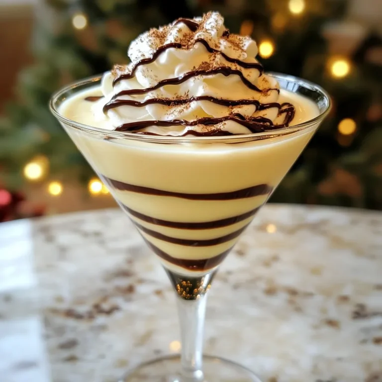 To make this tasty drink, gather these key ingredients: - 1 cup eggnog (store-bought or homemade) - 2 tablespoons chocolate syrup, plus extra for drizzling - 1 tablespoon unsweetened cocoa powder - 1 teaspoon pure vanilla extract - Ice cubes These ingredients blend well to create a rich and creamy cocktail. The eggnog forms the base, while the chocolate syrup and cocoa add a sweet twist. The vanilla extract enhances the flavors nicely. You can make your martini even more special with these garnishes: - 1 tablespoon whipped cream (for garnish) - Freshly grated nutmeg or ground cinnamon (for garnish) Whipped cream gives a soft topping. The nutmeg or cinnamon adds warmth and spice, making your drink look and taste festive. To prepare your Minute Chocolate Eggnog Martini, you'll need: - A cocktail shaker - A martini glass - A strainer (if your shaker does not have one) These tools help you mix and serve your drink easily. The shaker ensures your cocktail is cold and well-blended, while the martini glass presents it beautifully. {{ingredient_image_2}} To start, grab your cocktail shaker. Add 1 cup of eggnog. Next, pour in 2 tablespoons of chocolate syrup. Then, add 1 tablespoon of unsweetened cocoa powder. Follow that with 1 teaspoon of pure vanilla extract. Toss in a handful of ice cubes. This mix creates a rich, chocolatey base. Now, secure the lid on your shaker. Shake it hard for about 30 seconds. You want it to mix well and chill nicely. Once done, grab a pre-chilled martini glass. Carefully strain the mixture into the glass. Leave some space at the top for the garnish. For a fun touch, drizzle some chocolate syrup along the inner rim of the glass. This looks great as it drips down. Now, add a dollop of whipped cream on top. To finish, lightly sprinkle freshly grated nutmeg or ground cinnamon. This adds a nice aroma and visual flair. Enjoy your tasty treat! To make the best Minute Chocolate Eggnog Martini, use cold eggnog. This keeps your drink refreshing. Shake your cocktail shaker well. A good shake mixes the ingredients and cools the drink fast. Strain the mix into a chilled glass for a smooth sip. Drizzle chocolate syrup on the rim for a sweet touch. Lastly, don’t skip the whipped cream. It adds a creamy layer that makes every sip special. If you want to make your own eggnog, it’s simple! Use eggs, sugar, and milk. You can add cream for richness. Whisk everything well and chill it. If you want a twist, try coconut milk or almond milk. These options keep the drink smooth while adding new flavors. If you lack time, store-bought eggnog works great too. Just check the label for quality. To make your martini stand out, think about extras. A pinch of cinnamon or nutmeg adds warmth. You can also mix in a splash of coffee liqueur for depth. Want a fun twist? Add peppermint syrup for a seasonal flair. If you like it sweeter, add more chocolate syrup. Experiment with flavors to find your favorite combo! Each twist makes the drink yours. Pro Tips Use High-Quality Eggnog: For the best flavor, choose a premium eggnog brand or make your own at home. Fresh, homemade eggnog enhances the overall taste of your martini. Chill Your Glass: Pre-chilling your martini glass helps keep your drink cold longer. Simply place the glass in the freezer for a few minutes before serving. Experiment with Garnishes: While whipped cream and nutmeg are classic, feel free to experiment with other garnishes like crushed peppermint or chocolate shavings for a unique twist. Adjust Sweetness to Taste: Depending on your preference, you can adjust the amount of chocolate syrup. Start with less and add more if you like it sweeter. {{image_4}} You can change up your chocolate eggnog martini by using different spirits. Here are a few options: - Rum: Dark rum adds warmth and depth. - Vodka: Use vanilla vodka for a smooth taste. - Bourbon: It brings a rich, smoky flavor. - Irish Cream: This adds a creamy, sweet touch. Mix and match to find your favorite blend! You can enjoy this drink even if you're dairy-free or vegan. Swap out regular eggnog for plant-based options. Here are some ideas: - Almond Milk Eggnog: Light and nutty flavor. - Coconut Milk Eggnog: Adds a tropical twist. - Soy Eggnog: Creamy and delicious. Use vegan whipped cream for garnish. This drink stays tasty and festive! Make your chocolate eggnog martini unique with seasonal flavors. Here are a few fun twists: - Pumpkin Spice: Add pumpkin spice to the mix for fall vibes. - Peppermint: Use peppermint extract for a minty holiday treat. - Maple: Swap chocolate syrup for maple syrup for a sweet hint. These variations keep your drink fresh and exciting all year round! Store leftover eggnog in a sealed container. Keep it in the fridge. Use it within five days for the best taste. If you have extra chocolate syrup or cocoa powder, store them in a cool, dry place. They last a long time if kept sealed. If you have leftover cocktail mixture, you can save it. Store it in the fridge for one day. Shake it well before using again. The flavors may blend nicely overnight. Just remember to use fresh ice each time you serve. For easy serving, you can pre-make the drink. Mix the eggnog, chocolate syrup, cocoa powder, and vanilla. Store this mix in the fridge for up to 24 hours. When ready to serve, shake it with ice and strain it into your glass. This saves time and keeps the drink fresh. Yes, you can prepare the eggnog mixture ahead of time. Mix the eggnog, chocolate syrup, cocoa powder, and vanilla extract together. Store this blend in the fridge. When ready to serve, pour over ice and shake. This keeps the drink cold and fresh. Rum, bourbon, and brandy are great choices. Rum adds a sweet touch. Bourbon brings a warm flavor. Brandy offers a smooth finish. You can mix and match to find your favorite taste. To change the sweetness, add more or less chocolate syrup. If it’s too sweet, consider using less syrup. You can also add a splash of milk or cream to mellow the taste. Always taste your drink before serving. Adjust until it’s just right. This blog post covered everything you need to know about making a Chocolate Eggnog Martini. We explored the key ingredients, tips for perfecting your drink, and fun variations. You learned how to garnish and store your cocktails. Overall, this drink is a fun twist on tradition. Enjoy the process and get creative with flavors. Whether you share it at a party or savor it alone, a well-made Chocolate Eggnog Martini can bring joy to the season.