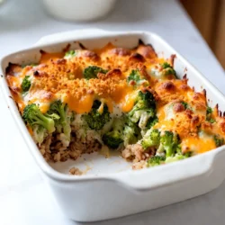 To create a tasty Cheesy Broccoli Rice Casserole, gather the following ingredients: - 2 cups cooked brown rice - 3 cups fresh broccoli florets - 1 cup shredded sharp cheddar cheese - 1 cup cream of mushroom soup - &frac12; cup milk - 1 cup grated Parmesan cheese - 1 teaspoon garlic powder - 1 teaspoon onion powder - &frac12; teaspoon freshly ground black pepper - &frac12; teaspoon kosher salt - 1 cup breadcrumbs - 2 tablespoons extra virgin olive oil This list gives you everything you need for the dish. Using fresh broccoli adds a nice crunch. Sharp cheddar cheese gives the casserole a rich flavor. Cream of mushroom soup adds creaminess and depth. The breadcrumbs on top create a nice golden crust. Each ingredient plays a role in making this dish comforting and delicious. When you mix them together, you will create a meal that is perfect for any gathering or family dinner. {{ingredient_image_2}} First, preheat your oven to 350&deg;F (175&deg;C). Preheating helps cook the dish evenly. A hot oven ensures your casserole gets that perfect golden crust. While the oven warms, grease a 9x13 inch baking dish. This step stops the casserole from sticking. Next, bring a large pot of salted water to a boil. Add fresh broccoli florets and blanch for 2-3 minutes. You want them bright green and tender-crisp. Quickly drain the broccoli and plunge it into a bowl of ice water. This shocks the broccoli, stopping the cooking. Once cool, drain it well and set it aside. In a large mixing bowl, combine 2 cups of cooked brown rice, 1 cup of cream of mushroom soup, and &frac12; cup of milk. Add 1 teaspoon of garlic powder, 1 teaspoon of onion powder, &frac12; teaspoon of black pepper, and &frac12; teaspoon of kosher salt. Mix well until everything blends into a creamy texture. Gently fold in the blanched broccoli and 1 cup of shredded sharp cheddar cheese. This step is key. You want the broccoli to stay whole. Make sure the cheese is evenly spread throughout the rice mixture for great flavor. Now, transfer the creamy mixture into your greased baking dish. Spread it out evenly to create a smooth layer. This ensures even cooking and helps it bake nicely. In a small bowl, mix 1 cup of breadcrumbs with 2 tablespoons of extra virgin olive oil. Stir until the crumbs are well coated. Sprinkle this breadcrumb mix evenly over the top of the casserole. Finish with the remaining cheddar cheese and 1 cup of grated Parmesan cheese for an extra cheesy crust. Slide the casserole into your preheated oven and bake for 25-30 minutes. Look for a bubbly center and a golden-brown crust on top. This tells you it&rsquo;s done. Once it&rsquo;s ready, let it cool for a few minutes before serving. This helps the flavors meld beautifully. To make your casserole creamy, use a mix of cream of mushroom soup and milk. This mix gives you a rich base. Choose sharp cheddar cheese for a bold flavor. It melts beautifully and adds a nice tang. Mixing in Parmesan cheese also boosts the taste, creating a cheesy delight. One mistake is overcooking the broccoli. This can make it mushy and lose its bright color. Blanch it for just 2-3 minutes, then shock it in ice water to keep it crisp. Another mistake is skipping the cooling period. Letting the casserole sit for a few minutes helps the flavors blend and makes serving easier. For a nice finish, sprinkle fresh herbs like parsley or chives on top. This adds color and freshness. Pair your casserole with a side salad or roasted veggies. This combo makes the meal more balanced and tasty. Pro Tips Tip Title: Use Fresh Ingredients: Always opt for fresh broccoli for the best flavor and texture. Fresh ingredients elevate the dish and enhance the overall taste. Tip Title: Customize Your Cheese: Feel free to mix different types of cheese such as mozzarella or gouda for a unique flavor profile. Experimenting with cheese can give a delightful twist to the casserole. Tip Title: Make It Ahead: This casserole can be assembled a day in advance. Just cover it tightly and refrigerate. Bake it fresh the next day for a hassle-free meal. Tip Title: Perfect the Topping: For an extra crispy topping, broil the casserole for the last 2-3 minutes of baking. Keep a close eye to prevent burning. {{image_4}} You can switch the cream of mushroom soup with cream of chicken soup. This adds a nice flavor. If you prefer a dairy-free option, use coconut cream or cashew cream. You can also try a vegan cream soup. Want to make it heartier? Add cooked chicken or tofu. They mix well with the rice and broccoli. You can also add spices. Try paprika or cayenne for some heat. Other veggies like carrots or peas can add color and taste, too. This casserole pairs well with a fresh salad or roasted veggies. They balance the richness of the dish. If you have leftovers, consider making a wrap or a bowl. Just heat it up and enjoy a new meal! To keep your cheesy broccoli rice casserole fresh, follow these steps: - Refrigeration: Let the casserole cool to room temperature. Cover it tightly with plastic wrap or aluminum foil. Store it in the fridge for up to three days. - Freezing: If you want to freeze it, cut the casserole into portions. Wrap each piece in plastic wrap, then place them in a freezer-safe bag. It can last up to three months in the freezer. When reheating your casserole, aim to keep the texture just right: - Oven Method: Preheat the oven to 350&deg;F (175&deg;C). Place the casserole in a baking dish and cover it with foil. Bake for about 20 minutes, then remove the foil to crisp the top for 5 more minutes. - Microwave Method: Place a portion on a microwave-safe plate. Heat it for 1-2 minutes, checking to make sure it heats evenly. Knowing how long your casserole lasts is key: - Refrigerator: It stays good for about three days. - Freezer: In the freezer, it lasts for up to three months. - Signs of Spoilage: Look for odd smells, mold, or changes in texture. If any of these appear, it's best to throw it away. Yes, you can make this casserole ahead of time. Prepare the dish up to the baking step. Cover it tightly and store it in the fridge for one day. When you're ready, bake it straight from the fridge. You may need to add a few extra minutes to the baking time. This option saves time on busy days. You can use white rice instead of brown rice. Cooked quinoa is also a great choice. If you prefer, you can try cauliflower rice for a low-carb option. Each substitute will change the texture slightly, but they all work well in this dish. To make this casserole gluten-free, choose gluten-free breadcrumbs. Also, ensure the cream of mushroom soup is gluten-free. You can make your own with mushrooms, broth, and gluten-free flour if needed. This way, everyone can enjoy it without worry. Yes, you can add heat to this casserole. Try mixing in some red pepper flakes or diced jalape&ntilde;os. You can also add a dash of hot sauce to the rice mixture. Adjust the amount to match your taste for spice. This casserole pairs well with a simple green salad. Roasted vegetables like carrots and bell peppers are also nice. If you want more protein, serve it with grilled chicken or fish. These sides balance the creamy casserole and make a complete meal. This blog post covered a simple yet tasty Cheesy Broccoli Rice Casserole. You learned how to prepare each ingredient and create a creamy, flavorful dish. I shared tips to perfect your casserole, avoided common mistakes, and discussed variations. You can store leftovers for future meals and should know how to reheat them properly. With these steps, you can enjoy this dish anytime. Now, gather your ingredients, follow these steps, and enjoy your tasty creation!