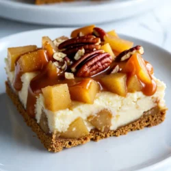 To make these delicious Caramel Apple Cheesecake Bars, you need some key ingredients. Here&rsquo;s the complete list: - 1 &frac12; cups graham cracker crumbs - &frac12; cup unsalted butter, melted - 2 tablespoons granulated sugar - 2 (8 oz) packages cream cheese, softened - 1 cup powdered sugar - 1 teaspoon vanilla extract - 3 large eggs, at room temperature - 2 medium apples, peeled and diced (I love using Granny Smith for their tartness) - 1 teaspoon ground cinnamon - &frac12; cup caramel sauce (store-bought or homemade) - Chopped pecans or walnuts for topping (optional) These ingredients work together to create a creamy cheesecake mixed with sweet apples and rich caramel. The graham cracker crust gives a nice crunch. With just the right balance of flavors, this dessert is a hit at any gathering. Enjoy the process of gathering everything; it&rsquo;s part of the fun! {{ingredient_image_2}} - Preheat oven to 325&deg;F (160&deg;C). - Grease and line a 9x9 inch baking pan with parchment paper. - In a bowl, combine 1 &frac12; cups graham cracker crumbs, &frac12; cup melted butter, and 2 tablespoons granulated sugar. - Mix well until it looks like wet sand. - Press this mixture firmly into the bottom of the prepared pan. - In a large bowl, beat 2 packages of softened cream cheese until it is smooth. - Gradually add 1 cup powdered sugar and 1 teaspoon vanilla extract. - Mix until completely combined. - Add 3 large eggs one by one, making sure each is mixed in well. - Fold in 2 diced medium apples and 1 teaspoon ground cinnamon gently. - Drizzle &frac12; cup caramel sauce over the mixture. - Use a knife to swirl the caramel into the filling for a marbled look. - Place the pan in the preheated oven. - Bake for 35-40 minutes, until the center is set and edges are lightly golden. - Cool at room temperature for 1 hour, then chill in the fridge for at least 3 hours. - Use room temperature ingredients. This helps the cream cheese mix smoothly. - Don&rsquo;t overmix the filling. Overmixing can make the bars dense instead of light. - To cut cheesecake bars effectively, use a sharp knife. Clean the knife between cuts for neat edges. - Garnish with fresh fruit or nuts. Thin apple slices and chopped pecans add nice color and crunch. - Chilling time is key. Let the bars cool at room temperature before chilling. - To check doneness, gently shake the pan. The center should jiggle slightly but not be liquidy. Pro Tips Choose the Right Apples: Use tart apples like Granny Smith for a perfect balance of sweetness and acidity in your cheesecake bars. Room Temperature Ingredients: Make sure your cream cheese and eggs are at room temperature for a smoother cheesecake filling without lumps. Swirl with Care: When swirling the caramel sauce into the cheesecake, use a gentle hand to create a beautiful marbled effect without overmixing. Chill Properly: For the best texture, chill the bars for at least 3 hours or overnight before cutting and serving. {{image_4}} You can switch up the apples in this recipe. Try using Fuji or Honeycrisp apples. These apples add different flavors and sweetness. You can also mix apple types for a unique taste. Don't forget to add spices too. A pinch of nutmeg can bring warmth to the bars. It pairs well with cinnamon. Feel free to experiment with your favorite spices. If you need gluten-free options, you have choices. Use gluten-free graham cracker crumbs for the crust. You can also make a nut-based crust. Combine ground almonds or pecans with butter for a tasty alternative. This crust will still give you that crunchy base. Toppings can make your bars even better. Consider adding a chocolate drizzle on top. Melt some chocolate and pour it over the cooled bars. It adds a rich flavor. You can also serve these bars with whipped cream or ice cream. Both add creaminess and balance the sweetness. Try sprinkling chopped pecans or walnuts on top for a nice crunch. After baking, let the cheesecake bars cool at room temperature for about one hour. This step is key. It helps set the cheesecake without cracking. Once cooled, transfer the pan to the fridge. Chill for at least three hours. For the best results, chill overnight. This lets the flavors meld and improves texture. To store in the fridge, cover the bars tightly with plastic wrap. You can also use an airtight container. This keeps them fresh and prevents drying out. If you want to freeze them, cut the bars into squares first. Wrap each square in plastic wrap, then place them in a freezer-safe bag. They can last in the freezer for up to three months. In the fridge, the cheesecake bars last about five days. Always check for signs of spoilage. Look for any off smells or changes in texture. If you see any mold, it's best to discard them. Trust your senses, and enjoy these delicious treats while they're fresh! Yes, you can make these bars ahead of time. I often prepare them the day before an event. After cooling, chill them for at least three hours. This helps the flavors blend well. If you need a substitute, try using mascarpone or ricotta cheese. These options will keep a creamy texture. Silken tofu is also a great dairy-free choice. It&rsquo;ll provide a smooth filling. Making caramel sauce is easy! You need sugar, butter, and cream. Start by melting sugar in a pan until it turns golden. Then, add butter and cream. Stir well and let it cool. Yes, you can make this dessert dairy-free. Use dairy-free cream cheese and coconut cream in place of regular cream cheese. This will still give you the creamy texture you crave without dairy. Canned apples can work, but fresh apples are better. Fresh apples add crunch and flavor. If using canned apples, drain them well. This prevents excess liquid from making the bars soggy. This cheesecake bar recipe blends cream cheese, apples, and caramel for a delicious treat. You learned how to prepare the crust, mix the filling, and bake it to perfection. I shared tips for texture, variations, and storage. Feel free to experiment with toppings or apple types. Enjoy these bars chilled for a refreshing dessert. Your efforts will impress anyone you share them with!